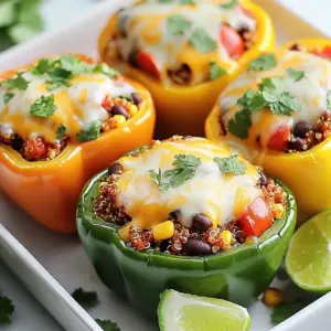 - 4 large bell peppers (red, yellow, or green) - 1 cup quinoa, rinsed - 2 cups vegetable broth - 1 can (15 oz) black beans, drained and rinsed - 1 cup corn, frozen or canned - 1 small red onion, diced - 2 cloves garlic, minced - 1 teaspoon ground cumin - 1 teaspoon chili powder - 1 teaspoon smoked paprika - Salt and pepper to taste - 1 cup diced tomatoes (fresh or canned) - 1/2 cup shredded cheese (cheddar or pepper jack) - Fresh cilantro for garnish - Lime wedges for serving For the best flavor, use fresh vegetables when possible. Fresh tomatoes and frozen corn offer great taste. Canned beans work well and save time. This dish has about 300 calories per serving. It provides around 12 grams of protein and 8 grams of fiber. You get a good mix of nutrients, including vitamin C from the peppers and protein from the quinoa and beans. Each serving packs a healthy punch, making it filling and nutritious. You can swap quinoa with brown rice or farro if you need a different grain. This change can slightly alter the flavor but keeps the dish hearty. For a vegan option, try using plant-based cheese or skip the cheese entirely. Nutritional yeast can be a great cheese substitute and adds a nice flavor. {{ingredient_image_1}} This dish takes about 15 minutes to prep and 35 minutes to cook. You will need to do the following key steps: - Cook the quinoa. - Saut&eacute; the onion and garlic. - Mix the filling ingredients. - Prepare and stuff the peppers. - Bake until hot and cheesy. To cook quinoa, you need 1 cup of rinsed quinoa and 2 cups of vegetable broth. First, combine them in a medium saucepan. Bring to a boil over medium heat. Once it boils, reduce the heat to low and cover the pot. Let it simmer for 15 minutes. After that, remove it from heat and fluff it with a fork. Rinsing quinoa is very important. It removes the bitter coating called saponin. This way, your quinoa tastes better. Saut&eacute;ing the onion and garlic is a must. This step brings out their flavors and makes them soft. Use a skillet over medium heat for this. Add a drizzle of olive oil first. Then add the diced onion. Cook it for about 2 minutes. Once the onion turns clear, add the minced garlic. Cook for another 1-2 minutes. You want both to be tender but not brown. This creates a great base for your filling. To prep the bell peppers, cut the tops off and remove the seeds. If needed, trim the bottoms so they stand upright in the dish. Now, it&rsquo;s time to stuff them! Take the quinoa mixture and fill each pepper generously. Press the mixture down to pack it in tightly. This helps keep everything together while baking. Place the stuffed peppers in a baking dish, standing upright. Cover them with foil and bake at 375&deg;F (190&deg;C) for 25 minutes. Remove the foil, sprinkle shredded cheese on top, and bake for another 10 minutes. This gives the cheese time to melt and bubble. To make the best vegetarian taco stuffed peppers, avoid common mistakes. One big mistake is overcooking the quinoa. Always rinse it well before cooking. This helps remove bitterness. Cook it in vegetable broth for added flavor. Another mistake is not seasoning enough. Use salt and pepper in the filling. Cumin, chili powder, and smoked paprika add depth. Taste your mixture before stuffing the peppers. Adjust spices as needed to suit your taste. For flavor enhancement, add fresh garlic while cooking the onion. Use a little olive oil to saut&eacute; them until soft. This brings out their natural sweetness. You can also mix in some lime juice for a bright kick. Serve your stuffed peppers with tasty sides. A simple green salad pairs well. You can also add some avocado slices for creaminess. Another great option is Mexican rice. It adds substance and complements the flavors. For dips, consider guacamole or salsa. These add freshness and a touch of heat. A zesty corn salsa pairs perfectly too. It can brighten the dish and add a fun crunch. Garnishing makes your dish look special. Fresh cilantro adds a pop of color and flavor. Sprinkle it on top right before serving. For more freshness, add lime wedges to each plate. This allows your guests to squeeze lime juice over their peppers. You can also use slices of jalape&ntilde;o for some heat. This adds a nice visual element. If you want a creamy touch, add a dollop of sour cream or yogurt. It balances the spices and adds richness. Pro Tips Choose Colorful Peppers: Using a mix of red, yellow, and green bell peppers not only adds visual appeal but also enhances the flavor profile. Cook Quinoa Properly: Rinse the quinoa thoroughly before cooking to remove its natural coating, which can make it taste bitter. Spice It Up: Adjust the spices according to your taste. Adding a pinch of cayenne pepper can give your filling an extra kick! Serve with Fresh Ingredients: Garnish your stuffed peppers with fresh cilantro and lime for a burst of freshness that complements the dish perfectly. {{image_2}} You can make these vegetarian taco stuffed peppers even better by adding proteins. Try using cooked lentils or chickpeas for extra texture. You can also mix in diced zucchini or mushrooms for added veggies. For flavor, use different spices like oregano or coriander. A sprinkle of cumin can enhance the taco vibe. To lower fat and calories, swap the cheese for a lower-fat option or skip it altogether. You can also use less oil when saut&eacute;ing the veggies. Instead of baking, try grilling the peppers for a smoky taste. This method cuts down on some calories while keeping all the flavor. Explore fun twists with international flavors. For a Mexican flair, add jalape&ntilde;os or top with salsa. For a Mediterranean touch, use feta cheese and olives. You can even create an Asian fusion by adding soy sauce and ginger. Each variation brings a new taste to the table, making it exciting every time. To keep your vegetarian taco stuffed peppers fresh, store them in airtight containers. This method keeps moisture in and prevents odors from other foods. Place the cooled peppers in the fridge right after serving. Use containers that fit your peppers snugly. This helps prevent them from tipping over. Freezing stuffed peppers is a great way to save extra servings. First, let the peppers cool completely. Wrap each pepper tightly in plastic wrap. Then, place them in a freezer-safe bag or container. Make sure to remove as much air as possible. When you're ready to eat, thaw them overnight in the fridge. Reheat in the oven at 350&deg;F (175&deg;C) for about 20-25 minutes. Stuffed peppers can last in the fridge for about 3 to 5 days. Check for signs of spoilage, such as a sour smell or a change in color. If the peppers feel slimy or mushy, it's best to toss them. Enjoy your delicious meals while they're fresh! You can prepare the filling a day in advance. Cook the quinoa and mix it with the other ingredients. Store the mixture in the fridge. When you are ready to eat, stuff the peppers and bake them. This saves time and makes dinner easy. Yes, feel free to use different peppers! Poblano peppers add a smoky taste. Jalape&ntilde;o peppers bring heat. Each type adds its own flavor. Mixing colors, like orange and yellow, looks great too! Pair these peppers with a fresh salad or rice. Guacamole and salsa also make great sides. Chips can add a nice crunch. Each side enhances the meal and adds variety. Yes, this recipe is gluten-free! Quinoa and vegetables do not contain gluten. Just make sure your broth is also gluten-free. Check labels to be safe. You can make this recipe in advance! Stuff the peppers and store them in the fridge. When ready, bake them for a quick meal. This method is great for busy days. In this blog post, we explored how to make delicious vegetarian taco stuffed peppers. We covered ingredient choices, cooking methods, and tips for enhancing flavor. You learned about nutritional benefits and creative variations to suit your taste. Don&rsquo;t forget to store leftovers properly to keep them fresh! Cooking these stuffed peppers is easy and fun. By following these steps, you&rsquo;ll impress family and friends with a meal that is both healthy and tasty. Enjoy the journey of trying new flavors while making a dish everyone will love!