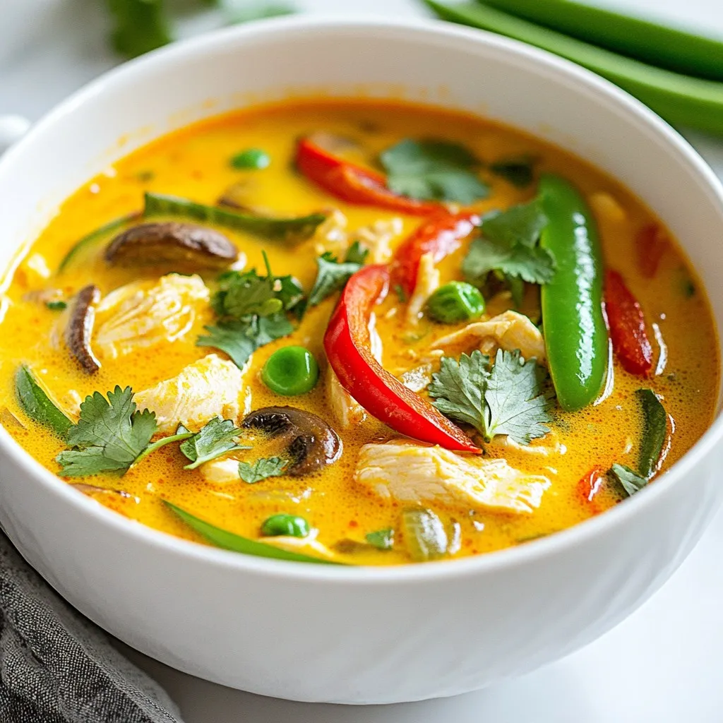 To make Thai Coconut Curry Chicken Soup, you will need: - 1 lb (450g) boneless, skinless chicken thighs, diced - 1 can (14 oz) coconut milk - 2 cups chicken broth - 2 tablespoons red curry paste - 1 tablespoon fresh ginger, minced - 3 cloves garlic, minced - 1 bell pepper (red or yellow), sliced - 1 cup snap peas - 1 cup mushrooms, sliced - 1 tablespoon fish sauce - 1 tablespoon lime juice - Fresh cilantro, for garnish - Sliced chili (optional, for heat) - Salt and pepper to taste Each ingredient plays a key role in flavor. The chicken gives protein, while coconut milk adds creaminess. Red curry paste brings spice and warmth. Fresh ginger and garlic add depth. Bell pepper, snap peas, and mushrooms give crunch and color. You can make easy swaps if you lack some ingredients. Use chicken breast instead of thighs for less fat. If you want a vegetarian dish, replace chicken with tofu. Coconut cream can replace coconut milk for richer flavor. Don't have fish sauce? Use soy sauce or tamari for a similar taste. When sourcing fresh ingredients, visit local farmers' markets or grocery stores. Look for vibrant, crisp vegetables and fragrant herbs. Choose chicken that feels firm and has no off smells. For the best flavor, pick high-quality curry paste. Local markets often have fresh produce at good prices. Always check the labels for allergens and freshness. {{ingredient_image_1}} First, gather all your ingredients. You will need: - 1 lb boneless, skinless chicken thighs, diced - 1 can coconut milk - 2 cups chicken broth - 2 tablespoons red curry paste - 1 tablespoon fresh ginger, minced - 3 cloves garlic, minced - 1 bell pepper, sliced - 1 cup snap peas - 1 cup mushrooms, sliced - 1 tablespoon fish sauce - 1 tablespoon lime juice - Fresh cilantro for garnish - Sliced chili for heat (optional) - Salt and pepper to taste Next, measure out your ingredients. This helps keep things organized. Heat a large pot over medium heat. Add the minced ginger and garlic. Sauté them for 1-2 minutes until they smell great. Then add the diced chicken thighs. Cook them for about 5-7 minutes until they are browned. Now, stir in the red curry paste. Let it cook for another 1-2 minutes. This lets the flavors mix well. Pour in the coconut milk and chicken broth next. Stir everything together. Bring the soup to a gentle simmer. Once it simmers, add the sliced bell pepper, snap peas, and mushrooms. Cook for 10-15 minutes. This time allows the chicken to cook through and the veggies to soften. Finally, add the fish sauce and lime juice. Taste the soup and adjust salt and pepper if needed. Use fresh ginger and garlic for the best taste. Make sure to brown the chicken well; this adds flavor. Stir often to prevent sticking. Keep an eye on the soup. You want it to simmer, not boil. If it boils too hard, it can break the coconut milk. Garnish the soup with fresh cilantro and sliced chili before serving. This adds color and extra flavor. Enjoy your delicious Thai Coconut Curry Chicken Soup! To get the best flavor in your Thai Coconut Curry Chicken Soup, start with fresh ginger and garlic. Sauté them first in a pot until they smell good. This step builds a strong base. When you add the chicken, make sure to brown it well. This adds depth to the soup. Mixing in the red curry paste next helps to unlock those rich flavors. Always stir it for a minute or two before adding liquids. This way, you get the most from the spices. If you want your soup milder, use less red curry paste. You can start with one tablespoon and taste as you go. If you like it spicy, feel free to add sliced chili. Just remember, you can always add more, but you can’t take it out! For a creamy texture without heat, try adding a little extra coconut milk. It will balance the spice while keeping the flavor intact. One common mistake is not sautéing the ginger and garlic long enough. They need time to release their flavors. Another mistake is cooking the vegetables too long. They should stay crisp and vibrant. Make sure to add them near the end of cooking. Lastly, don’t skip the lime juice! It adds brightness to the soup. Tasting as you cook helps you avoid these pitfalls. Pro Tips Quality of Chicken: Opt for organic or free-range chicken thighs for better flavor and texture. Adjusting Spice Levels: If you prefer a milder soup, start with half the amount of red curry paste and add more to taste. Vegetable Variations: Feel free to add or substitute other vegetables such as zucchini, carrots, or baby corn for added nutrition and flavor. Garnishing Tips: For a fresh touch, add a squeeze of lime and a sprinkle of toasted sesame seeds along with the cilantro. {{image_2}} You can easily make this soup vegetarian or vegan. Instead of chicken, use firm tofu or chickpeas. Both add protein and texture. Swap the chicken broth for vegetable broth. Use coconut milk as is for the creaminess. Add more veggies like carrots or spinach for extra nutrients and color. If you want to try other proteins, shrimp works great. Cook the shrimp for just a few minutes until pink. You can also use beef or pork, but be sure to adjust the cooking time. Keep an eye on the meat to avoid overcooking. Each protein brings its own flavor. Feel free to get creative with your soup! Add veggies like zucchini or bok choy for crunch. If you like spice, consider adding fresh chili or a dash of cayenne. Herbs like basil or mint can boost the flavor. You can also add lime leaves for a fresh twist. Each addition can make the soup unique. To keep your Thai Coconut Curry Chicken Soup fresh, let it cool first. Transfer it to an airtight container. Store it in the fridge for up to three days. If you want to keep it longer, freezing is a great option. When you reheat the soup, use a pot over low heat. Stir gently to keep the flavors mixed. Add a splash of chicken broth or coconut milk to bring back its creamy texture. Avoid boiling, as it may change the taste and texture. For freezing, use a freezer-safe container. Leave some space at the top for expansion. The soup can stay frozen for up to three months. When you're ready to enjoy it, thaw overnight in the fridge before reheating. This keeps the taste and texture just right. Yes, you can make this soup ahead of time. It tastes even better the next day. To store, let it cool first. Then, place it in an airtight container. Keep it in the fridge for up to three days. When ready to eat, reheat it gently on the stove. This soup pairs well with many sides. You can serve it with rice or noodles. A fresh salad also makes a nice side. For a crunchy texture, add some toasted bread or crackers. Each option complements the soup's rich flavors. To make this soup gluten-free, check your ingredients. Use gluten-free fish sauce. Most chicken broths are gluten-free, but verify the label. Replace any soy sauce with a gluten-free option. By making these swaps, you can enjoy this dish without worry. Yes, you can use different curry pastes. Green or yellow curry paste works well too. Each type brings a unique flavor. If you want a milder taste, choose yellow curry. For more heat, go for green curry paste. Adjust the amount to fit your taste. To make the soup less spicy, use less curry paste. Start with one tablespoon instead of two. You can also add more coconut milk to cool the heat. Adding a dollop of yogurt or sour cream can help too. Taste as you go to find your perfect balance. In this blog post, we explored the key ingredients for your dish, including substitutions and sourcing tips. I shared step-by-step instructions to guide you through preparation, cooking, and achieving perfect results. We also covered useful tips to enhance flavor and avoid common mistakes. Lastly, we discussed variations and storage methods to keep your food fresh. Experiment with these ideas to make your cooking fun and delicious. You now have all the tools to create a tasty meal that suits your tastes and needs. Enjoy your cooking journey!