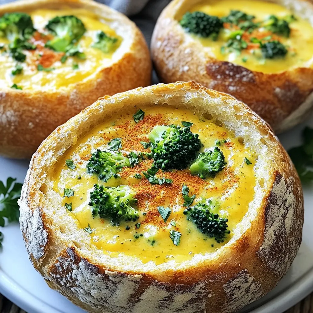 For this tasty cheddar broccoli soup, you need fresh and bright ingredients. Here’s what to gather: - 4 cups fresh broccoli florets - 1 medium onion, diced - 2 cloves garlic, minced - 4 cups vegetable broth - 1 cup heavy cream - 3 cups sharp cheddar cheese, shredded These fresh ingredients bring out the best flavor and texture in your soup. You’ll also need some common pantry items for this recipe. Make sure you have: - 3 tablespoons all-purpose flour - 2 tablespoons olive oil - 1 teaspoon mustard powder - 1/2 teaspoon paprika - Salt and pepper to taste These staples help thicken the soup and add depth to the flavor. To make your meal even better, consider these fun garnishes and tips: - Fresh parsley for garnish (optional) - 4 large bread bowls (sourdough or rustic bread) When preparing the bread bowls, cut the tops off and hollow them out. Leave about an inch of bread around the edge. This keeps the soup from leaking out. Enjoy your delicious soup served in warm bread! {{ingredient_image_1}} First, gather all your ingredients. You will need: - 4 cups fresh broccoli florets - 1 medium onion, diced - 2 cloves garlic, minced - 4 cups vegetable broth - 1 cup heavy cream - 3 cups sharp cheddar cheese, shredded - 3 tablespoons all-purpose flour - 2 tablespoons olive oil - 1 teaspoon mustard powder - 1/2 teaspoon paprika - Salt and pepper to taste - 4 large bread bowls (sourdough or rustic bread) - Fresh parsley for garnish (optional) Wash the broccoli and cut it into small florets. Dice the onion and mince the garlic. This helps them cook quickly and blend well into the soup. Heat a large pot over medium heat. Add the olive oil, then the diced onion. Sauté for about 5 minutes, until the onion is soft and clear. Next, add the minced garlic and cook for another 1-2 minutes. You want to smell the garlic but not burn it. Now, stir in the broccoli florets, vegetable broth, and mustard powder. Bring this mix to a boil. Once boiling, lower the heat and let it simmer for about 15 minutes. The broccoli should be tender now. To thicken the soup, sprinkle the flour over the mix. Stir for 2-3 minutes. This stops lumps from forming. After that, use an immersion blender to blend the soup until smooth. If you don’t have one, you can use a regular blender. Just be careful with the hot soup! Put the blended soup back on medium heat. Stir in the heavy cream and shredded cheddar cheese. Keep stirring until the cheese melts and the soup is creamy. Season it with paprika, salt, and pepper to your liking. While the soup heats, prepare the bread bowls. Cut the top quarter off each bread bowl. Hollow out the insides, leaving about an inch of bread around the edges. This makes a nice bowl for your soup. Now, ladle the hot cheddar broccoli soup into each bread bowl. If you want, garnish with fresh parsley for a pop of color. Serve the bowls warm and enjoy this tasty meal! To get a creamy soup, blend it well. Use an immersion blender for smoothness. If you want a thicker soup, add a bit more flour. Always stir while adding flour. This keeps lumps away. If you like some chunks, blend only half the soup. This gives a nice mix of smooth and chunky. Pick sourdough or rustic bread for best results. These hold soup well. Cut off the top and scoop out the insides. Leave about an inch of bread on the sides. This helps prevent leaks. Toast the insides lightly for added flavor. You can even brush them with olive oil before toasting. Store leftover soup in airtight containers. It keeps well in the fridge for up to three days. To reheat, warm it gently on the stove. Stir often to keep it from sticking. Add a splash of cream if it seems too thick. Avoid microwaving if you can; it can change the texture. Pro Tips Use Fresh Broccoli: Fresh broccoli florets provide the best flavor and texture. If using frozen, adjust cooking time accordingly as they are pre-cooked. Adjust Cheese for Flavor: You can mix different types of cheese such as Gruyère or Monterey Jack with cheddar for a unique flavor profile. Hollow Bread Bowls Correctly: Be careful not to remove too much bread from the bowls. Leave enough to hold the soup without leaking. Garnish for Presentation: A sprinkle of paprika and fresh parsley not only adds visual appeal but also enhances the flavor of the soup. {{image_2}} You can easily enhance your cheddar broccoli soup with chicken or bacon. For chicken, try using shredded rotisserie chicken for a quick fix. Just add it in during the last few minutes of cooking. This gives the soup a hearty feel. If you love bacon, crisp it up in a pan first. Then, crumble it on top as a tasty garnish. Both options add flavor and protein, making the meal more filling. To make this soup vegan or dairy-free, swap a few key ingredients. Use coconut cream or cashew cream instead of heavy cream. For the cheese, look for plant-based cheese alternatives. Vegetable broth works perfectly as a base. You can also add nutritional yeast for a cheesy flavor. These changes keep the soup rich while fitting a vegan diet. Boost the flavor of your soup with herbs and spices. Fresh thyme or rosemary adds depth. You can also try a pinch of cayenne pepper for a kick. Other options include a sprinkle of garlic powder or onion powder for extra warmth. Don't forget, a dash of lemon juice brightens the flavors too. Experiment with these additions for a unique taste. To store leftover cheddar broccoli soup, first let it cool. Place the soup in an airtight container. Store it in the fridge for up to three days. If you have leftover bread bowls, keep them in a separate container. This keeps the bread fresh and prevents it from getting soggy. You can freeze the soup for later use. Allow it to cool completely. Then, pour it into freezer-safe bags or containers. Leave some space at the top for expansion. The soup can last up to three months in the freezer. Avoid freezing the bread bowls, as they will lose their texture when thawed. Instead, eat them fresh or store them in the fridge for a day or two. Check for signs of spoilage before eating leftovers. If the soup has an off smell, discard it. Look for any mold on the surface. If the texture seems strange or the color has changed, it’s best to throw it away. Always trust your senses; if it seems off, don’t eat it. Yes, you can make the soup without heavy cream. You can use milk, coconut milk, or a nut-based cream. These options will change the taste a bit but will still be great. If you want a thicker soup, use less liquid. Sourdough and rustic bread work best. They have a nice crust that holds the soup well. Look for bread that is sturdy yet soft on the inside. You want a bread bowl that does not leak. To make this soup gluten-free, swap all-purpose flour for a gluten-free flour blend. You can also use cornstarch as a thickener. Just mix it with some cold water before adding it to the soup. You can use frozen broccoli in this recipe. Make sure to thaw it first, then drain any excess water. Frozen broccoli cooks faster, so keep an eye on it while simmering. The soup lasts about 3 to 4 days in the fridge. Store it in an airtight container to keep it fresh. Reheat it on the stove or in the microwave until hot. In this post, I covered how to make Cheddar Broccoli Soup. We explored fresh ingredients, pantry staples, and tasty garnishes. I shared clear steps for preparation and cooking, plus tips for the perfect texture. You learned how to use a bread bowl and store leftovers properly. Finally, I mentioned delicious variations and answered common questions. Enjoy making this soup with your personal touch. It's simple, fun, and satisfying. You’ll love the process and the taste!