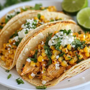 - 2 cups cooked chicken, shredded - 1 cup corn kernels (fresh, frozen, or canned) - 1 tablespoon olive oil - 1 teaspoon smoked paprika - 1 teaspoon chili powder - &frac12; teaspoon garlic powder - Salt and pepper to taste - &frac12; cup mayonnaise - &frac12; cup crumbled cotija cheese - 2 tablespoons fresh cilantro, chopped - 1 lime, zested and juiced - 8 small corn tortillas - Extra cilantro and lime wedges for garnish Having the right ingredients makes all the difference. You need cooked chicken as your main protein. Shredded chicken gives a nice texture. Corn is next; it adds sweetness and crunch. You can use fresh, frozen, or canned corn. Olive oil helps to cook the corn. I prefer smoked paprika and chili powder for a nice kick. Garlic powder brings in flavor too. You want to season with salt and pepper to taste. For the creamy part, use mayonnaise mixed with crumbled cotija cheese. This cheese adds a rich, salty flavor. Fresh cilantro gives a lovely herb taste. The lime zest and juice brighten the dish. Lastly, small corn tortillas hold everything together. I suggest garnishing with extra cilantro and lime wedges. They add a fresh touch. Enjoy gathering these ingredients! {{ingredient_image_1}} - First, heat 1 tablespoon of olive oil in a skillet over medium heat. - Next, add 1 cup of corn kernels to the skillet. Cook the corn for about 5-7 minutes. Stir occasionally. You want the corn to be slightly charred and tender. - Now, it's time to add flavor! Stir in 1 teaspoon smoked paprika, 1 teaspoon chili powder, &frac12; teaspoon garlic powder, salt, and pepper to taste. - Cook for another 2-3 minutes. This helps the spices mix well with the corn. Remove the skillet from heat and let it cool slightly. - In a small bowl, mix together &frac12; cup mayonnaise and &frac12; cup crumbled cotija cheese until smooth. - Add the zest and juice of 1 lime to the mixture, along with a pinch of salt. This gives the crema a nice tang. Set this bowl aside for later. - In another bowl, combine the cooked chicken (2 cups shredded) with the charred corn mixture. Mix them well. - To prepare the tortillas, warm 8 small corn tortillas in a dry skillet over medium heat. Heat them for about 30 seconds on each side. This makes them soft and easy to fill. - Spoon a generous amount of the chicken and corn mixture into each tortilla. Drizzle the crema over the top and sprinkle with fresh cilantro. - To make your tacos look amazing, garnish them with extra cilantro and lime wedges. - For a fun touch, serve the tacos on a bright platter. Add small bowls of extra crema and cotija cheese on the side. This lets everyone customize their tacos as they like! For the best flavor, I recommend using fresh corn. Fresh corn gives a crisp bite and sweet flavor. If fresh corn is not an option, frozen corn works well, too. Canned corn can be used, but it may taste less fresh. Charred corn adds a deeper flavor. To char corn, cook it in a hot skillet until it&rsquo;s slightly blackened. This gives the corn a smoky taste that enhances the tacos. Aim for a good char, but don&rsquo;t burn it. To make the crema, mix mayonnaise, cotija cheese, lime zest, and lime juice. You can adjust the lime juice to make the crema tangier. If you want it creamier, add more mayonnaise or cheese. This gives you control over the taste. Store leftover crema in an airtight container in the fridge. It lasts for about three days. Give it a good stir before using it again. For tacos, I like small corn tortillas. They hold the filling well and add a nice flavor. Flour tortillas can work, but they are not traditional. To warm tortillas, heat a dry skillet over medium heat. Place each tortilla in the skillet for about 30 seconds on each side. This makes them soft and easy to fold. Keep them warm in a clean kitchen towel until you&rsquo;re ready to fill them. Pro Tips Use Fresh Corn: If possible, use fresh corn for the best flavor and texture. It adds a sweetness and crunch that frozen or canned corn can't replicate. Customize Your Crema: Feel free to add spices like cayenne pepper or lime juice to the crema for an extra kick. It can enhance the overall flavor profile of your tacos. Warm Tortillas: Always warm your tortillas before assembling the tacos. This makes them more pliable and enhances their flavor, making your tacos even more enjoyable. Garnish Generously: Don't skimp on the cilantro and lime wedges. They not only add a burst of color but also elevate the freshness and flavor of the tacos. {{image_2}} You can switch up the protein in your tacos. Try using beef, pork, or shrimp instead of chicken. Each meat adds unique flavors and textures. For a lighter option, use grilled shrimp. For a heartier meal, go with beef or pork. If you prefer a vegetarian option, black beans or tofu work great. Black beans add a creamy texture and protein. Tofu can soak up the flavors from the spices, making it a tasty choice. Want more kick? Add jalape&ntilde;os or hot sauce to your tacos. These spicy elements bring heat and a zingy taste. You can also mix in different cheeses. Feta or Monterey Jack can enhance the flavor. Try adding toppings like fresh herbs or pickled onions. They add brightness and depth to each bite. Experimenting with flavors makes your tacos special and fun. Toppings can really change your taco game. Avocados add creaminess, while pico de gallo gives freshness. You can also add sliced radishes for crunch. For sauces, consider a tangy salsa verde or a smoky chipotle sauce. These will elevate your dish and impress your guests. Don't be afraid to mix and match toppings to make your tacos your own! To store leftover tacos, place them in a sealed container. This keeps them fresh and safe. If you want to keep the tortillas separate, wrap them in foil or plastic wrap. This helps prevent them from getting soggy. Store the chicken and corn mixture in another container. To reheat your tacos, use an oven or a skillet. If using an oven, preheat it to 350&deg;F (175&deg;C). Place the tacos on a baking sheet for about 10 minutes. If using a skillet, heat it over medium heat. Place the tacos in the skillet for about 2-3 minutes per side. This helps keep the tortillas crisp. Yes, you can freeze the ingredients! Store the chicken and corn mixture in a freezer-safe bag. For tortillas, place parchment paper between them before freezing. When ready to use, thaw in the fridge overnight. To reheat, follow the same steps as above. This keeps your tacos tasty and fresh! Street corn tacos combine Mexican street food with classic taco flavors. Street corn, or elote, is grilled corn on the cob. Vendors coat it with mayonnaise, cheese, and spices. This dish brings rich flavors from Mexican culture to the table. In the U.S., people love to adapt these flavors into tacos. Regions may vary how they prepare street corn. Some use different cheeses or toppings for added taste. This blend of flavors makes these tacos unique and loved by many. Yes, you can prepare these tacos ahead of time. Store the chicken and corn mixture in the fridge. Keep the tortillas separate to avoid sogginess. You can also make the crema ahead. Just store it in an airtight container. When ready to eat, warm the tortillas. Fill them with the chicken and corn mixture. Top with crema and cilantro. This method saves time and keeps the flavors fresh. Many side dishes complement street corn chicken tacos. Here are some tasty options: - Mexican rice: Fluffy rice with spices adds a nice touch. - Black beans: Seasoned beans add protein and fiber. - Chips and salsa: Crispy chips with zesty salsa are always a hit. - Guacamole: Creamy avocado dip balances the flavors. - Simple salad: A fresh salad with lime dressing lightens the meal. These sides enhance the taco experience and bring variety to your meal. In this blog post, we explored how to make delicious Street Corn Chicken Tacos. You learned about essential ingredients, step-by-step instructions, and tips to enhance flavor. We also discussed fun variations and how to store leftovers. Tacos are versatile and fun to create. Feel free to experiment with flavors and toppings that suit your taste. Enjoy making these tasty tacos with friends or family, and share your own creations!