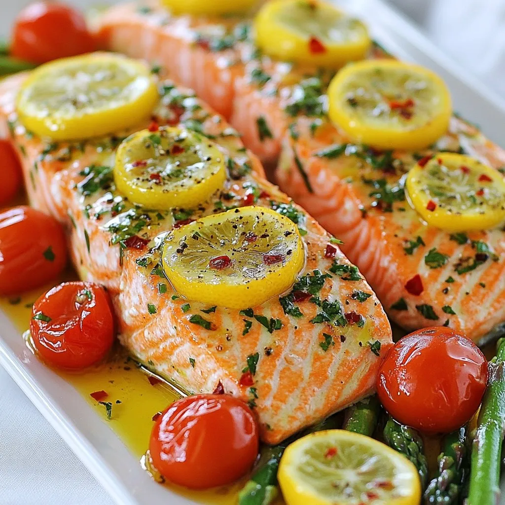 - 4 salmon fillets (6 oz each) - 2 tablespoons olive oil - 2 tablespoons lemon juice - 2 teaspoons lemon zest Salmon is the star of this dish. I love using fresh fillets for the best flavor. Olive oil adds richness and keeps the fish moist. Lemon juice and zest provide a bright, zesty kick that lifts the dish. - 3 cloves garlic, minced - 1 teaspoon dried oregano - 1 teaspoon dried thyme - 1 teaspoon paprika - Salt and pepper to taste These seasonings bring depth to your salmon. Garlic gives a strong flavor, while oregano and thyme add nice herbal notes. Paprika adds a subtle warmth. Don’t forget salt and pepper to enhance all the flavors. - 1 cup cherry tomatoes, halved - 1 cup asparagus, trimmed - Fresh parsley, chopped for garnish Cherry tomatoes burst with sweetness when roasted. Asparagus adds a nice crunch and color. The fresh parsley on top adds a pop of green and brightness. Together, they make the meal colorful and healthy. {{ingredient_image_1}} First, preheat your oven to 400°F (200°C). This step is key for even cooking. Next, line a baking sheet with parchment paper. This helps clean-up and prevents sticking. In a small bowl, whisk together the olive oil, lemon juice, lemon zest, minced garlic, oregano, thyme, paprika, salt, and pepper. This mixture will infuse your salmon with flavor. Make sure to mix well until all ingredients blend nicely. Now, place the salmon fillets on the baking sheet, skin-side down if they have skin. This helps keep the fish moist. Brush the marinade generously over each fillet. Make sure they are well-coated for maximum taste. Next, add the halved cherry tomatoes and trimmed asparagus around the salmon on the same sheet pan. Drizzle a bit of the remaining marinade over the veggies. This extra touch enhances their flavor. Bake your dish in the preheated oven for 12 to 15 minutes. Check for doneness by using a fork to see if the salmon flakes easily. The veggies should be tender yet bright in color. Once done, remove the pan from the oven and let it rest for a couple of minutes. This short resting time allows the flavors to settle. Finally, garnish your dish with freshly chopped parsley before serving. This adds a lovely touch and fresh taste. When cooking salmon, thickness matters. A thicker piece takes longer to cook. For example, a 1-inch fillet needs about 12-15 minutes at 400°F. A thinner piece may only need 10 minutes. To check if your salmon is done, use a fork. If it flakes easily and is opaque, it’s ready. You can customize the marinade to fit your taste. If you want more zest, add extra lemon juice and zest. You can also try different herbs. For instance, dill or basil can replace oregano or thyme. This change gives a new flavor twist to your dish. When serving, think about great sides. Roasted potatoes or a fresh salad pair nicely with salmon. You can also add a rice dish for a filling meal. For presentation, place the salmon on a plate with colorful veggies. A sprinkle of parsley on top adds a nice touch, making the dish look vibrant and fresh. Pro Tips Use Fresh Herbs: Fresh herbs can elevate the flavor of your salmon significantly. Consider using fresh oregano and thyme instead of dried for a more vibrant taste. Don’t Overcook: Keep an eye on the salmon as it bakes. Cooking time can vary based on the thickness of the fillets, so check for doneness at the 12-minute mark. Customize Your Veggies: Feel free to swap out asparagus and cherry tomatoes for your favorite vegetables. Bell peppers, zucchini, or even green beans work wonderfully! Serve with a Side: Pair this dish with a light salad or quinoa for a complete meal. The freshness of the salad will complement the zesty salmon beautifully. {{image_2}} You can switch salmon for other fish. Try trout or cod. They cook well and taste great with lemon. If you want a non-fish option, chicken works too. Use boneless breasts for easy cooking. You can also use tofu for a plant-based choice. Just press the tofu to remove extra water first. Seasonal veggies bring fresh flavors. In spring, use asparagus and peas. Summer is perfect for zucchini and bell peppers. Fall calls for Brussels sprouts and squash. Winter veggies like carrots and root vegetables also work. Adjust cooking times based on the veggie. Harder veggies need more time, while soft ones cook faster. Spice it up with different flavors. Try adding cumin or chili powder for a kick. You can also mix in fresh herbs like dill or basil. If you want more citrus, use lime or orange zest. Each change makes your dish unique and exciting. Experiment to find your favorite mix! To keep your sheet pan lemon herb salmon fresh, refrigerate it right after dinner. Place the salmon in a shallow container. This helps it cool quickly. Make sure to add the veggies too. Seal the container with a tight lid. This keeps out air and moisture. Store it in the fridge for up to three days. The best containers for storage are glass or BPA-free plastic. These materials are safe and easy to clean. If you plan to store it longer, consider freezing. When you reheat salmon, you want it warm, not dry. The best way to reheat is in the oven. Preheat your oven to 275°F (135°C). Place the salmon on a baking sheet. Cover it with foil to keep moisture in. Heat for about 15 minutes. Check if it’s warm all the way through. You can also use a microwave. Place the salmon on a microwave-safe plate. Add a splash of water and cover it with a damp paper towel. Heat it in short bursts of 30 seconds. This helps keep it moist. For leftover salmon, try making a salad. Flake the salmon and toss it with greens. Add some tomatoes and a light dressing. You can also mix it into pasta for a quick meal. Yes, you can freeze cooked salmon! It freezes well and stays tasty. Wrap the salmon tightly in plastic wrap. Then place it in a freezer bag. Be sure to squeeze out as much air as you can. This prevents freezer burn. For best results, use the salmon within three months. When you are ready to eat it, thaw the salmon in the fridge overnight. This keeps it safe and tasty. After thawing, reheat it using the methods above for the best flavor. You bake salmon at 400°F for 12-15 minutes. The thickness of the salmon matters. If your fillets are thicker, you may need a bit more time. For thinner fillets, check them at the 10-minute mark. The salmon should flake easily with a fork when it is done. This ensures that it stays moist and flavorful. Yes, you can use fresh herbs instead of dried. Fresh herbs can make the dish brighter and more aromatic. For this recipe, consider using: - 1 tablespoon of fresh oregano instead of 1 teaspoon of dried - 1 tablespoon of fresh thyme instead of 1 teaspoon of dried Chop the fresh herbs finely to release their oils and flavors. You can add them to the marinade or sprinkle them on top before serving. Sheet pan lemon herb salmon is a healthy choice. Salmon is rich in omega-3 fatty acids, which are good for your heart. It also has protein that helps build muscle. The added vegetables like cherry tomatoes and asparagus provide fiber and vitamins. This meal is low in calories, making it a nutritious option for dinner. Each serving has around 350 calories, depending on the exact ingredients used. This blog post covered how to make a delicious lemon herb salmon. I shared the key ingredients, like salmon, olive oil, and fresh herbs. You learned step-by-step instructions for preparation and cooking. I also highlighted tips to ensure perfect flavor and texture. In summary, you can enjoy this dish in many ways. You can customize it with different proteins or seasonal vegetables. Storing and reheating tips help you keep leftovers tasty. Now, you can impress your family with a healthy, tasty meal!