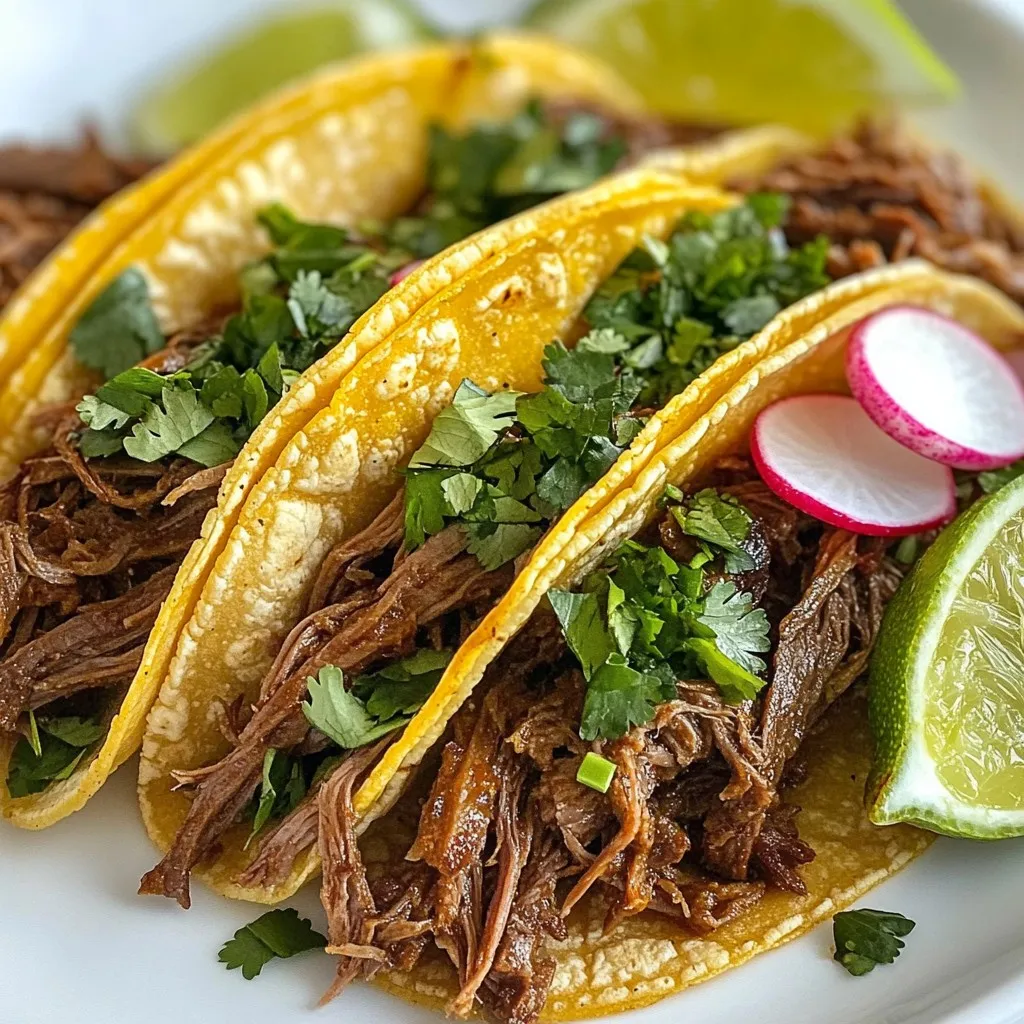 For this tasty dish, you need a few key items: - 2 lbs beef chuck roast, cut into large chunks - 1 tablespoon olive oil - 1 medium onion, chopped - 4 cloves garlic, minced - 2 tablespoons fresh lime juice - 1 tablespoon apple cider vinegar - 1 cup beef broth - 2 bay leaves - Corn tortillas These ingredients create a hearty flavor base for your tacos. The beef chuck roast gives you tender meat, while the onion and garlic add depth. The right spices make the barbacoa shine. Here’s what you need: - 2 teaspoons ground cumin - 2 teaspoons dried oregano - 1 teaspoon smoked paprika - 1 teaspoon chili powder - 1 teaspoon salt - 1/2 teaspoon black pepper These spices bring warmth and a little kick. Cumin and oregano add earthiness, while smoked paprika gives a nice, smoky touch. Garnishes enhance the tacos’ appeal. Consider these: - Fresh cilantro, chopped - Lime wedges - Sliced radishes (optional, for crunch) Serve the tacos with a sprinkle of cilantro and a squeeze of lime juice. The radishes add a crunchy element that contrasts nicely with the beef. These simple touches make your tacos feel special. {{ingredient_image_1}} Start by setting your Instant Pot to 'Sauté' mode. Add one tablespoon of olive oil and let it heat. Once the oil is hot, add the 2 lbs of beef chuck roast cut into large chunks. Sear the beef for about 5-7 minutes until it gets a nice brown color on all sides. This step adds flavor and locks in the juices. After browning, remove the beef and set it aside on a plate. In the same pot, add the chopped onion. Sauté the onion for about 3-4 minutes until it becomes soft. This step builds a great flavor base. Next, add in 4 cloves of minced garlic. Cook the garlic for about 1 minute until it starts to smell amazing. Be careful not to burn it, as burnt garlic can taste bitter. Now, it's time to add the flavor! Return the browned beef to the pot. Pour in 2 tablespoons of fresh lime juice and 1 tablespoon of apple cider vinegar. Sprinkle in 2 teaspoons of ground cumin, 2 teaspoons of dried oregano, 1 teaspoon of smoked paprika, 1 teaspoon of chili powder, 1 teaspoon of salt, and 1/2 teaspoon of black pepper. Stir everything well to coat the beef with all these spices. This mixture will create a rich and savory taste that makes the tacos special. To get tender shredded beef, start with a good cut. I prefer beef chuck roast. The fat in the chuck keeps it juicy. Sear the beef well before pressure cooking. This step adds flavor. Pressure cook it for at least 60 minutes. Letting it sit for 15 minutes after cooking helps it become more tender. When shredding, use two forks. Mix the shredded beef back with the cooking juices to keep it moist. Warming tortillas is simple. Use a pan on medium heat. Place the corn tortillas in the pan for about 30 seconds on each side. This makes them soft and pliable. If you want, you can cover them with a clean cloth to keep them warm. Another option is to wrap them in aluminum foil and place them in a warm oven. For a great presentation, serve your tacos on a wooden board or a colorful platter. Layer the shredded beef on warm tortillas. Add fresh cilantro and lime wedges on the side. Consider including sliced radishes for crunch. This adds color and makes the meal more fun. Let guests build their own tacos. It makes for a more interactive meal. Pro Tips Use High-Quality Beef: Opt for grass-fed beef chuck roast for richer flavor and tenderness. Customize Your Spice Level: Adjust the chili powder to your preferred heat level. Add fresh jalapeños for extra kick. Let It Rest: After cooking, let the meat rest for a few minutes before shredding to retain moisture. Experiment with Toppings: Try adding avocado slices, pickled onions, or queso fresco for a unique twist. {{image_2}} You can swap the beef for other meats. Chicken, pork, or lamb work well too. Use the same spices to keep the flavor. For chicken, cook for about 30 minutes in the Instant Pot. For pork, try a shoulder roast and adjust cooking time to 60 minutes. Lamb adds a rich taste, especially with cumin and oregano. For a veggie barbacoa, try using jackfruit or mushrooms. Jackfruit mimics meat well when cooked. Shred it and cook with the same spices. For mushrooms, use portobellos or a mix of your favorite types. Sauté them first, then add the liquids and spices for flavor. These options keep the dish hearty and satisfying. Corn tortillas are traditional for barbacoa tacos, but you can try flour tortillas too. They are soft and hold more filling. For a gluten-free option, use corn tortillas or lettuce wraps. Experiment with different sizes, from small taco tortillas to larger burrito wraps, depending on your mood. Each option changes the taco experience! After making beef barbacoa, let it cool down. Place it in an airtight container. You can keep it in the fridge for 3 to 4 days. Make sure to store the meat and tortillas separately to keep everything fresh. To reheat the beef barbacoa, use a skillet over medium heat. Add a splash of beef broth to keep it moist. Stir it often until hot. If you prefer, you can also use the microwave. Just cover the bowl with a damp paper towel and heat it for 1-2 minutes. You can freeze beef barbacoa for up to 3 months. Place it in a freezer-safe bag or container. Remove as much air as possible to avoid freezer burn. When ready to eat, thaw it in the fridge overnight. Reheat it on the stove or microwave as mentioned above. This way, you can enjoy tasty tacos anytime! Beef barbacoa is a tender, flavorful meat dish. It comes from slow-cooking beef, often chuck roast. The meat cooks with spices, lime juice, and broth. This method makes the beef juicy and easy to shred. You can enjoy it in tacos, burritos, or bowls. It has origins in Mexican cuisine and is loved for its deep flavor. Yes, you can make beef barbacoa without an Instant Pot. Use a slow cooker or a stovetop pot. If using a slow cooker, sear the beef first, then add all ingredients. Cook on low heat for 8 hours or high for 4 hours. For the stovetop, simmer the beef covered for about 2 to 3 hours until tender. This method requires more time but brings out great taste. These beef barbacoa tacos have a mild to medium heat. The spices used, like chili powder, add flavor without too much spice. If you want them spicier, add more chili powder or fresh jalapeños. You can also serve with hot sauce on the side. This way, everyone can adjust the heat to their liking. You can serve a variety of sides with beef barbacoa tacos. Here are some great options: - Mexican rice - Refried beans - Fresh corn salad - Guacamole - Chips and salsa - Pickled onions These sides complement the tacos and add more flavor to your meal. Enjoy exploring different combinations to find your favorites! In this post, we explored how to make delicious Instant Pot beef barbacoa tacos. We covered key ingredients, cooking steps, and tips for great results. I shared easy variations like meatless options and how to serve them. Proper storage methods ensure you enjoy leftovers. Beef barbacoa is flavorful and fun to make. Dive into this recipe and impress your friends and family with tasty tacos. Now, get cooking and enjoy every bite!