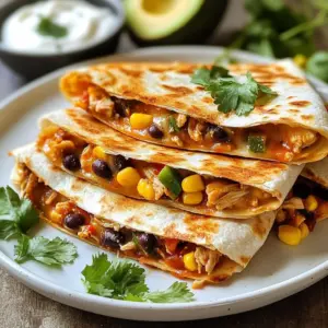 - 2 cups cooked chicken, shredded - 1 tablespoon chipotle sauce - 1 teaspoon ground cumin - 1 teaspoon garlic powder - 1 cup shredded cheese (cheddar or Monterey Jack) - 1/2 cup black beans, rinsed and drained - 1/2 cup corn kernels (fresh or frozen) - 4 large flour tortillas - 1/4 cup fresh cilantro, chopped - 1 avocado, sliced - Sour cream and salsa for serving - Cooking oil for frying Pair your quesadilla with fresh avocado slices. Sour cream and salsa add zest. You can also serve chips or a side salad for extra crunch. Enjoy your meal with a drink like iced tea or lemonade for a refreshing touch. {{ingredient_image_1}} To start, grab a large bowl. Add 2 cups of cooked, shredded chicken to the bowl. Then, pour in 1 tablespoon of chipotle sauce. This gives the chicken its spicy kick. Next, add 1 teaspoon of ground cumin and 1 teaspoon of garlic powder. Mix everything well. You want the chicken to be fully coated in the sauce and spices. Now, stir in 1/2 cup of black beans and 1/2 cup of corn. Don&rsquo;t forget 1/4 cup of chopped fresh cilantro! Mix again until everything is even. Heat a skillet on medium heat. Add a small splash of cooking oil to it. Once hot, place one large flour tortilla in the skillet. Sprinkle half of your cheese over the tortilla. Use 1 cup of shredded cheese; cheddar or Monterey Jack both work well. Next, spread half of your chicken mixture over the cheese. Top it with the rest of the cheese. Fold the tortilla in half and cook it. After about 3-4 minutes, check the bottom. It should be golden brown and the cheese melted. Carefully flip the quesadilla. Cook the other side for another 3-4 minutes until it&rsquo;s also golden. Once cooked, remove the quesadilla from the skillet. Let it cool for a minute before slicing it into wedges. Repeat the cooking steps with the remaining tortillas and chicken mixture. To serve, plate the wedges with slices of avocado, sour cream, and salsa on the side. For a nice touch, drizzle extra chipotle sauce over the quesadilla and add a sprinkle of cilantro. Enjoy your meal! To get that perfect crunch, use the right heat. Medium heat is key. If it&rsquo;s too low, the quesadilla will be soft. If it&rsquo;s too high, it can burn. Use enough cooking oil to coat the skillet. This helps the tortillas crisp up nicely. Flip the quesadilla gently to keep it intact. Wait until it turns golden brown on both sides. One common mistake is using cold tortillas. Always warm them up a bit first. This helps them fold easier and crisp up better. Avoid overstuffing your quesadilla. Too much filling can make it soggy. Watch the cooking time carefully. If you leave it too long, it can burn. Lastly, don&rsquo;t skip the cheese. It binds everything together and adds great flavor. A good skillet is a must. A non-stick skillet works best for easy flipping. A spatula helps you turn the quesadilla without spilling the filling. You may also want to use a lid to cover the skillet. This helps melt the cheese faster. A sharp knife is great for cutting the quesadilla into wedges. If you have a quesadilla maker, that&rsquo;s even better! Pro Tips Use Fresh Ingredients: Fresh cilantro and ripe avocados will enhance the flavors of your quesadilla, making it more vibrant and delicious. Customize Your Spice Level: Adjust the amount of chipotle sauce based on your heat preference. Start with less and add more if you like it spicier. Perfectly Crispy Quesadillas: Make sure your skillet is hot enough before adding the quesadilla. This ensures a crispy outer layer while keeping the cheese perfectly melted. Serving Suggestions: Pair your quesadillas with a refreshing side salad or guacamole for a complete meal that balances flavors and textures. {{image_2}} You can easily make a vegetarian version of this quesadilla. Replace the chicken with saut&eacute;ed mushrooms or grilled zucchini. Black beans and corn still work great for protein and flavor. For a vegan option, swap out cheese with dairy-free cheese. You can also add avocado for creaminess. Want to make this dish a bit healthier? Use whole wheat tortillas instead of white flour ones. You can also cut back on cheese. Try using low-fat cheese or even skip it entirely. Adding more veggies like spinach or bell peppers boosts fiber and nutrients without adding many calories. To kick up the flavor, add some spices. A pinch of smoked paprika or cayenne pepper gives a nice kick. For a fresh taste, try adding diced tomatoes or pickled jalape&ntilde;os. You can even drizzle lime juice on top before serving for a zesty finish. To keep your quesadilla crunch fresh, store the leftovers in an airtight container. Place pieces in a single layer if possible. This helps to keep the quesadilla's crunch. You can store them in the fridge for up to three days. If you have a lot, consider wrapping them in foil first. For the best taste, reheat your quesadillas in a skillet. Heat the skillet over medium heat. Add a tiny bit of cooking oil to help crisp them up. Place the quesadilla in the skillet and heat for about three minutes on each side. This keeps them crunchy and melty inside. You can also use an oven if you want to reheat more at once. Set it to 350&deg;F (175&deg;C) and heat for about 10-15 minutes. Yes, you can freeze quesadillas! Wrap each one tightly in plastic wrap or foil. Place the wrapped quesadillas in a freezer bag to keep out air. They can last up to three months in the freezer. When ready to eat, thaw them in the fridge overnight before reheating. This way, you'll always have a tasty meal ready to go! A Chipotle Chicken Quesadilla Crunch is a tasty dish made with chicken, cheese, and spices. You use flour tortillas to hold the filling. The chipotle sauce gives it a smoky, spicy kick. It&rsquo;s crispy on the outside and cheesy on the inside. You can serve it with avocado, sour cream, and salsa for extra flavor. Yes, you can make quesadillas ahead of time. Prepare the filling and store it in the fridge. When you're ready to eat, just assemble and cook the quesadillas. This saves time and makes it easy for busy days. You can also cook them fully and warm them later in the oven. Just make sure to keep them wrapped to stay moist. You can customize your quesadilla in many ways. Swap chicken for beef, shrimp, or tofu. Add vegetables like bell peppers, onions, or mushrooms for extra crunch. Try different cheeses, too! Pepper jack adds heat, while mozzarella gives a nice stretch. You can even play with spices, like adding more chipotle or some taco seasoning. The choices are endless! You now know how to make a Chipotle Chicken Quesadilla Crunch. We covered main and optional ingredients, plus the best sides to serve with it. I shared step-by-step cooking tips and tricks for achieving the perfect crunch. Don&rsquo;t forget the tasty variations, storage tips, and answers to common questions. Enjoying this dish is easy and fun. Make it your own with different flavors and fillings. Now it's your turn to get cooking!