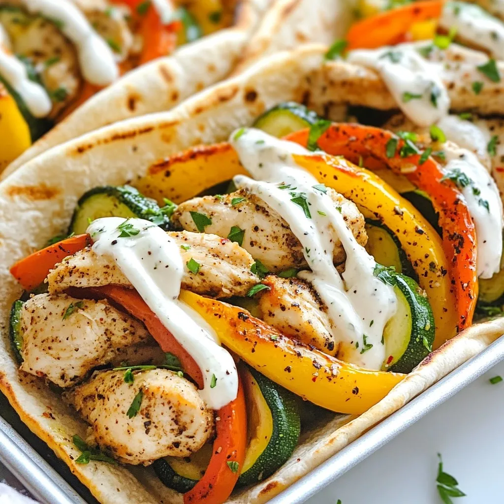 - 2 boneless, skinless chicken breasts, cut into bite-sized pieces - 1 teaspoon garlic powder - 1 teaspoon onion powder - 1 teaspoon paprika - 1 teaspoon dried oregano - ½ teaspoon salt - ¼ teaspoon black pepper - 1 red bell pepper, sliced - 1 yellow bell pepper, sliced - 1 zucchini, sliced - 2 tablespoons olive oil - 4 whole wheat pitas - ½ cup ranch dressing - Fresh parsley, chopped for garnish The main ingredients make this dish shine. First, we use chicken breasts. Their lean protein cooks tender and juicy. Next, bell peppers and zucchini add color and crunch. The whole wheat pitas give a nice, hearty base. For seasoning, I like garlic powder and onion powder for depth. Paprika adds a smoky touch, while dried oregano gives a hint of earthiness. Salt and black pepper enhance all the flavors, making each bite pop. - Fresh herbs, like cilantro or dill - Sliced avocado or cucumber - Additional ranch dressing or other sauces For garnishes, I suggest fresh herbs. Chopped cilantro or dill can brighten the dish. You can add sliced avocado for creaminess. A drizzle of extra ranch dressing can take it up a notch, too! These garnishes make each bite unique. You can mix and match based on what you have. Explore flavors that suit your taste for a fun twist! {{ingredient_image_1}} 1. Preheat your oven to 425°F (220°C). This high heat helps cook the chicken and veggies quickly, keeping them juicy. 2. In a large bowl, add the chicken pieces. Then, sprinkle in the garlic powder, onion powder, paprika, dried oregano, salt, and black pepper. Toss the chicken until all the pieces are well-coated with the spices. This step is key for flavor. 1. Grab a large sheet pan. Arrange the seasoned chicken, sliced red and yellow bell peppers, and zucchini on it. 2. Drizzle the olive oil over everything. Toss gently to coat all ingredients evenly. Spread them out in a single layer. This helps them cook evenly without steaming. 3. Bake in the preheated oven for 20-25 minutes. Check for doneness by ensuring the chicken is no longer pink in the center and the veggies are tender. 1. While the chicken and veggies bake, warm the whole wheat pitas. Use a toaster or skillet, heating them for about 1-2 minutes on each side until soft. 2. Once done, take each pita and cut it in half. Fill each half with a generous portion of the chicken and veggie mix. 3. Drizzle ranch dressing over the top. Finish with a sprinkle of fresh parsley for a touch of color and flavor. Enjoy the tasty combination! To ensure even cooking for both chicken and veggies, spread them out well on the sheet pan. Overcrowding can lead to steaming, which makes them soggy. It’s best to keep a little space between each piece. Use a thermometer to check the chicken’s doneness. It should reach 165°F (75°C) for safe eating. Keep an eye on the veggies, too; they should be tender and slightly charred. Oven temperatures can vary. If your oven runs hot or cool, adjust the cooking time. Start checking the chicken and veggies at the 20-minute mark. If they need more time, add it in small increments. This way, you avoid overcooking. You can boost the flavor of this dish with more spices. Try adding chili powder for some heat or cumin for a warm touch. Fresh herbs like basil or cilantro can also brighten your meal. To make homemade ranch dressing, mix together 1 cup of Greek yogurt, 1 tablespoon of dried dill, 1 teaspoon of garlic powder, and 1 teaspoon of onion powder. Add a squeeze of lemon juice and salt to taste. This simple recipe gives you a fresh, creamy ranch that pairs perfectly with your chicken pitas. Pro Tips Perfectly Seasoned Chicken: Ensure the chicken is evenly coated with the seasoning for maximum flavor. Marinating it for 30 minutes can enhance the taste even more. Veggie Variety: Feel free to mix in other vegetables like cherry tomatoes or asparagus for added color and nutrients. Just be aware of their cooking times! Keep It Crisp: Avoid overcrowding the pan. A single layer allows the chicken and veggies to roast evenly, resulting in a nice crisp texture. Ranch Dressing Alternatives: Try swapping ranch dressing with tzatziki or hummus for a different flavor twist. They add a refreshing touch to the pitas! {{image_2}} You can switch out chicken for turkey if you prefer. Turkey works great and stays juicy. If you want a plant-based option, try tofu. Simply press it to remove excess water, then cut it into bite-sized pieces. This swap keeps the meal light and healthy. For veggies, feel free to mix it up. Broccoli, carrots, or cherry tomatoes can add great flavor and color. You can also try sweet potatoes for a hearty twist. The key is to use what you love! While ranch dressing is a hit, you can explore other options. Greek dressing adds a fresh, zesty touch. Balsamic vinaigrette gives a sweet and tangy flavor. Both work well with the chicken and veggies. If you like heat, consider adding hot sauce or sriracha. Just a drizzle can transform your pitas into a spicy delight. Adjust the amount based on your taste. Enjoy experimenting! To keep your leftover Sheet Pan Chicken Pitas fresh, follow these simple steps. First, let the pitas cool down to room temperature. Place them in an airtight container. This helps to lock in moisture and flavor. Store them in the fridge. They stay good for up to three days. If you want to keep them longer, consider freezing. When it’s time to enjoy your leftovers, reheat them carefully. The best way is to use the oven. Preheat it to 350°F (175°C). Place the pitas on a baking sheet. Cover them with foil to prevent drying out. Heat for about 10-15 minutes. You can also use a microwave. Just warm them for 1-2 minutes. If you freeze your pitas, thaw them overnight in the fridge before reheating. This method keeps the flavors bright and delicious. Can I use frozen chicken for this recipe? Yes, you can use frozen chicken. Just remember to thaw it first. Thawing helps the chicken cook evenly. If you bake it from frozen, it may not cook fully or brown well. What can I serve with sheet pan chicken pitas? You can serve these pitas with a side salad. A simple green salad pairs well. Roasted sweet potatoes or a fresh coleslaw also make great sides. Is this recipe suitable for meal prep? Yes, this recipe is great for meal prep. You can store the chicken and veggies in containers. They stay fresh in the fridge for up to four days. Just warm them up when you're ready to eat. Can I make it gluten-free? Yes, you can make it gluten-free. Just use gluten-free pitas or lettuce wraps instead. Make sure to check the ranch dressing for gluten. Many brands offer gluten-free options. In this blog post, we covered how to make delicious sheet pan chicken pitas. We discussed key ingredients like chicken, veggies, and seasonings. Then, I shared step-by-step instructions for preparation and cooking. Tips and tricks helped ensure even cooking and flavor boosts. Finally, we explored variations, storage, and common questions. You can enjoy a tasty meal that's easy to make and customize. Try it and impress your family or friends!