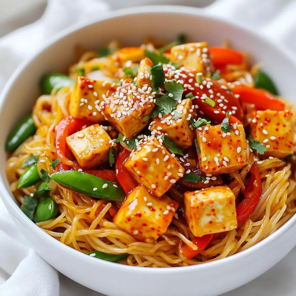 - 200g rice noodles - 200g tofu, cubed - 2 tablespoons gochujang (Korean red chili paste) - 1 tablespoon sesame oil - 1 tablespoon soy sauce - 1 tablespoon honey or maple syrup - 1 clove garlic, minced - 1 teaspoon ginger, grated - 1 red bell pepper, sliced - 1 cup snap peas - 2 green onions, chopped - Sesame seeds and fresh cilantro for garnish This dish starts with the rice noodles. They give the meal a great base. I love using rice noodles because they cook quickly and have a nice chewy texture. Next, the tofu adds protein and a nice bite. Make sure to cube it well. For the sauce, gochujang is key. It brings heat and depth. You can adjust the heat by adding more gochujang if you like spice. The sesame oil adds a nutty flavor. Soy sauce gives it a savory kick. Honey or maple syrup balances the heat with sweetness. Garlic and ginger bring freshness and warmth. The veggies make this dish colorful and healthy. Red bell pepper adds crunch and sweetness. Snap peas are crisp and bright. Green onions add a fresh bite and a pop of color. Don't forget the sesame seeds and cilantro for garnishing. They add a lovely finish. This combination of ingredients makes spicy gochujang noodles a fun and tasty meal. You can mix and match based on what you have. Enjoy making this dish! {{ingredient_image_1}} First, bring a large pot of water to a boil. Add 200g of rice noodles. Cook them according to the package instructions until they are al dente. Once done, drain the noodles and set them aside. In a small bowl, mix 2 tablespoons of gochujang, 1 tablespoon of sesame oil, and 1 tablespoon of soy sauce. Add 1 tablespoon of honey or maple syrup to balance the heat. Then, add 1 clove of minced garlic and 1 teaspoon of grated ginger. Stir until everything is well combined. If you like more spice, feel free to add more gochujang. Next, heat a little oil in a skillet over medium-high heat. Add 200g of cubed tofu to the skillet. Sauté the tofu for about 5 to 7 minutes until it is golden brown on all sides. Once cooked, remove the tofu from the skillet and set it aside. In the same skillet, add the sliced red bell pepper and 1 cup of snap peas. Stir-fry the vegetables for about 3 to 4 minutes. You want them to be tender but still crisp. Now, it’s time to combine everything! Toss the cooked noodles into the skillet with the vegetables. Pour the prepared sauce over the noodles and mix well. Finally, add the sautéed tofu back into the skillet. Gently mix everything together until the noodles are coated in sauce. Plate the spicy gochujang noodles into bowls. Garnish them with chopped green onions, sesame seeds, and fresh cilantro. Enjoy your tasty creation! You can easily change the heat level in this dish. Start with 2 tablespoons of gochujang. Taste the sauce after mixing. If you want more heat, add more gochujang. Just remember, a little goes a long way! Tofu can be tricky, but I have some tips. First, use firm or extra-firm tofu. Press the tofu to remove excess water. This helps it get crispy. Heat a non-stick skillet over medium-high heat. Add a little oil and let it get hot. Then, add the cubed tofu. Cook until it’s golden brown on all sides, about 5-7 minutes. Don’t stir too much; let it sit to form a crust. To cook rice noodles, follow the package instructions closely. Bring water to a boil first. Add the noodles and stir gently. Cook until they are al dente. This usually takes about 4-6 minutes. Drain them quickly and rinse under cold water. This stops the cooking process and keeps them from sticking together. Pro Tips Adjust the Spice Level: If you prefer a milder dish, start with less gochujang and gradually add more to taste. Use Firm Tofu: For the best texture, opt for firm or extra-firm tofu, as it holds its shape better during cooking. Add Crunch: Add chopped peanuts or cashews as a topping for an extra crunch and flavor contrast. Customize Your Veggies: Feel free to substitute with your favorite vegetables like broccoli or carrots for a different twist. {{image_2}} You can change the protein in spicy gochujang noodles. Try using chicken, shrimp, or tempeh. - Chicken: Sauté diced chicken breast until cooked through. This adds a juicy taste. - Shrimp: Cook shrimp until they turn pink. They add a nice, sweet flavor. - Tempeh: For a plant-based option, use tempeh. Sauté it for great texture and taste. Feel free to swap out the veggies in the recipe. This can add new flavors and colors. - Broccoli: It cooks well and adds crunch. Just steam or stir-fry it briefly. - Carrots: Slice them thinly and add them for a sweet taste. They look pretty too. - Bell Peppers: Use different colors for a vibrant dish. They all taste great! You can make spicy gochujang noodles gluten-free with simple swaps. - Noodles: Use gluten-free rice noodles or another gluten-free pasta. - Soy sauce: Choose gluten-free soy sauce or tamari. This keeps the flavor while avoiding gluten. - Other ingredients: Always check labels to ensure other items are gluten-free. These variations let you customize your spicy gochujang noodles. Enjoy experimenting! To keep your spicy gochujang noodles fresh, store them in an airtight container. Place them in the fridge if you plan to eat them within a few days. They will stay good for about 3 to 4 days. Make sure to cool the noodles to room temperature before sealing them up. This helps prevent moisture build-up and keeps your noodles from getting soggy. When you’re ready to enjoy your leftovers, gently reheat them. You can use a skillet over low heat. Add a splash of water or a little oil to help revive the texture. Stir often to ensure even heating. You can also use the microwave. Just cover the bowl with a lid or a damp paper towel to keep moisture in. Heat in short bursts, stirring in between, until warm. If you want to save your spicy gochujang noodles for later, freezing is a great option. Place the cooled noodles in a freezer-safe bag. Squeeze out as much air as possible before sealing. They can last up to 2 months in the freezer. To thaw, move them to the fridge for a few hours or overnight. Then reheat as mentioned above for the best texture. Gochujang is a thick, red paste from Korea. It is made from red chili powder, glutinous rice, fermented soybeans, and salt. This paste gives dishes a spicy and slightly sweet flavor. Its rich depth adds warmth and complexity. You can find gochujang in many grocery stores or Asian markets. Yes, you can use other noodles. Some great options include udon, soba, or even spaghetti. Each type will change the dish's texture and flavor. Just follow the cooking instructions on the package. Make sure the noodles cook until they are tender but not mushy. Yes, this dish is vegan! The ingredients are all plant-based. You can enjoy it without any animal products. The tofu adds protein, making the meal filling and nutritious. Feel free to add more veggies for an extra boost. The noodles will stay fresh for about 3 to 4 days in the fridge. Store them in an airtight container to keep them safe. When you reheat them, add a splash of water to help revive their texture. Absolutely! To make it spicier, add more gochujang to the sauce. You can also include sliced fresh chili peppers or a sprinkle of red pepper flakes. Adjust the heat level to match your taste. Enjoy experimenting with different spice levels! In this blog post, we explored a simple dish with rice noodles and tofu. We covered essential ingredients, from the spicy gochujang to fresh vegetables. I shared step-by-step instructions to guide you through cooking, along with tips for perfecting tofu and noodles. Consider variations like different proteins and veggies to suit your taste. With easy storage tips, you can enjoy leftovers too. Try this flavorful recipe and make it your own! Happy cooking!