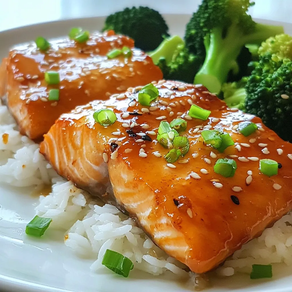 - 4 salmon fillets - 1/4 cup pure maple syrup - 2 tablespoons low sodium soy sauce The main ingredients form the base of this dish. Salmon fillets are rich in flavor and healthy fats. The maple syrup adds sweetness, while soy sauce gives a salty depth to the glaze. Together, they create a perfect balance. - 1 tablespoon Dijon mustard - 2 cloves garlic, minced - 1 teaspoon grated fresh ginger - 1 tablespoon sesame oil - Salt and pepper to taste These enhancements elevate the dish. Dijon mustard adds tanginess. Garlic and ginger provide warmth and depth. Sesame oil contributes a toasted nut flavor. Salt and pepper round out these tastes, making each bite more exciting. - 2 green onions, chopped - Sesame seeds Garnishing is key to presentation. Chopped green onions add a fresh crunch. Sesame seeds give a nutty crunch and visual appeal. These simple garnishes make your dish look and taste gourmet. {{ingredient_image_1}} To start, gather your ingredients. In a medium bowl, whisk together these items: - 1/4 cup pure maple syrup - 2 tablespoons low sodium soy sauce - 1 tablespoon Dijon mustard - 2 cloves garlic, minced - 1 teaspoon grated fresh ginger - 1 tablespoon sesame oil The mix of sweet and savory makes a great base. Whisk until everything blends well. This will be the magic that flavors your salmon. Next, take your four salmon fillets. Place them in a shallow dish or a resealable bag. Pour the marinade over the salmon. Make sure each fillet is coated well. Cover the dish or seal the bag and put it in the fridge. Let it marinate for at least 30 minutes. The longer, the better. One hour is even best for more flavor. Now it's time to bake. Preheat your oven to 400°F (200°C). Line a baking sheet with parchment paper. This makes for easy cleanup later. Take the salmon from the fridge. Shake off any extra marinade, but keep it. Place the fillets on the baking sheet, skin-side down. Bake the salmon for 12 to 15 minutes. It's done when it flakes easily with a fork. While the salmon bakes, take the reserved marinade. Pour it into a small saucepan and heat it over medium heat. Bring it to a boil, then reduce to low. Let it simmer for 3 to 4 minutes until it thickens slightly. When the salmon is ready, remove it from the oven. Brush the thickened glaze over each fillet. This adds an extra layer of flavor. For a pretty finish, garnish with chopped green onions and sesame seeds before serving. Enjoy your tasty dish! To cook salmon perfectly, timing is key. Bake your salmon for 12-15 minutes at 400°F (200°C). The salmon is done when it flakes easily with a fork. If you prefer it medium-rare, check it at 10-12 minutes. Always use a fork to test for doneness. Marinate your salmon for at least 30 minutes. For deeper flavor, try to marinate it for 1 hour. You can add more garlic or a splash of lime juice for a twist. Fresh herbs like cilantro or basil can also elevate the taste. Serve the salmon over a bed of jasmine rice or quinoa. Pair it with colorful sides like steamed broccoli or asparagus. For a pop of color, garnish with chopped green onions and sesame seeds. Drizzle some of the thickened glaze over the salmon before serving for extra shine and flavor. Pro Tips Marinate Longer for Deeper Flavor: Allow the salmon to marinate for at least 1 hour, or even overnight if time permits, to enhance the flavor profile. Use a Meat Thermometer: For perfectly cooked salmon, use a meat thermometer to check for an internal temperature of 145°F (63°C). Broil for Extra Crispiness: For a crispy top, switch to broil for the last 2-3 minutes of cooking, keeping a close eye to prevent burning. Experiment with Garnishes: Try adding different garnishes like cilantro or lime zest for a unique twist on the dish. {{image_2}} You can switch up the salmon for other fish. Try using trout or tilapia. They work well with the same glaze. For a twist, you can use chicken or tofu. Each option brings a different taste. You can also change the sweetener. If you don’t have maple syrup, use honey or agave. Each sweetener gives a unique flavor to the dish. Just remember to adjust the amount to taste. Want some heat? Add red pepper flakes or sriracha to the marinade. This spice kicks up the flavor. You can also use chili paste if you love a bold taste. If you're not a fan of maple syrup, try orange juice or lemon juice. Both add a bright, zesty flavor. You can mix juice with a bit of brown sugar for a sweet touch. You can grill or bake the salmon. Grilling gives the fish a smoky flavor. It also creates those lovely grill marks. Baking is simple and keeps the fish moist. If you prefer, cook the salmon on the stovetop. Just sear it in a hot pan for about 4-5 minutes per side. Broiling is another option. Place the salmon under the broiler for a quick cook. This method also caramelizes the glaze nicely. To keep your maple soy glazed salmon fresh, store it in the fridge. Place it in an airtight container. This helps keep flavors locked in. Salmon stays good for about 3 days in the fridge. If you want to keep it longer, freezing is a great option. When it's time to eat leftovers, reheating needs care. The best way is to use the oven. Preheat your oven to 350°F (175°C). Place the salmon on a baking sheet. Heat it for about 10 minutes until warm. This keeps the salmon moist. You can also use a microwave, but it can dry it out. If you choose the microwave, use a low setting and cover it with a damp paper towel. Yes, you can freeze salmon. Wrap each fillet tightly in plastic wrap. Then, place them in a freezer bag. This prevents freezer burn. Salmon can last for about 2 to 3 months in the freezer. When you're ready to eat, thaw it in the fridge overnight. This helps keep its texture and flavor. I recommend marinating salmon for at least 30 minutes. For the best flavor, one hour is ideal. This time lets the salmon soak up all the tasty maple and soy flavors. Don’t marinate it for too long, as the acid can change the texture. Yes, salmon can be safe to eat medium-rare. The USDA suggests cooking salmon to an internal temperature of 145°F. If you prefer it less cooked, ensure it comes from a reliable source. Fresh, high-quality salmon is key for safety. You can serve the salmon with jasmine rice or quinoa for a filling meal. Steamed broccoli or asparagus adds a nice touch of color and health. A drizzle of the glaze on the sides makes it even better! This blog post explored how to make Maple Soy Glazed Salmon. We covered the key ingredients and their flavor roles. I shared step-by-step instructions for a simple marinading and baking process. You also learned tips to elevate your dish and make it visually appealing. Variations offer creative ways to adjust flavors and cooking methods. Lastly, our storage info ensures you can enjoy leftovers later. Try this recipe to impress your family with a tasty meal!