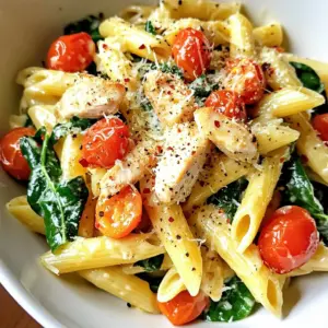 - 8 oz penne pasta - 1 lb boneless, skinless chicken breast, diced - 4 cups fresh spinach, roughly chopped - 1 cup cherry tomatoes, halved - 1/2 cup heavy cream - 1/2 cup grated Parmesan cheese - 3 cloves garlic, minced - 2 tablespoons olive oil - 1 teaspoon Italian seasoning - Salt and pepper to taste - Crushed red pepper flakes (optional) When I cook Spinach Chicken Pasta, I gather these fresh ingredients. First, I choose 8 ounces of penne pasta. This pasta shape holds the sauce well. Next, I select 1 pound of boneless, skinless chicken breast, diced into bite-sized pieces. The chicken adds protein and flavor. For a pop of color and taste, I add 4 cups of fresh spinach. I roughly chop the spinach to make it easy to eat. I also include 1 cup of cherry tomatoes, halved. These tomatoes bring sweetness and freshness to the dish. To create a creamy sauce, I use 1/2 cup of heavy cream. I mix in 1/2 cup of grated Parmesan cheese for a rich, cheesy flavor. For flavor, I add 3 cloves of minced garlic. The garlic gives the dish a wonderful aroma. I heat the dish with 2 tablespoons of olive oil. I also sprinkle in 1 teaspoon of Italian seasoning. Finally, I season with salt and pepper to taste. If you like heat, add crushed red pepper flakes for a spicy kick. With these ingredients ready, you can make a savory meal in no time! {{ingredient_image_1}} Start by boiling a large pot of salted water. Use about 1 tablespoon of salt for 8 oz of penne pasta. Once the water boils, add the pasta. Cook it for about 10-12 minutes until it&rsquo;s al dente. After cooking, drain the pasta but save 1/2 cup of the water. This water helps later to adjust the sauce. In a large skillet, heat 2 tablespoons of olive oil over medium heat. Add 1 pound of diced chicken breast. Season it with salt, pepper, and 1 teaspoon of Italian seasoning. Cook the chicken for about 5-7 minutes. It should be browned and fully cooked. Next, stir in 3 cloves of minced garlic. Cook this for 1 minute until it smells great. Then, add 4 cups of roughly chopped spinach and 1 cup of halved cherry tomatoes. Saut&eacute; these for another 3-4 minutes. The spinach will wilt, and the tomatoes will soften. Now, lower the heat and pour in 1/2 cup of heavy cream. Stir it well to mix. Gradually add in 1/2 cup of grated Parmesan cheese. Stir until it melts and becomes creamy. If the sauce is too thick, slowly mix in the reserved pasta water until it reaches your desired consistency. Finally, add the drained penne pasta to the skillet. Toss everything together so the pasta is coated in the sauce. Allow it to heat through for another 2-3 minutes. Taste and adjust the seasoning with salt, pepper, and optional crushed red pepper flakes for heat. To make sure the chicken is cooked all the way, use a meat thermometer. The chicken should reach 165&deg;F in the thickest part. This keeps it safe and juicy. When adding spinach and cherry tomatoes, add them at the right time. Saut&eacute; the spinach until it wilts and the tomatoes soften. This takes about 3-4 minutes. It makes the dish fresh and colorful. To get a creamy sauce without curdling, keep the heat low when adding cream. Stir the cream in slowly and let it warm up. This helps it blend well. If your sauce is too thick, use the pasta water you set aside. Add a little at a time until it&rsquo;s just right. This keeps the sauce light and helps it cling to the pasta. For extra flavor, add fresh herbs like basil or parsley. Just chop them and toss them in at the end. You can also play with spices. Try adding garlic powder or onion powder for a twist. If you like heat, sprinkle in some crushed red pepper flakes. This will make your Spinach Chicken Pasta pop with flavor. Pro Tips Perfectly Cooked Pasta: Always cook your pasta until al dente, as it will continue to cook slightly when mixed with the sauce. Use Fresh Ingredients: Fresh spinach and ripe cherry tomatoes will enhance the flavor and nutrition of your dish. Adjust Creaminess: If the sauce is too thick, gradually add reserved pasta water until you achieve the desired creamy consistency. Enhance Flavor with Seasoning: Don&rsquo;t forget to taste and adjust the seasoning with salt, pepper, and crushed red pepper flakes to suit your preference. {{image_2}} You can switch up the protein in this dish easily. Shrimp makes a great choice. Cook the shrimp until they are pink and tender. Tofu is another option. Use firm tofu and press it to remove excess moisture. Cut it into cubes, season, and saut&eacute; until golden. For a vegetarian option, consider chickpeas or lentils. Both add protein and texture. They also soak up the sauce well. This way, you can still enjoy a filling meal without meat. While penne pasta works well, feel free to explore other types. Fusilli, farfalle, or even spaghetti can be fun alternatives. Each shape holds the sauce differently, giving you a new taste experience. If you need a gluten-free option, use rice pasta or quinoa pasta. Both options cook quickly and pair nicely with the sauce. Just be sure to follow the package instructions for the best results. Want to lower the calories? Use less cream or swap it for Greek yogurt. This keeps the dish creamy while cutting down on fat. You can also use whole wheat pasta for added fiber. If you are looking for low-carb options, try zucchini noodles or spaghetti squash. They are light and still soak up the sauce. For a dairy-free sauce, use coconut cream instead of heavy cream. It adds a subtle sweetness that pairs well with the other flavors. After you enjoy your Spinach Chicken Pasta, store any leftovers in the fridge. Here are some tips: - Cool down first: Let the pasta sit at room temperature for about 30 minutes. This helps prevent bacteria growth. - Use airtight containers: Glass or BPA-free plastic containers work best. They keep the food fresh and avoid any spills. When it's time to eat your leftovers, you can reheat them easily. Here&rsquo;s how: - Microwave: Place the pasta in a microwave-safe bowl. Add a splash of water or cream to keep it moist. Cover with a lid or microwave-safe wrap. Heat in 30-second bursts until warm. - Stovetop: Heat a skillet over medium heat. Add a little olive oil or water. Toss in the pasta and stir often. This way, it warms evenly and stays creamy. To keep your pasta from drying out, always add a bit of liquid when reheating. Enjoy your meal again! Spinach Chicken Pasta lasts about 3 to 4 days in the fridge. Store it in an airtight container. Make sure it cools down first. This keeps the pasta fresh and tasty. Yes, you can freeze Spinach Chicken Pasta. Place it in a freezer-safe container. It stays good for about 2 to 3 months. When ready, thaw it in the fridge overnight. Reheat in the microwave or on the stove. You can use half-and-half as a substitute for heavy cream. For a lighter option, use whole milk with a bit of butter. This gives you creaminess without the heaviness. The chicken is fully cooked when it reaches an internal temperature of 165&deg;F. You can cut a piece in half and check that it's no longer pink. The juices should run clear, showing that it is done. Yes, you can make Spinach Chicken Pasta ahead of time. Cook it and let it cool. Store it in the fridge for up to 3 days. Reheat it when you're ready to serve for a quick meal. This blog post showed you how to make a tasty Spinach Chicken Pasta dish. We covered the ingredients, step-by-step instructions, and helpful tips. I shared ideas for variations and storage info. Now you have everything you need to create this meal easily. Don&rsquo;t hesitate to swap ingredients and make it your own. Enjoy cooking and savoring this delicious dish!