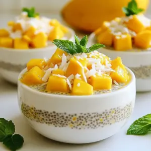 - 1 cup coconut milk (canned or carton): Canned coconut milk gives a rich flavor. Carton coconut milk is lighter but works well too. Both options add creaminess to your pudding. - 1/2 cup almond milk (or any milk of choice): You can use almond milk for a nutty taste. Other options like oat or soy milk also work. Choose what you like or need for your diet. - 1/4 cup chia seeds: Chia seeds are small but mighty. They thicken the pudding as they soak. They also add healthy fiber and omega-3 fatty acids. - 2 tablespoons maple syrup (or honey for a non-vegan option): Maple syrup gives a warm sweetness. Honey is another great choice if you're not vegan. Adjust the amount to fit your taste. - 1 teaspoon vanilla extract: Vanilla adds a lovely aroma and flavor. It makes each bite feel special. - 1 ripe mango, diced: A ripe mango brings a fresh, juicy burst. Dice it into small pieces for easy eating. - 1/4 cup shredded coconut (unsweetened): Shredded coconut adds texture and flavor. Use unsweetened to keep it healthy. - A pinch of salt: A small pinch of salt enhances all the flavors. It balances the sweetness. - Fresh mint leaves for garnish: Mint adds a pop of color and freshness. It makes your dish look beautiful and bright. This list of ingredients sets the stage for your Mango Coconut Chia Pudding. Each item plays a role in making this dessert healthy and delightful. Choose your ingredients based on what you enjoy and what fits your diet. {{ingredient_image_1}} 1. Start by mixing the liquid ingredients. In a large mixing bowl, whisk together 1 cup of coconut milk and 1/2 cup of almond milk. Add 2 tablespoons of maple syrup and 1 teaspoon of vanilla extract. Don&rsquo;t forget a pinch of salt! This mix gives your pudding a sweet, rich flavor. 2. Next, incorporate the chia seeds. Stir in 1/4 cup of chia seeds into the liquid mix. Make sure to mix thoroughly. You want to break up any clumps. This step is key for a smooth pudding texture. 3. Now, refrigeration and setting time are crucial. Cover the bowl with plastic wrap or a lid. Place it in the fridge for at least 4 hours. For the best results, leave it overnight. The chia seeds will absorb the liquid and thicken the mixture nicely. 1. When ready to serve, take the pudding out of the fridge. Give it a good stir. If the pudding is too thick, add a splash more almond milk. 2. Portion the chia pudding into four small bowls or glasses. This makes it easy to serve. 3. For presentation, top each bowl with diced mango. Sprinkle 1/4 cup of shredded coconut on top for added texture. 4. Lastly, garnish with fresh mint leaves. This adds a pop of color and freshness. Enjoy your Mango Coconut Chia Pudding! To get the right texture for your chia pudding, use almond milk wisely. If your pudding is too thick, add more almond milk. This helps adjust the thickness. You want it creamy, not too runny. Even distribution of chia seeds is key. When you mix them in, stir well. This keeps the seeds from clumping together. A smooth pudding is so much nicer to eat. For sweetness, maple syrup works great. It adds a nice flavor. If you prefer honey, that&rsquo;s fine too. Just know honey is not vegan. You can try other sweeteners as well. Agave nectar or stevia are good options. These can change the taste a bit, but they keep it sweet. Adjust based on what you like best. Pro Tips Use Ripe Mangoes: The sweetness and flavor of your mango pudding depend on the ripeness of the mango. Choose mangoes that are slightly soft to the touch for the best taste. Adjust Sweetness: Depending on your preference and the natural sweetness of your mangoes, feel free to adjust the amount of maple syrup or honey in the recipe. Chia Seed Soaking: Allowing the chia seeds to soak overnight will give you a creamier texture. If you're short on time, 4 hours is the minimum soaking time. Experiment with Toppings: While mango and coconut are delicious, you can also try other toppings such as berries, nuts, or a drizzle of honey for added flavor and texture. {{image_2}} You can make your Mango Coconut Chia Pudding even more fun. Adding other fruits is a great way to change the taste. Berries like strawberries or blueberries add a sweet and tart touch. Bananas give a creamy texture and a rich flavor. Feel free to mix and match your favorite fruits! You can also infuse your pudding with extra flavors. Adding lime zest can brighten the coconut flavor. A splash of vanilla extract makes it even more delicious. You can play around with these flavors and find what you like best. This recipe is flexible for many diets. It&rsquo;s vegan since it uses coconut and almond milk. You can swap maple syrup for honey if you prefer. This keeps it versatile for anyone. If you want a low-sugar version, you can cut down on the maple syrup. You can also use a sugar substitute, if you like. This way, you can enjoy the pudding without worrying about sugar. Gluten-free folks will love this recipe, too, since all the ingredients are gluten-free. It's a tasty treat that fits many needs! Chia seeds are tiny but packed with nutrition. They are high in fiber, which helps digestion. The fiber also keeps you full longer, helping with weight control. Chia seeds contain omega-3 fatty acids, which are good for heart health. They provide protein, making this dessert a filling choice. Coconut milk adds a rich, creamy flavor. It is dairy-free, great for those with lactose issues. Coconut milk has medium-chain triglycerides (MCTs), which can boost energy and aid weight loss. Almond milk is low in calories and also dairy-free. It contains vitamin E, which is great for skin health. Together, these milks make this pudding both tasty and healthy. You can enjoy mango coconut chia pudding in many ways. It works well as a breakfast option. Pair it with fresh fruit or nuts for extra flavor. You can also serve it as a snack or dessert. This pudding is a great choice for a balanced diet. It combines healthy fats, protein, and fiber. Feel free to add it to a fruit salad or yogurt. You can even layer it in a parfait for a fun twist. This way, you get a delicious treat that is also good for you! Mango coconut chia pudding stays fresh for about five days in the fridge. Store it in a sealed container. After five days, the chia seeds may lose their texture. To keep it fresh, only make what you can eat in a few days. Yes, you can use other milks. Almond milk works well, but any plant-based milk is fine. If you prefer dairy, regular milk is also great. Just remember that different milks can change the flavor a bit. Soaking chia seeds is important for this recipe. It helps them swell and thicken the pudding. If you mix them dry, they won&rsquo;t absorb the liquid well. Soaking ensures a smooth, creamy texture. This blog post covered how to make delicious mango coconut chia pudding. We discussed ingredients, preparation steps, and tips for the best texture. You can adjust sweetness and explore tasty variations for all dietary needs. The health benefits of chia seeds and the use of coconut and almond milk make this recipe a great choice. Try this pudding as a healthy snack or breakfast. Enjoy the process of creating something tasty and nutritious!