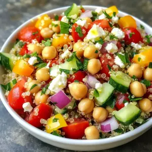 To make a Mediterranean Chickpea Quinoa Salad, gather these key ingredients: - 1 cup quinoa, rinsed - 2 cups vegetable broth or water - 1 can (15 oz) chickpeas, drained and rinsed - 1 cup cherry tomatoes, halved - 1 cucumber, diced - 1/2 red onion, finely chopped - 1/2 bell pepper (any color), diced - 1/4 cup kalamata olives, pitted and sliced - 1/4 cup feta cheese, crumbled (optional) - 1/4 cup fresh parsley, chopped - 1/4 cup olive oil - 2 tablespoons lemon juice - 1 teaspoon dried oregano - Salt and pepper to taste You can customize this salad. Here are some options: - Use different grains like farro or brown rice instead of quinoa. - Swap chickpeas for black beans or lentils for a twist. - Add avocado for creaminess. - Replace feta with a vegan cheese for a dairy-free option. - Try fresh herbs like basil or mint for extra flavor. This salad is not just tasty; it&rsquo;s also packed with nutrition: - Quinoa: High in protein and fiber, it helps keep you full. - Chickpeas: Great source of plant protein and iron for energy. - Tomatoes: Rich in vitamins C and K, plus antioxidants. - Cucumber: Hydrating and low in calories, perfect for fresh crunch. - Red onion: Contains antioxidants that may support heart health. - Bell pepper: Full of vitamins A and C, boosting your immune system. - Olives: Provide healthy fats and may benefit heart health. - Feta cheese: Adds calcium and flavor, though it&rsquo;s optional. - Olive oil: A healthy fat that can aid in lowering bad cholesterol. - Lemon juice: Provides vitamin C and adds tangy brightness to the salad. - Oregano: Has anti-inflammatory properties and adds great flavor. This salad is a vibrant mix of flavors and nutrients, making it a fantastic choice for a healthy meal. {{ingredient_image_1}} Start by rinsing one cup of quinoa. This step helps remove any bitter taste. Then, place the quinoa in a medium saucepan. Add two cups of vegetable broth or water. Bring the mixture to a boil over medium-high heat. Once it boils, reduce the heat to low. Cover the pot and simmer for 15 minutes. The quinoa should absorb all the liquid. After 15 minutes, remove the pot from heat. Let it sit covered for five minutes. Fluff the quinoa with a fork and let it cool. While the quinoa cools, grab a large mixing bowl. Add one can of drained chickpeas to the bowl. Then, add one cup of halved cherry tomatoes. Next, dice one cucumber and add it to the mix. Finely chop half a red onion and toss it in. Dice half a bell pepper of any color and add it. Slice a quarter cup of kalamata olives and mix them in, too. Finally, chop a quarter cup of fresh parsley and add it to the bowl. Gently toss all the ingredients to combine them well. In a small bowl, whisk together a quarter cup of olive oil and two tablespoons of lemon juice. Add one teaspoon of dried oregano, along with salt and pepper to taste. Once the quinoa has cooled, add it to the salad mixture. Pour the dressing over everything. Toss gently until all ingredients are well coated. If you like, sprinkle a quarter cup of crumbled feta cheese on top. Gently mix it in. Taste the salad and adjust the seasoning if needed. Enjoy this fresh and healthy dish! To make perfect quinoa, start by rinsing it. This removes the bitter coating called saponin. Use two parts liquid for one part quinoa. I like to use vegetable broth for extra flavor. Bring it to a boil, then lower the heat. Cover and let it simmer for 15 minutes. After cooking, let the quinoa sit for five minutes before fluffing it with a fork. This helps it stay light and airy. To boost the flavor, add herbs and spices. Dried oregano works great in this salad. You can also use fresh herbs like basil or mint. For texture, consider adding crunchy veggies. Bell peppers and cucumbers add a nice bite. If you want creaminess, sprinkle feta cheese on top. It pairs well with the tangy dressing. Serve the salad in a colorful bowl. This makes it look fresh and inviting. Add some whole olives and extra parsley on top for a pop of color. You can also serve it chilled or at room temperature. This makes it perfect for picnics or potlucks. Enjoy this salad as a main dish or a side. Pair it with grilled chicken or fish for a complete meal. Pro Tips Cook Quinoa Perfectly: To ensure your quinoa is fluffy, rinse it thoroughly before cooking to remove any bitterness, and use vegetable broth for added flavor. Add Flavor to Dressing: Enhance the dressing by adding a teaspoon of Dijon mustard or a pinch of red pepper flakes for a spicy kick. Make It a Meal: To turn this salad into a complete meal, consider adding grilled chicken, shrimp, or avocado for extra protein and healthy fats. Customize Ingredients: Feel free to swap in seasonal vegetables or your favorite beans to make the salad your own; bell peppers and cucumbers are just the beginning! {{image_2}} You can make this salad your own by adding fun ingredients. Roasted veggies work well. Try adding zucchini, bell peppers, or carrots. They bring extra flavor and texture. Fresh herbs like mint or basil can also boost taste. Just chop them and mix them in. You can switch up the dressing for new tastes. A tahini dressing brings a creamy touch. To make this, mix tahini, lemon juice, garlic, and water. For a spicy kick, add a dash of hot sauce to the olive oil dressing. Each option gives a unique flavor to the salad. This salad is easy for different diets. To make it vegan, simply skip the feta cheese. The chickpeas and quinoa provide plenty of protein. For gluten-free needs, this salad is already safe. Quinoa is a great gluten-free grain. Feel free to enjoy without worry. To keep your Mediterranean Chickpea Quinoa Salad fresh, store it in the fridge. Place the salad in an airtight container. Make sure to seal it tightly. This will help retain its flavor and nutrients. It&rsquo;s best to eat the salad within three to four days. If you notice any change in smell or color, it&rsquo;s best to discard it. I recommend using glass containers for storage. They are safe and easy to clean. You can also use plastic containers, but choose BPA-free options. Look for containers with tight-fitting lids. This helps keep moisture out. Clear containers make it easy to see your delicious salad. The shelf life of this salad is about four days in the fridge. If you want to freeze it, I advise against freezing the salad with the dressing. The texture may change when thawed. Instead, freeze only the quinoa and chickpeas. To do this, let them cool completely first. Store them in a freezer-safe container. You can enjoy them for up to three months. When ready to eat, thaw in the fridge overnight. Then, mix with fresh veggies and dressing. Chickpeas and quinoa are both very healthy. Chickpeas are full of protein and fiber. They help you feel full and support digestion. They also have vitamins and minerals that are good for your body. Quinoa is a complete protein, meaning it has all nine essential amino acids. It is also rich in antioxidants and magnesium. Together, they make a great pair for a balanced meal. Yes, you can make this salad ahead of time. It tastes even better after sitting in the fridge for a few hours or overnight. This gives the flavors time to blend. Just make sure to keep it in an airtight container. If you add feta cheese, add it right before serving to keep it fresh. This salad goes well with many dishes. You can serve it with grilled chicken or fish for extra protein. It also pairs nicely with pita bread and hummus for a light meal. If you want a complete feast, add a side of roasted vegetables or a fresh fruit salad. Enjoy mixing and matching! This blog covered how to make a tasty Mediterranean Chickpea Quinoa Salad. We discussed the key ingredients, their health benefits, and easy steps for preparing the dish. You learned helpful cooking tips and tricks, plus fun variations to try. We also looked at how to store leftovers and answered common questions. Now you have all you need to create a delicious, healthy meal. Enjoy making and sharing this salad with friends and family!