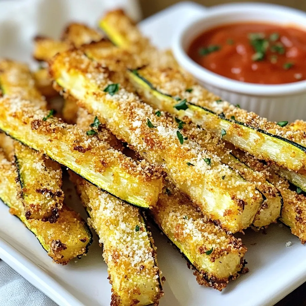 Here are the ingredients you need for Air Fryer Parmesan Zucchini Fries: - 2 medium zucchinis, cut into fry-shaped pieces - 1 cup breadcrumbs (preferably whole wheat for added crunch) - 1/2 cup grated Parmesan cheese - 1 teaspoon garlic powder - 1 teaspoon onion powder - 1/2 teaspoon paprika - Salt and pepper to taste - 2 large eggs, beaten - Olive oil spray Each ingredient plays a key role in making the fries crispy and tasty. Zucchinis are the main star, giving you a healthy base. The breadcrumbs and Parmesan create a crunchy coating. Garlic and onion powder add rich flavor. Paprika brings a hint of smokiness, while salt and pepper enhance everything. Using eggs helps the breadcrumbs stick well. Lastly, the olive oil spray ensures your fries get that golden crispiness. {{ingredient_image_1}} Start by slicing your zucchinis into fry-shaped pieces. Aim for about 1/4 inch thick. This size helps them cook evenly. Next, pat the slices dry with a paper towel. This step is vital because it removes excess moisture. Dry zucchini fries become crispy when cooked. In one bowl, beat two large eggs to create your egg wash. In another bowl, mix the dry ingredients: breadcrumbs, grated Parmesan cheese, garlic powder, onion powder, paprika, salt, and pepper. Make sure to stir well to combine everything evenly. This mixture gives the fries their tasty coating. Take each zucchini fry and dip it into the beaten eggs. Let any excess egg drip off. After that, coat the fry in the breadcrumb mixture. Press the breadcrumbs onto the zucchini. This ensures a good covering that will crisp up during cooking. Place the coated fries on a plate or baking sheet. Preheat your air fryer to 400°F (200°C) for about 5 minutes. Preheating is important because it helps the fries start cooking right away. This step makes them crispy and golden. Arrange the zucchini fries in a single layer in the air fryer basket. If your air fryer is small, you might need to do this in batches. Lightly spray the tops of the fries with olive oil. This adds extra crispiness. Cook for 10-12 minutes, flipping halfway through. Look for a golden brown color and crisp texture. Once cooked, take the fries out of the air fryer. Serve them right away with your favorite dipping sauce. Marinara or ranch are great choices. For a fun touch, arrange the fries on a nice plate. Enjoy your crispy and tasty zucchini fries! To boost the taste of your zucchini fries, try adding more spices and herbs. You can use: - Italian seasoning - Dried oregano - Crushed red pepper flakes These will give your fries a new twist. You can also play with cheese. Instead of just Parmesan, try: - Grated Pecorino Romano - Shredded mozzarella Each cheese offers a different taste that can make your fries even better. For an extra crunch, use whole wheat breadcrumbs. They add a great texture. Another tip is to spray your fries lightly with olive oil. This helps them crisp up nicely in the air fryer. One mistake is overcrowding the air fryer. If you pack the basket too tight, the fries won’t cook evenly. Always leave space for hot air to flow. Another common error is not drying the zucchini properly. Wet zucchini will turn soft. Make sure to pat them dry with a paper towel before coating them. This simple step makes all the difference in getting crispy fries. Pro Tips Dry the Zucchini: Make sure to pat the zucchini dry with paper towels before breading. This step removes excess moisture and helps achieve that perfect crispy texture. Use Panko Breadcrumbs: For an extra crunchy bite, consider using panko breadcrumbs instead of regular breadcrumbs. They provide a delightful texture that enhances the fries. Don’t Overcrowd the Basket: When air frying, arrange the zucchini fries in a single layer and avoid overcrowding. This ensures even cooking and maximum crispiness. Experiment with Seasonings: Feel free to customize the seasoning mix by adding your favorite herbs or spices, such as Italian seasoning or red pepper flakes, to elevate the flavor profile. {{image_2}} You can make these zucchini fries gluten-free. Just swap the regular breadcrumbs for gluten-free breadcrumbs. This change keeps the texture and taste. I recommend checking the package for the best brands. Feel free to get creative with your seasonings! Try adding Italian herbs like oregano or basil. You can also use cayenne pepper for a spicy kick. Mixing in some lemon zest gives a fresh twist. Experimenting allows you to personalize the fries to your taste. Zucchini isn’t the only veggie that works! You can use eggplant, sweet potatoes, or carrots. Cut them into fry shapes, just like zucchini. Each vegetable brings its unique flavor and texture. This variation makes it fun to try new things! To store your zucchini fries, let them cool down first. Wrapping them tightly helps keep them fresh. Use plastic wrap or a sealed container. Make sure to keep them in the fridge. For the best taste, reheat your fries in the air fryer. Set it to 350°F (175°C) for about 5-7 minutes. This method keeps them crispy. You can also use the oven at the same temperature. Heat them on a baking sheet for around 10 minutes. These zucchini fries last about 3 days in the fridge. After that, they lose their crispness and flavor. Always check for any off smells before eating. You should cook zucchini fries for 10 to 12 minutes at 400°F. Flip them halfway for even cooking. This gives you fries that are golden brown and crispy. Using frozen zucchini is not ideal. Frozen zucchini has more water and may turn mushy. Fresh zucchini works best for crispy fries. Marinara sauce is a classic choice. Ranch dressing also pairs well. You can try spicy mayo for a kick. To make zucchini fries crispier, dry them well before coating. Use whole wheat breadcrumbs. A light spray of olive oil adds crunch, too. Yes, you can bake these zucchini fries in an oven. Preheat to 425°F and bake for 20-25 minutes. Flip them halfway to get even crispiness. Zucchini fries are easy to make with simple ingredients and steps. From preparing the zucchini to choosing dips, you learned the best ways to enjoy them. Keep these tips close to avoid common mistakes and make every batch crispy. Remember, you can mix in other veggies and try different flavors for fun. Store leftovers correctly for the best taste. Enjoy making these fries your way!