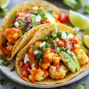 - Cauliflower florets - All-purpose flour (or gluten-free) - Buffalo sauce The heart of the taco is the cauliflower. Start with a large head of cauliflower. Cut it into bite-sized florets. This will help them cook evenly and fit nicely in the tacos. Next is the flour. You can use all-purpose flour or a gluten-free option if needed. This helps create a crispy batter. Finally, you need buffalo sauce. This gives the cauliflower its spicy kick. You can choose your favorite brand or make your own! - Shredded lettuce - Diced tomatoes - Cheese options For toppings, shredded lettuce adds crunch. Diced tomatoes bring a fresh taste. You can also use shredded cheese like cheddar. If you prefer, try a dairy-free cheese too. Add some avocado slices for creaminess. Fresh cilantro is a great choice for flavor. Don&rsquo;t forget lime wedges for a zesty squeeze! - Baking sheet - Whisk - Mixing bowls Gather your tools before you start. A baking sheet is key for roasting the cauliflower. Use parchment paper to prevent sticking. You&rsquo;ll need a whisk to mix your batter. A couple of mixing bowls will help keep things organized. This will make the cooking process smoother. {{ingredient_image_1}} - First, preheat your oven to 450&deg;F (230&deg;C). This step is key for crispiness. - In a medium bowl, mix 1 cup of all-purpose flour, 1 teaspoon of garlic powder, 1 teaspoon of onion powder, 1 teaspoon of paprika, and 1/2 teaspoon of salt. - Gradually pour in 1 cup of water, stirring until the batter is smooth. - Take each cauliflower floret and dip it into the batter. - Let the excess batter drip off before placing the floret on a lined baking sheet. - Bake for 20-25 minutes until the cauliflower is golden and crispy. - After baking, drizzle 1/2 cup of buffalo sauce over the cauliflower and toss gently. - Return it to the oven for another 10 minutes to let the sauce bake in. - Warm 8 small corn or flour tortillas in a dry skillet for about 30 seconds on each side. - Place a generous amount of buffalo cauliflower on each tortilla. - Top with 1 cup of shredded lettuce, 1/2 cup of diced tomatoes, 1/2 cup of shredded cheese, and slices of 1 avocado. - Finish by adding 1/4 cup of chopped fresh cilantro and squeezing lime juice over the tacos before serving. To make your buffalo cauliflower crispy, follow these steps: - Use a large head of cauliflower. Cut it into bite-sized florets. - Make a smooth batter with flour, water, and spices. A thick batter helps. - Bake at 450&deg;F (230&deg;C) for 20-25 minutes. Check for a golden color. If your cauliflower is not crispy enough, extend the baking time by 5 minutes. These tacos taste great with fresh sides. Try serving them with: - A simple salad of mixed greens. - Crunchy coleslaw for extra texture. - Spicy pickles to add flavor. For drinks, I suggest: - A cold beer for a classic match. - Sparkling water with lime for a refreshing sip. You can easily adjust this recipe for your needs. Here are some ideas: - For a vegan option, use a dairy-free cheese. - Substitute all-purpose flour with gluten-free flour for a gluten-free dish. - Mix in your favorite spices to the batter to change the flavor. This way, everyone can enjoy delicious buffalo cauliflower tacos! Pro Tips Choose the Right Cauliflower: Select a large head of cauliflower that is firm and heavy for its size, ensuring it will yield tender and flavorful florets when cooked. Adjust the Spice Level: If you prefer milder tacos, use a mild buffalo sauce or mix it with a little yogurt or sour cream to tone down the heat. Make it a Meal Prep: You can prepare the battered cauliflower in advance. Store it in the fridge before baking for a quick meal option during the week. Experiment with Toppings: Feel free to customize your tacos with additional toppings like diced red onions, jalape&ntilde;os, or a drizzle of ranch dressing for extra flavor. {{image_2}} You can easily change the taste of your Buffalo Cauliflower Tacos. Start by adding spices to the batter. Try a pinch of cayenne for heat or smoked paprika for a deeper flavor. These small tweaks can make a big difference. You can also explore different sauce options. If buffalo sauce is too spicy, use a milder hot sauce or even barbecue sauce. Each sauce brings out new layers in the cauliflower. Toppings can change the whole dish. Instead of shredded cheese, try vegan cheese or leave it out for a lighter taco. You can add sliced jalape&ntilde;os or pickled onions for extra zing! If you want to swap veggies, use broccoli or Brussels sprouts instead of cauliflower. Both work well with the batter and sauce. They give a nice crunch and flavor boost. Tortillas come in many types. Use corn tortillas for a traditional touch or flour tortillas for a softer bite. You can even try lettuce wraps for a low-carb option. Another fun idea is to serve the buffalo cauliflower as a salad. Just pile the toppings on a bed of greens. Drizzle with lime juice for a fresh twist. This style is great for those who want a lighter meal. To keep your Buffalo Cauliflower Tacos fresh, use airtight containers. This helps lock in flavor. Place the tacos in a single layer if possible. You can also store the cauliflower and tortillas separately. This method keeps them crisp. Leftovers stay good in the fridge for up to three days. If you need to store them longer, consider freezing the cauliflower. To reheat, use an oven or an air fryer. Set the oven to 350&deg;F (175&deg;C). Place the cauliflower on a baking sheet. Heat for about 10-15 minutes. This method helps keep the cauliflower crisp. If you use a microwave, the cauliflower may get soggy. To avoid this, only microwave for a short time. Heat in 30-second bursts instead. Enjoy your tacos warm and crispy! Yes, you can prepare these tacos in advance. I recommend cooking the cauliflower first. After baking, let it cool completely. Store the cauliflower in an airtight container in the fridge. You can keep it for up to three days. When you're ready to eat, just reheat the cauliflower in the oven. Warm the tortillas fresh to keep them soft. This method helps keep the tacos tasty. If you want a change, there are many options. You can use BBQ sauce for a sweeter touch. Sriracha or hot sauce works well for more heat. You can also try a homemade sauce with hot sauce and butter. Mixing ranch dressing with hot sauce creates a creamy version. These alternatives let you customize your flavor profile. The spice level of these tacos depends on the buffalo sauce you choose. Some brands are milder, while others are very hot. You can adjust the heat by mixing the sauce with yogurt or sour cream. This makes it softer for those who prefer less spice. You can start with a small amount of sauce and add more as needed. This way, everyone can enjoy their tacos just right. You&rsquo;ve learned how to make tasty Buffalo Cauliflower Tacos from scratch. We discussed key ingredients like cauliflower, buffalo sauce, and your choice of flour. Next, we covered prepping, baking, and assembling your tacos with fresh toppings. Remember, you can tweak this recipe to suit your taste. Experiment with flavors and enjoy your creation! Storing leftovers and reheating them correctly ensures you can savor these tacos later. Dive into the fun of making and customizing these delicious tacos, and enjoy every bite!