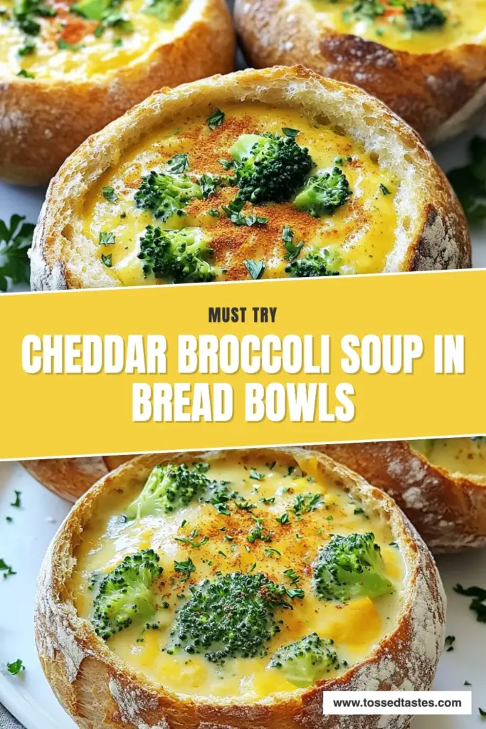 Enjoy a cozy meal with this delicious Cheddar Broccoli Soup recipe served in homemade bread bowls! This creamy broccoli soup is packed with flavor and easy to make. Perfect for a family dinner or a gathering, each bread bowl is filled with rich cheddar goodness that everyone will love. Try baking bread bowls for an adorable presentation. Save this recipe for a comforting treat! #CheddarBroccoliSoup #SoupInBreadBowls #HomemadeSoup #ComfortFood
