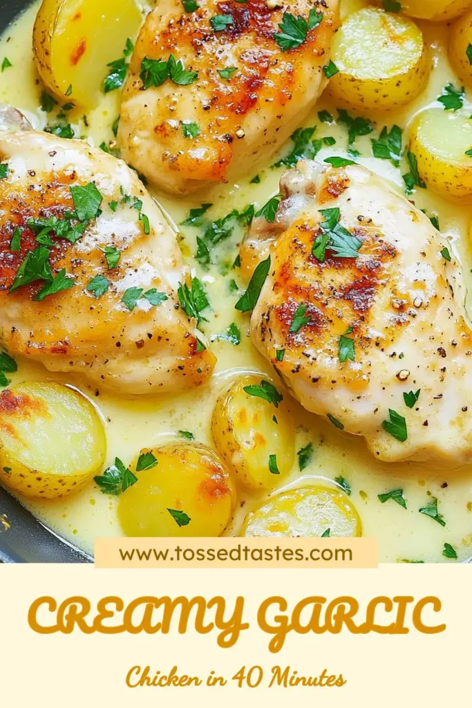 Discover an easy chicken dinner with this creamy garlic chicken recipe featuring tender garlic chicken and potatoes. This delicious one-pan garlic chicken dish combines juicy chicken breasts, creamy sauce, and perfectly cooked baby potatoes for a family-friendly meal. Perfect for busy nights, this creamy chicken recipe is sure to impress! Save this recipe now and enjoy a delightful dinner tonight! #CreamyGarlicChicken #EasyChickenDinner #OnePanGarlicChicken #CreamyChickenRecipe