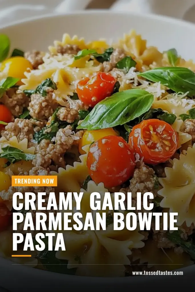 Savor the deliciousness of Parmesan Garlic Beef Bowtie Pasta, an easy pasta dish that's perfect for weeknight dinners! This creamy beef pasta combines tender bowtie pasta with flavorful ground beef, fresh spinach, and cherry tomatoes, all coated in a luscious Parmesan sauce. Discover the joy of one-pot beef pasta cooking that saves time and effort! Try this recipe today and make mealtime a breeze. #ParmesanGarlicBeefPasta #BowtiePastaRecipes #EasyPastaDishes #OnePotBeefPasta