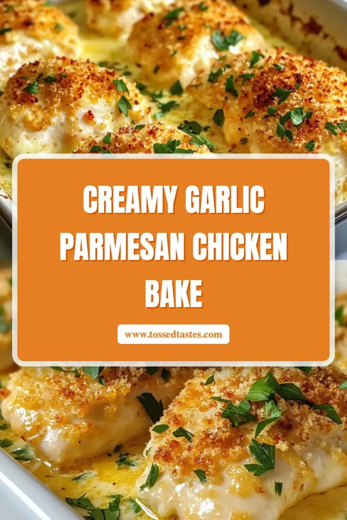 Discover an irresistible dinner with this Garlic Parmesan Chicken Bake! This baked chicken recipe features tender chicken breasts in a creamy garlic sauce, topped with crunchy breadcrumbs and Parmesan cheese. Perfect for an easy chicken dinner, it's ready in just 40 minutes. Impress your family tonight with this flavorful, savory dish! Save this recipe to make Garlic Parmesan Chicken your new go-to favorite! #BakedChickenRecipe #EasyChickenDinner #GarlicParmesanChicken #CreamyParmesanChicken