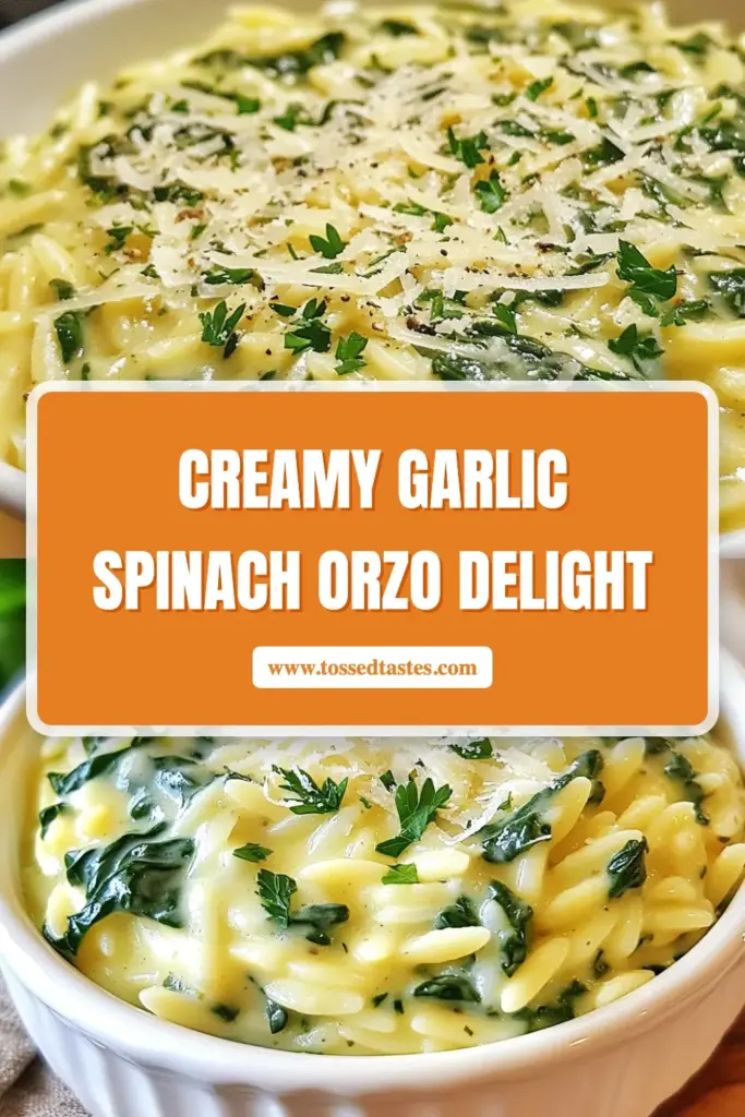 Elevate your dinner with this creamy garlic spinach orzo! This easy garlic spinach dish combines al dente orzo pasta with luscious cream, fresh spinach, and savory garlic for an unforgettable vegetarian orzo recipe. In just 25 minutes, you'll have a delectable creamy spinach pasta that’s perfect for any occasion. Save this creamy garlic spinach orzo recipe and impress your family tonight! #OrzoPastaRecipe #CreamySpinachPasta #VegetarianOrzoRecipe #EasyGarlicSpinachDish