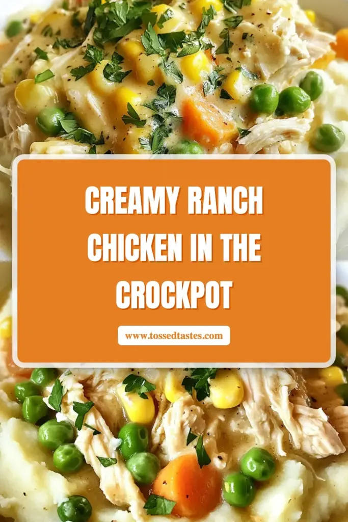 Looking for an effortless weeknight dinner? Try this delicious Crockpot Ranch Chicken! This creamy chicken recipe is easy to make in your slow cooker, blending ranch flavors with tender chicken and vibrant vegetables. Perfect for busy families, this creamy chicken with vegetables will be a hit at the dinner table. Don't miss out on this easy ranch chicken recipe—save it for later and make mealtime a breeze! #CrockpotRanchChicken #CreamyChickenRecipe #SlowCookerDinner #EasyRanchChicken