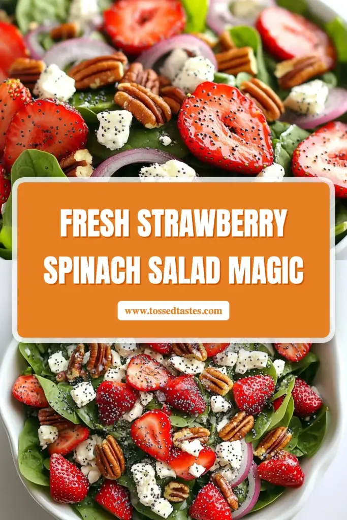 Brighten up your meal with this delicious Strawberry Spinach Poppy Seed Salad! This fresh spinach salad pairs juicy strawberries with crumbled feta for a delightful twist. Tossed in a simple poppy seed dressing recipe, it's perfect for healthy salad recipes. Ready in just 15 minutes, it's great as a side or light main dish. Save this quick recipe now and enjoy the flavors year-round! #StrawberrySpinachSalad #HealthyRecipes #SaladIdeas #PoppySeedDressing