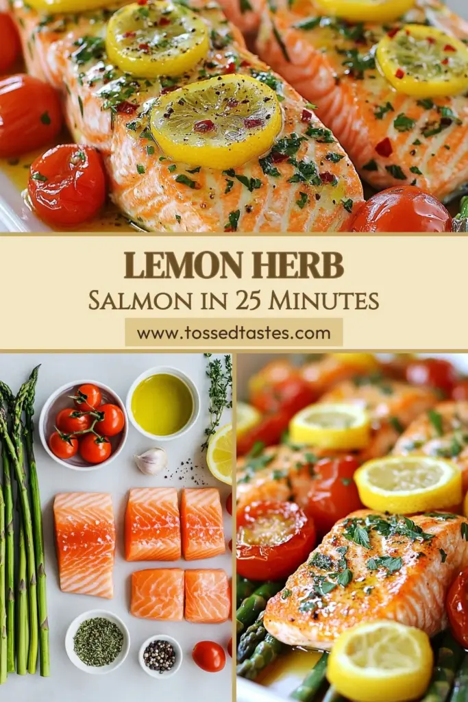 Discover the perfect lemon herb salmon recipe that brings bold flavors to the table! This baked salmon with vegetables is not only delicious but also a healthy salmon dinner option. With just one sheet pan, you'll enjoy an easy salmon recipe that's ready in just 25 minutes. Elevate your weeknight meals with this simple yet satisfying sheet pan salmon recipe. Try it today and savor the goodness! #LemonHerbSalmon #HealthyDinner #EasySalmonRecipes #SheetPanMeals