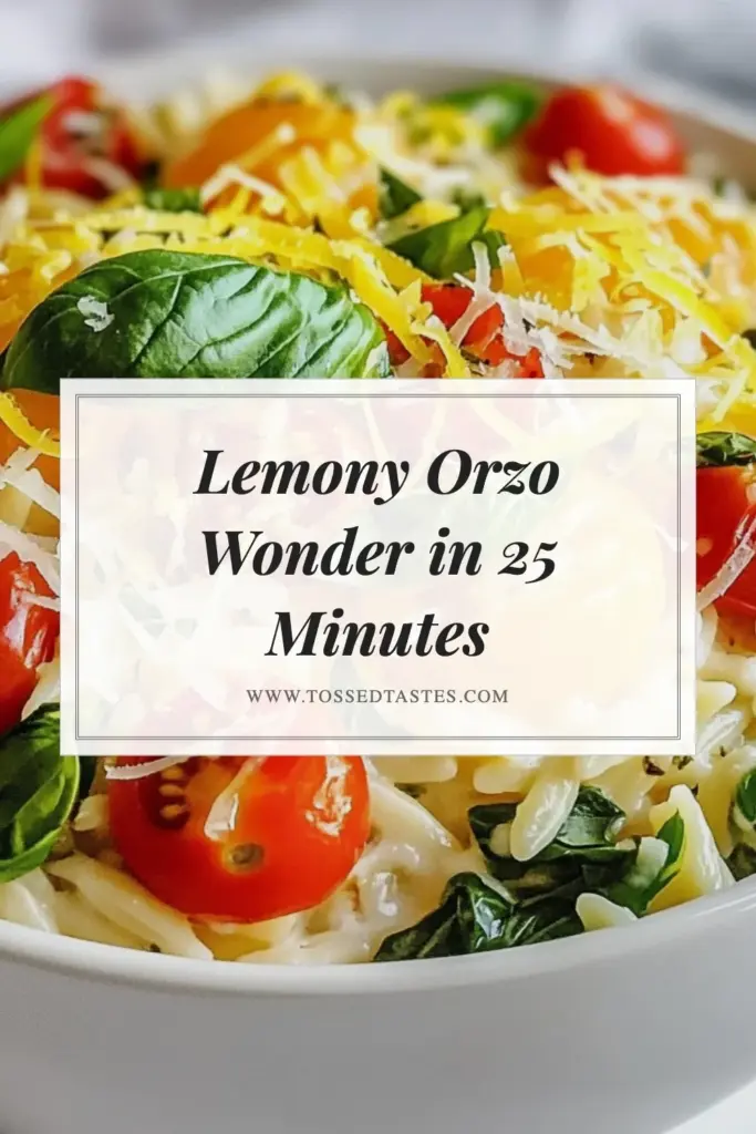 Discover the delightful flavors of Lemony Parmesan Orzo, an easy vegetarian orzo pasta recipe that’s perfect for any meal. This quick lemon zest pasta dish combines spinach and tomato orzo with creamy Parmesan for a satisfying experience. In just 25 minutes, you can create a dish your family will love. Get ready to impress with this one-pot wonder! Save this recipe now and enjoy every savory bite! #LemonZestPasta #OrzoPasta #EasyVegetarianRecipe #SpinachAndTomatoOrzo