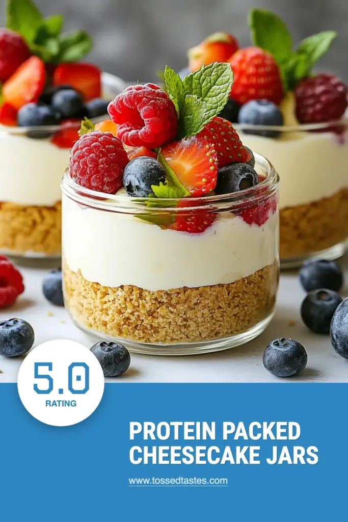 Indulge in our high-protein cheesecake jars, a deliciously healthy cheesecake recipe that satisfies your sweet tooth guilt-free! Made with Greek yogurt and low-fat ingredients, these protein dessert jars are perfect for a nutritious treat. Layered with a buttery crust and topped with fresh berries, this low-fat cheesecake is a must-try. Enjoy a protein-packed snack that’s easy to make. Pin this recipe for later! #HighProteinCheesecake #HealthyDessert #ProteinDessertJars #LowFatCheesecake