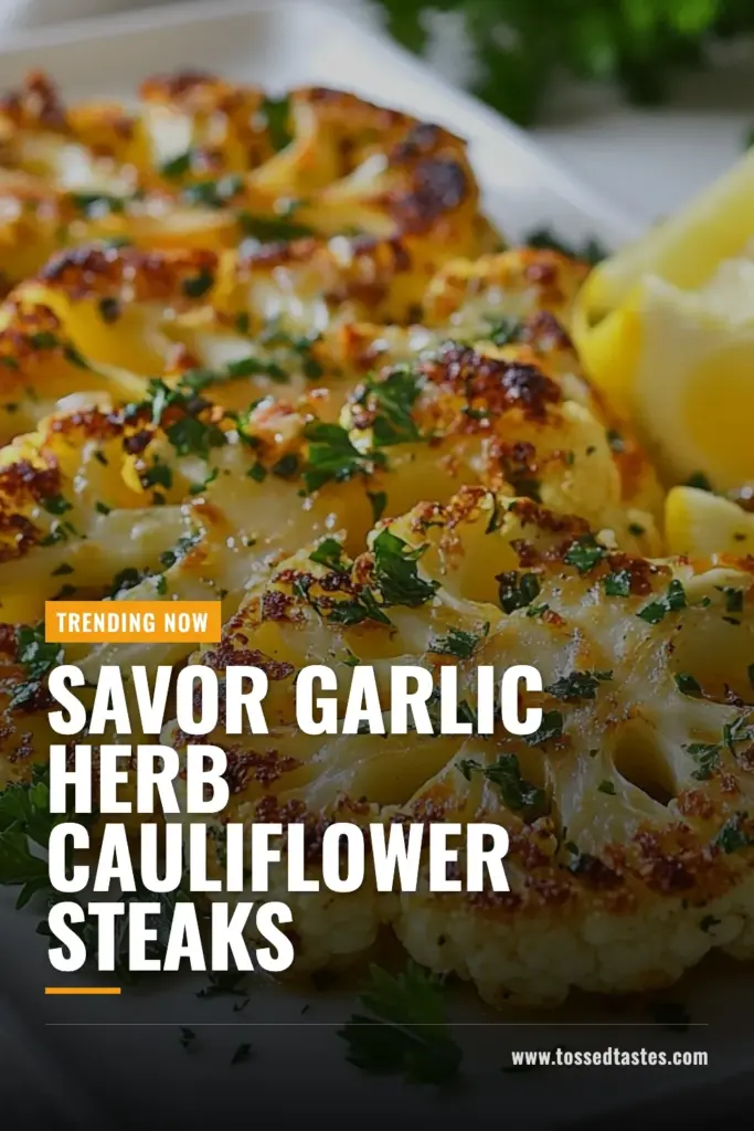 Discover the deliciousness of Garlic Herb Cauliflower Steaks with this easy Roasted Cauliflower Recipe. Perfect for anyone seeking healthy cauliflower dishes, these Vegan Cauliflower Steaks are bursting with flavor from garlic, herbs, and spices. Ideal as a main or side, this Herb Roasted Cauliflower is sure to impress. Try it today and elevate your meal. Don't forget to save this recipe for later! #CauliflowerSteaks #HealthyRecipes #VeganEats #RoastedVegetables
