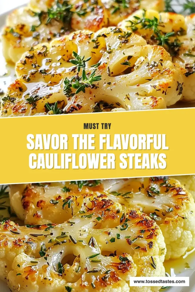 Discover the deliciousness of Garlic Herb Cauliflower Steaks! This easy and healthy cauliflower recipe is perfect for your next meal. Bursting with flavor, these roasted cauliflower steaks are a fantastic addition to any table and fit perfectly into vegetarian steak recipes. Elevate your cooking with this simple dish that showcases nutritious ingredients. Try it today and save for later! #GarlicHerbCauliflowerSteaks #VegetarianRecipes #EasyCauliflowerRecipes #HealthyDishes