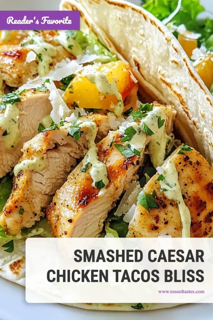 Looking for a delicious twist on taco night? Try these Smash Chicken Caesar Tacos! This Chicken Caesar Tacos Recipe features juicy smashed chicken thighs seasoned to perfection, topped with creamy Caesar dressing, crunchy romaine, and savory Parmesan. Perfect for a quick dinner, these Easy Taco Recipes are a hit for everyone. Give this Quick Chicken Tacos recipe a try tonight and elevate your meal! Save this for later! #TacoRecipes #EasyDinner #ChickenTacos #DinnerIdeas