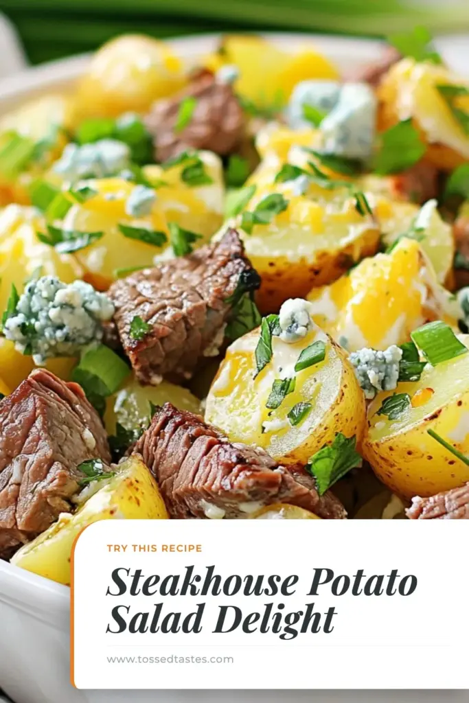 Discover the ultimate Steakhouse Potato Salad recipe that combines creamy flavors with tender baby Yukon Gold potatoes and delicious steak. This easy steak potato salad features a rich dressing enhanced with blue cheese, making it perfect for any gathering. Satisfy your cravings with this delightful creamy potato salad with steak that is simple to prepare. Save this easy steak potato salad recipe for your next meal! #SteakhousePotatoSalad #PotatoSalad #EasyRecipes #SteakRecipes