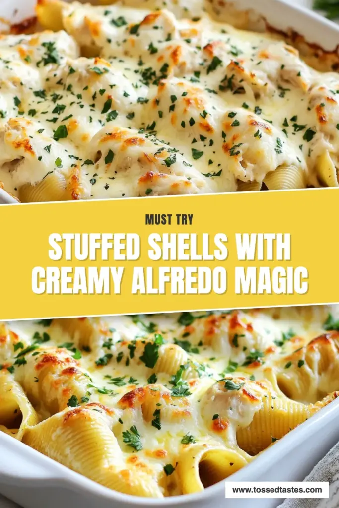 Indulge in these Creamy Chicken Alfredo Stuffed Shells, a delicious Stuffed Pasta Shells Recipe perfect for any occasion! This Chicken Alfredo Pasta Bake combines tender shells filled with a mouthwatering cheese mixture and a rich Alfredo sauce. Quick and easy, it's one of the best Easy Alfredo Dinner Recipes you'll ever try! Don’t wait, make these Cheese Stuffed Shells with Chicken today! Save this recipe! #PastaRecipes #ComfortFood #HealthyDinner #EasyRecipes