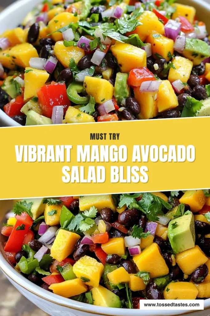 Discover the refreshing Mango Avocado Black Bean Salad, your go-to Healthy Mango Salad perfect for any occasion! This Avocado Black Bean Salad features ripe mango, creamy avocado, and protein-packed black beans, making it a delightful Black Bean Fiesta Salad. Bursting with flavors, it's the ideal Fresh Summer Salad. Ready in just 30 minutes, it’s perfect for gatherings. Save the recipe and impress your guests! #MangoAvocadoSalad #HealthyEating #SummerSalad #QuickRecipes