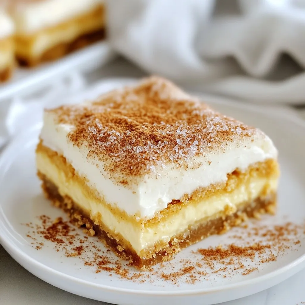 - 16 oz cream cheese, softened - 3/4 cup granulated sugar - 2 large eggs - 1 teaspoon vanilla extract - 1/4 cup sour cream - 1 1/2 cups all-purpose flour - 1/2 cup unsalted butter, melted - 1/2 cup granulated sugar - 2 teaspoons cinnamon - 1/4 teaspoon salt - 1/2 teaspoon baking powder - 1/4 cup granulated sugar - 1 tablespoon cinnamon The ingredients for these bars create a lovely mix of flavors. The cream cheese forms a rich layer. It gives the bars a smooth texture. I use softened cream cheese for easy mixing. Sugar adds sweetness and balances the creaminess. Eggs help bind the cheesecake layer together. The vanilla extract enhances the flavor, while sour cream adds a slight tang. For the churro crust, I melt unsalted butter to bring out its flavor. This crust needs flour to hold it together. Sugar and cinnamon give it that classic churro taste. A bit of salt brings out the sweetness, while baking powder makes it rise. Finally, the cinnamon sugar topping adds a delightful crunch. It is the finishing touch that ties the whole dessert together. This combination of ingredients makes the bars irresistible. When you bite into them, you get a bit of everything. Each layer complements the others perfectly. {{ingredient_image_1}} First, set your oven to 325°F (163°C). This ensures even baking for your bars. Next, grab a 9x9-inch baking pan. Grease it well and line it with parchment paper. This makes it easy to lift the bars out later. In a medium bowl, mix 1/2 cup of melted butter, 1/2 cup of sugar, 2 teaspoons of cinnamon, and a pinch of salt. Stir until it's all combined. Now, add 1 1/2 cups of all-purpose flour and 1/2 teaspoon of baking powder. Mix until a dough forms. The dough should be soft and slightly sticky. Take half of the churro dough and press it evenly into the bottom of your pan. Make sure it covers the entire base. Bake it in the oven for 10 minutes. Once done, remove it and let it cool a bit. In a large bowl, add 16 oz of softened cream cheese and 3/4 cup of sugar. Beat them together until smooth. Then, add in 2 large eggs one at a time. Mix well after each egg. Now, add 1 teaspoon of vanilla extract and 1/4 cup of sour cream. Mix until everything is fully blended. Spread the cheesecake mixture over the baked churro crust. Crumble the remaining churro dough on top. Make sure to leave some gaps for the cheesecake to peek through. Bake it for 25-30 minutes. The cheesecake should be set but still jiggle slightly in the center. While the bars bake, mix 1/4 cup of sugar with 1 tablespoon of cinnamon in a small bowl. Once the baking time is up, remove the pan from the oven. Evenly sprinkle the cinnamon sugar mixture over the top of the hot bars. Let them cool completely in the pan. For best results, refrigerate them for at least 3 hours to set. For creamy cheesecake bars, mix the cream cheese and sugar well. Use a hand mixer for smoothness. Add eggs one at a time. Beat until each egg blends in fully. This helps create a fluffy texture. For the churro crust, make sure your butter is melted but not hot. Mix until a dough forms, but don’t over-mix. Press half of the dough into the pan firmly but gently. Bake the crust until just set. This gives it a good base. For a beautiful presentation, slice the bars neatly. Use a sharp knife for clean edges. Place them on a decorative plate. Dust with a bit of cinnamon and sugar for flair. A dollop of whipped cream adds a nice touch, too. You can also serve these bars with a scoop of vanilla ice cream for a special treat. This makes each bite even more delightful. One common mistake is overbaking the cheesecake. It should jiggle a bit in the center when done. If it looks too firm, it may dry out. Another mistake is not cooling the bars fully. Let them sit at room temperature first, then chill in the fridge. This helps the cheesecake set properly. If you rush this step, the bars may not hold together well when you slice them. Pro Tips Use Room Temperature Ingredients: Make sure your cream cheese and eggs are at room temperature for a smooth and creamy cheesecake filling. Don’t Overmix: When mixing the cheesecake batter, avoid overmixing once you add the eggs to prevent cracking during baking. Chill Before Serving: Allow the cheesecake bars to chill in the refrigerator for at least 3 hours to ensure they set properly and enhance the flavors. Experiment with Toppings: Feel free to add chocolate drizzle or caramel sauce on top for extra decadence and flavor. {{image_2}} You can add fun flavors to these cheesecake bars. Mixing in chocolate chips creates a sweet surprise. Use about 1 cup of chocolate chips for a rich taste. If you prefer fruit, berries work well too. Chopped strawberries or blueberries add a fresh touch. Just fold them in gently after mixing the cheesecake layer. If you need a gluten-free version, substitute the all-purpose flour. Use a gluten-free flour blend instead. Make sure to choose a blend that has a good texture for baking. This change keeps the bars soft and tasty. The rest of the recipe stays the same, so no need to change anything else. For a vegan twist, swap out the cream cheese and eggs. Use vegan cream cheese instead, which is widely available. For the eggs, try using flaxseed meal. Mix 1 tablespoon of flaxseed meal with 2.5 tablespoons of water. Let it sit for a few minutes to thicken. You can also use dairy-free yogurt to replace the sour cream. These changes keep the bars rich and creamy while being plant-based. To keep your cheesecake bars fresh, store them in the fridge. Place them in an airtight container. This helps maintain their creamy texture and prevents drying out. They will stay good for about 4 to 5 days. If you want to cut down on waste, wrap each piece in plastic wrap before placing them in the container. You can freeze the cheesecake bars if you want to save some for later. First, let the bars cool completely. Then, cut them into squares. Wrap each square tightly in plastic wrap. After that, place them in a freezer-safe bag or container. They will last up to three months in the freezer. When you're ready to enjoy them, simply thaw them in the fridge overnight. To enjoy your cheesecake bars warm, you can reheat them. If they are frozen, thaw them in the fridge first. For refrigerated bars, heat them in the microwave for about 10 to 15 seconds. Check them to see if they are warm enough. Avoid overheating, as it can affect the texture. Enjoy your delicious treat! You can use several options in place of cream cheese. Soft tofu works well. It has a smooth texture and absorbs flavors nicely. You can also try Greek yogurt for a tangy twist. Cashew cream is another great choice, offering a rich taste. Remember, the flavor may change slightly with each substitute. Yes, you can make these bars ahead of time. They store well in the fridge for up to five days. Just make sure to cover them tightly. If you want to freeze them, wrap them in plastic wrap and foil. They can last for up to three months in the freezer. Thaw them in the fridge when you’re ready to enjoy. Check for a slight jiggle in the center of the cheesecake. It should look set around the edges. You can also insert a toothpick in the center. If it comes out clean or with just a few crumbs, it’s done. Remember, overbaking can lead to cracks, so keep an eye on the time. In this blog post, we explored how to make delicious churro cheesecake bars. You learned about the key ingredients, from the cream cheese layer to the churro crust. I shared step-by-step instructions and tips to avoid common mistakes. We also discussed fun variations and proper storage methods. Making these bars is a treat worth trying. Enjoy baking and sharing these sweet delights!