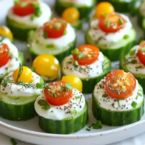 To make Everything Bagel Cucumber Bites, you need simple and fresh ingredients. Here&rsquo;s a list of what you&rsquo;ll need: - Cucumbers - Cream Cheese - Greek Yogurt - Garlic - Fresh Dill - Lemon Juice - Everything Bagel Seasoning - Cherry Tomatoes (for garnish) - Fresh Chives (for garnish) These ingredients work together to create a tasty, crunchy snack. The cucumbers give a fresh crunch, while the cream cheese and yogurt add creaminess. Garlic and dill bring flavor, and lemon juice adds a nice zing. Everything Bagel seasoning ties it all together with its savory notes. Cucumbers are the star of this dish. They are low in calories and full of water. This makes them a great snack. Cream cheese and Greek yogurt add richness and a smooth texture. Garlic gives a nice kick. Fresh dill adds a herby taste that brightens the dish. Lemon juice keeps everything light and fresh. You can find Everything Bagel seasoning at most stores. It mixes seeds, garlic, and salt for a savory taste. The cherry tomatoes add a pop of color and sweetness. Fresh chives give a nice finish and hint of onion flavor. Having these ingredients ready makes the preparation easy and fun. You can mix and match based on what you have. Enjoy experimenting with your own twist! {{ingredient_image_1}} Slicing the Cucumbers Start by slicing the cucumbers into thick rounds. Aim for about 1-inch thick slices. This size helps them hold the topping well. Place the slices on a plate or cutting board as you work. Keep them fresh and crisp for the next steps. Mixing the Cream Cheese Mixture In a mixing bowl, combine the softened cream cheese and Greek yogurt. Add the minced garlic, fresh dill, lemon juice, and Everything Bagel seasoning. Stir until the mixture is smooth and creamy. This blend brings all the flavors together. Make sure there are no lumps for a nice texture. Assembling the Cucumber Bites Take a cucumber slice and spread a generous dollop of the cream cheese mixture on top. Use a spoon or knife to help you. Next, place a halved cherry tomato on each cucumber bite. This adds color and a hint of sweetness. Finish with a sprinkle of chopped chives for a fresh look. Importance of Chilling Chilling the cucumber bites is key. It allows the flavors to mix and settle. Plus, cold snacks feel refreshing, especially on warm days. The cream cheese mixture firms up a bit, making it easier to eat. Recommended Chilling Time I recommend chilling the bites for about 15-20 minutes. This short time makes a big difference in taste. While you wait, you can set the table or prepare drinks for your guests. If you want a lighter bite, try using low-fat cream cheese or a dairy-free option. These can work well. You may also consider using cottage cheese for a different texture. Just blend it smooth before mixing. Feel free to mix up the herbs in this recipe. Fresh parsley or basil can add unique flavor. You can even try chives if you want a milder taste. Just chop them finely to blend well. Taste your cream cheese mixture as you mix. If it needs more flavor, add more Everything Bagel seasoning. A pinch of salt or a dash of pepper can also enhance the taste. Adjust it to your liking for the best bite. Make sure your cream cheese is soft before mixing. This helps it blend smoothly with the other ingredients. If the mixture feels too thick, add a bit more Greek yogurt. Aim for a spreadable, creamy texture that holds well on the cucumber. Pro Tips Chill for Better Flavor: Allowing the cucumber bites to chill in the refrigerator for at least 15-20 minutes helps the flavors meld together, resulting in a more delicious bite. Experiment with Toppings: Feel free to get creative with your toppings! You can add sliced olives, radishes, or even a sprinkle of feta cheese for an extra flavor boost. Use Fresh Ingredients: For the best taste, use fresh dill and high-quality Greek yogurt. Fresh herbs make a significant difference in flavor. Make Ahead: These cucumber bites can be made ahead of time. Prepare them a few hours in advance and store them in the refrigerator until you&rsquo;re ready to serve. {{image_2}} You can make a vegan version of Everything Bagel Cucumber Bites. Instead of cream cheese, use a vegan cream cheese. Many brands offer smooth, creamy options. For the Greek yogurt, try a plant-based yogurt. Look for one made from almond or coconut. This swap keeps the bites rich and tasty while being dairy-free. The fun doesn&rsquo;t stop with the basics. You can add other toppings to enhance flavor. Try sliced olives or roasted red peppers for a savory twist. Fresh herbs like basil or parsley can also brighten things up. Want to add protein? Smoked salmon works great on these bites. The salty fish pairs well with the creamy base. Just place a small piece on each cucumber slice. This adds a gourmet touch and makes the snack more filling. Store your Everything Bagel Cucumber Bites in an airtight container. This keeps them fresh. Line the container with paper towels to absorb moisture. This helps maintain the crunch of the cucumbers. You should refrigerate them right away. They stay good for about 1 to 2 days. After that, the cucumbers may get soggy. The cream cheese mixture can last longer, but it's best to eat them fresh. You do not need to reheat these bites. They taste best cold. If you have leftovers, serve them straight from the fridge. Don't microwave them, as this can make the cucumbers mushy. Always enjoy them fresh to keep the flavors bright. If you make them ahead, just chill them well before serving. Yes, you can make Everything Bagel Cucumber Bites ahead. Prepare the cream cheese mixture and slice the cucumbers. Keep them separate. Assemble them just before serving. This keeps the cucumbers crisp and fresh. If you must, chill them for a few hours. You can make your own blend. Mix sesame seeds, poppy seeds, garlic powder, and onion flakes. Adjust the amounts to fit your taste. You can also use just garlic powder or any dried herbs you like. For a low-carb option, use cucumbers as your base. Cream cheese is already low in carbs. You can skip the cherry tomatoes if you want. Add more herbs or spices to keep the flavor strong. Enjoy your fresh snack guilt-free! You now have a tasty recipe for Everything Bagel Cucumber Bites. We covered key ingredients like cucumbers, cream cheese, and fresh dill. You learned how to prepare, chill, and serve these bites perfectly. I shared tips on ingredient swaps, flavor adjustments, and variations, including a vegan option. Lastly, I highlighted storage tips to keep your bites fresh. Try this fun snack at your next gathering and impress your friends!