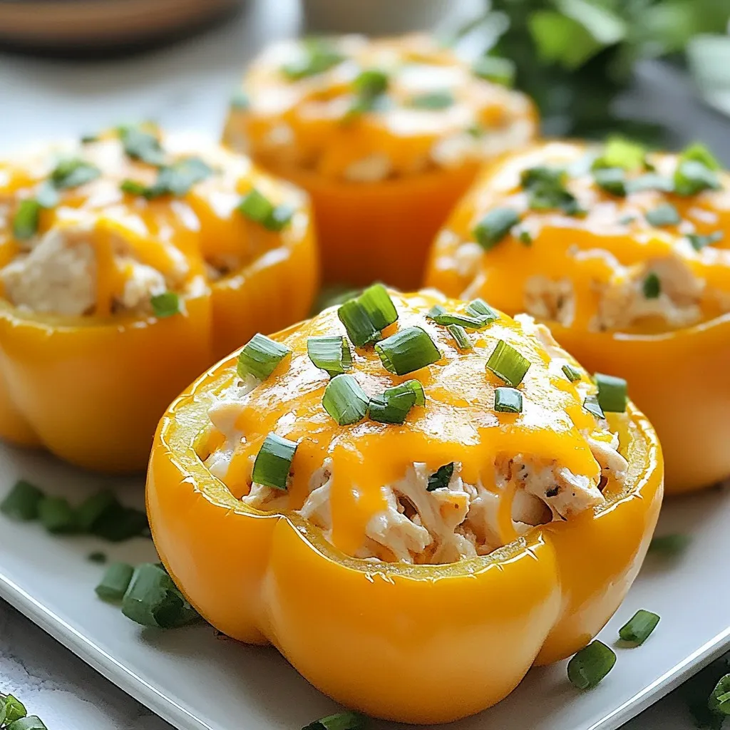 - 4 large bell peppers (any color) - 2 cups cooked shredded chicken - 1/2 cup cream cheese, softened - 1/2 cup buffalo sauce (adjust to taste) - 1/2 cup shredded cheddar cheese - 1/4 cup green onions, chopped - 1 teaspoon garlic powder - 1 teaspoon onion powder - Salt and pepper to taste - Fresh cilantro or parsley for garnish (optional) The heart of this dish lies in its ingredients. Each one brings a unique flavor and texture. You start with four large bell peppers. These can be red, green, yellow, or orange. Each color offers a different taste. Next, you need two cups of cooked shredded chicken. This makes the stuffing hearty and high in protein. Cream cheese is key to a creamy texture. You want half a cup, softened, to mix easily. Buffalo sauce gives that spicy kick we love. Feel free to adjust the amount to suit your taste. Shredded cheddar cheese adds richness. Half a cup will do the trick. Chopped green onions add freshness and crunch. Garlic powder and onion powder enhance the flavor. Use one teaspoon of each. Don’t forget salt and pepper to taste. Finally, for garnish, fresh cilantro or parsley adds a pop of color. This is optional but highly recommended for presentation. - Caloric breakdown per serving: Approx. 350 calories - Macronutrient profile: - Protein: 30g - Fats: 22g - Carbohydrates: 8g This dish is not only tasty but also fits well in a keto diet. Each serving packs a solid amount of protein and healthy fats. The low carb count keeps it friendly for keto lovers. With these ingredients, you create a meal that is both nutritious and satisfying. {{ingredient_image_1}} - Preheat the oven to 375°F (190°C). - Slice the tops off the bell peppers. Remove the seeds and membranes. Place them upright in a baking dish. - In a mixing bowl, combine 2 cups of cooked shredded chicken, 1/2 cup of softened cream cheese, and 1/2 cup of buffalo sauce. You can adjust the buffalo sauce to your taste. - Add 1 teaspoon of garlic powder, 1 teaspoon of onion powder, and salt and pepper to taste. Mix well until all ingredients blend into a creamy filling. - Gently fold in 1/2 cup of shredded cheddar cheese and 1/4 cup of chopped green onions. Reserve some green onions for later. - Carefully spoon the buffalo chicken mixture into each bell pepper. Fill them generously. - Cover the baking dish with aluminum foil and bake in the preheated oven for 25 minutes. - Remove the foil and bake for an additional 10 to 15 minutes. The peppers should be tender, and the tops should be golden brown. - Once done, take them out of the oven. Let them cool slightly before serving. To achieve tender peppers, choose large, firm bell peppers. They hold up well during cooking. Before baking, slice off the tops and remove the seeds. This reduces bitterness and helps them cook evenly. For a balanced flavor profile, use a good buffalo sauce. Adjust the amount to your taste. Mix in cream cheese to add richness. The garlic and onion powders boost the flavor. Always season with salt and pepper to enhance taste. Pair your stuffed peppers with a fresh salad. A crisp, green salad balances the spicy filling. You can serve them with cauliflower rice or zoodles for a complete meal. For garnishes, top with reserved green onions. Fresh cilantro or parsley adds color and freshness. A drizzle of extra buffalo sauce gives it a spicy kick. If your filling turns out dry, add more cream cheese or buffalo sauce. Both will help moisten the mix. For an overly spicy filling, add a bit of sugar. It helps to balance the heat. If your oven runs hot or cold, check the peppers at the 25-minute mark. Adjust the cooking time as needed. Always ensure the peppers are tender before serving. Pro Tips Choosing the Right Peppers: Opt for firm, vibrant bell peppers that will hold their shape during baking. Red, yellow, and orange varieties tend to be sweeter than green ones. Adjusting Spice Level: Feel free to adjust the amount of buffalo sauce to suit your heat preference. You can also mix in a bit of ranch dressing for added creaminess and flavor. Make Ahead: Prepare the filling ahead of time and stuff the peppers just before baking. This makes for a quick and easy weeknight meal. Serving Suggestions: Serve with a side of celery sticks and extra ranch or blue cheese dressing for dipping to complement the flavors of the stuffed peppers. {{image_2}} You can switch cream cheese for low-fat options. This helps cut calories while keeping it creamy. You might try Greek yogurt as a fun alternative. For hot sauce, you can use chipotle or garlic sauce. Each brings its own unique flavor to the dish. If you want it dairy-free, swap cream cheese with cashew cream. Blend soaked cashews with lemon juice for a creamy texture. For vegan options, use shredded jackfruit instead of chicken. This adds a nice texture without meat. You can also adjust this recipe for Paleo or Whole30 diets. Just skip the cheese and use compliant hot sauce. Adding veggies can boost the filling. Try chopped spinach or diced tomatoes for extra nutrients. You can also mix in some corn or black beans. If you like heat, choose jalapeño or serrano peppers. They add spice without overpowering the dish. Adjust the amount based on your taste. To keep your Keto Buffalo Chicken Stuffed Peppers fresh, place leftovers in the fridge. Use airtight containers to prevent moisture loss. This keeps the peppers juicy and tasty. Make sure to cool them down to room temperature first. Storing them right away helps maintain flavor and texture. If you want to save them for later, freezing is a great option. Wrap each stuffed pepper in plastic wrap. Then, place them in a freezer-safe bag or container. Make sure to label with the date. To reheat, let them thaw in the fridge overnight. Then, warm them in the oven at 350°F (175°C) until heated through. In the fridge, your stuffed peppers stay fresh for about 3 to 5 days. Look for any signs of spoilage. If they have an off smell or the peppers feel slimy, it’s time to toss them. Proper storage helps you enjoy this dish longer without losing quality. Can I use fresh chicken instead of cooked? Yes, you can use fresh chicken. However, you need to cook it first. I recommend boiling or baking the chicken until it's fully cooked. Once cooked, shred it before mixing with the other ingredients. This way, you still get that tasty flavor. How can I make this recipe spicier? To boost the heat, add more buffalo sauce to the filling. You can also mix in diced jalapeños or cayenne pepper for extra spice. Just remember, start slow and taste as you go. You can always add more heat! Can I air fry these stuffed peppers? Absolutely! Air frying gives them a nice crisp. Simply prep the peppers as usual, then place them in your air fryer. Cook at 375°F (190°C) for about 15-20 minutes. Check for doneness and adjust time if needed. What if I don’t have buffalo sauce? No buffalo sauce? No problem! You can use hot sauce mixed with melted butter for a similar taste. Alternatively, try a spicy BBQ sauce or a mix of sriracha and mayonnaise for a unique flavor twist. Can these be made in advance? Yes, you can prepare these stuffed peppers ahead of time. Just fill the peppers and store them in the fridge. Cover them tightly with foil or plastic wrap. They will stay fresh for up to two days. How do I heat them up after they've been stored? To reheat, place the stuffed peppers in an oven set to 350°F (175°C). Cover with foil to keep them moist. Heat for about 20 minutes or until warm throughout. You can also use a microwave, but the oven keeps them crispier. You’ve learned how to make delicious stuffed peppers using simple ingredients. We covered the key steps: from preparation to baking, ensuring great flavor and texture. I shared tips for handling common issues and offered variations to suit different diets. Remember, you can adjust ingredients to match your taste. This recipe is flexible, making it perfect for any meal. Enjoy making this dish and experimenting with your unique touches. Happy cooking!