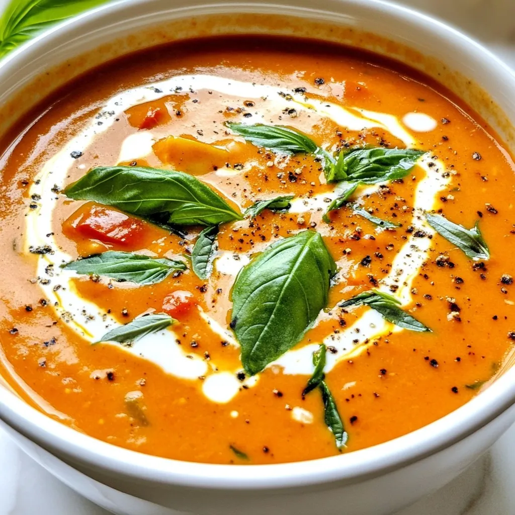 For this soup, you need just a few key ingredients. Start with 2 tablespoons of olive oil. This oil adds great flavor. Next, chop 1 medium onion and mince 3 cloves of garlic. These aromatics create a fragrant base. Sauté them together first. This step brings out their rich flavors. The tomato part is crucial for a tasty soup. Use 2 cans of diced tomatoes. I suggest fire-roasted tomatoes for extra depth. They give a nice smoky flavor. Combine this with 1 cup of vegetable broth. This broth helps to build a savory base. Sprinkle in 1 teaspoon of sugar and 1 teaspoon of dried oregano. The sugar balances the acidity of the tomatoes. Add salt and pepper to taste. This mix creates a rich, vibrant tomato base. To make the soup creamy, add 1 cup of heavy cream. If you prefer a dairy-free version, use coconut milk instead. Finally, toss in 1/2 cup of fresh basil leaves. The basil gives a fresh, herbal touch. Blend this all together to achieve a smooth, creamy soup. Don't forget to taste and adjust the seasoning if you need to. Enjoy the delightful blend of flavors! {{ingredient_image_1}} To start, plug in your Instant Pot. Press the 'Sauté' button. Pour in 2 tablespoons of olive oil. Let the oil heat for a minute. Next, add 1 medium chopped onion. Stir it for about 3-4 minutes. You want it soft and slightly clear. Then, add 3 minced garlic cloves. Stir for 30 seconds. The smell will be amazing! Now, it’s time to add the main ingredients. Pour in 2 cans of diced tomatoes, 1 cup of vegetable broth, 1 teaspoon of sugar, and 1 teaspoon of dried oregano. Add salt and pepper to taste. Mix everything well. Now, close the lid on your Instant Pot. Set the valve to 'Sealing'. Select 'Manual' or 'Pressure Cook' and set the timer for 10 minutes. Once it beeps, wait 10 minutes for a natural pressure release. After that, carefully turn the valve to 'Venting' to let out any extra steam. Open the lid and blend the soup until smooth with an immersion blender. If you don’t have one, carefully transfer the soup to a blender. Return the smooth soup to the pot. Stir in 1 cup of heavy cream or coconut milk and 1/2 cup of fresh basil leaves. Blend again briefly to mix the basil. Taste your soup, adjust salt and pepper if needed, and simmer for 2-3 minutes. Serve hot with more fresh basil on top if you like! To make your soup really creamy, use heavy cream. If you want a dairy-free choice, coconut milk works well. Blend the soup well after adding the cream. This makes it smooth and rich. You can also add cream slowly, tasting as you go. This lets you control the creaminess to your liking. You can boost the flavor with a few simple tricks. Add a teaspoon of balsamic vinegar for depth. A pinch of red pepper flakes gives it a nice kick. Try fresh herbs too. If you have parsley or thyme, add them in. Always taste your soup before serving. Adjust salt and pepper as needed for a perfect flavor. Use fire-roasted tomatoes for a smoky taste. They add a unique flavor that makes the soup special. Canned tomatoes are fine, but fresh tomatoes can work too. For herbs, fresh basil is best. If you use dried basil, cut the amount in half. Dried herbs are stronger, so you need less. Pro Tips Use Fresh Basil: Fresh basil adds a vibrant flavor to the soup. Make sure to add it at the end of cooking to maintain its freshness and aroma. Fire-Roasted Tomatoes: Opt for fire-roasted diced tomatoes for a deeper, smoky flavor that enhances the overall taste of the soup. Adjust Creaminess: For a lighter version, you can substitute heavy cream with coconut milk or a blend of half-and-half to keep it creamy yet dairy-free. Thicker Soup Option: If you prefer a thicker soup, blend in a small amount of cooked white beans or use less broth to achieve your desired consistency. {{image_2}} If you want a dairy-free soup, use coconut milk. It gives a nice creamy taste. You can also try almond milk or cashew cream. Both will work well. Just keep in mind that these options may change the flavor a bit. Always taste and adjust as you go. Want to make this soup more filling? Add proteins like cooked chicken or beans. For a veggie boost, try carrots or spinach. Both add color and nutrients. You can toss in any of your favorite veggies. Just chop them small so they cook quickly. You can change the spice level to fit your taste. Want it spicy? Add crushed red pepper flakes or fresh jalapeños. Prefer it mild? Skip the heat and focus on herbs. A bit more oregano or thyme will add depth. Play around with flavors until you find your perfect mix. After enjoying your soup, let it cool down. Pour any leftovers into an airtight container. Store in the fridge for up to three days. Remember, the flavors will deepen with time, so it tastes even better! To freeze, let the soup cool completely. Use freezer-safe bags or containers. Leave some space at the top for expansion. Label each container with the date. You can freeze it for up to three months. When ready, just thaw in the fridge overnight. For the best taste, reheat in a pot over low heat. Stir often to avoid sticking. If the soup thickens, add a splash of broth or cream. You can also use the microwave. Heat in short bursts and stir in between. Enjoy your warm, creamy soup! It takes about 30 minutes to make this soup. You spend 10 minutes prepping the ingredients. The Instant Pot cooks under pressure for 10 minutes. After that, you blend the soup until smooth. Yes, you can use dried herbs. If you use dried basil, use about one-third of the amount. Dried herbs are stronger than fresh ones. Add them when you cook the soup for the best flavor. This soup pairs well with many sides. Try grilled cheese sandwiches for a classic combo. A fresh salad can also make a great side. You can also serve it with warm bread or croutons for added crunch. This article covered how to make Instant Pot Creamy Tomato Basil Soup. We discussed the key ingredients, like olive oil and the tomato base. I provided step-by-step instructions for cooking and blending your soup. We also explored tips for creaminess, flavor boosts, and variations to try. In the end, enjoy making this soup your way. It's quick, tasty, and perfect for any meal. Now, go make a bowl of comfort!