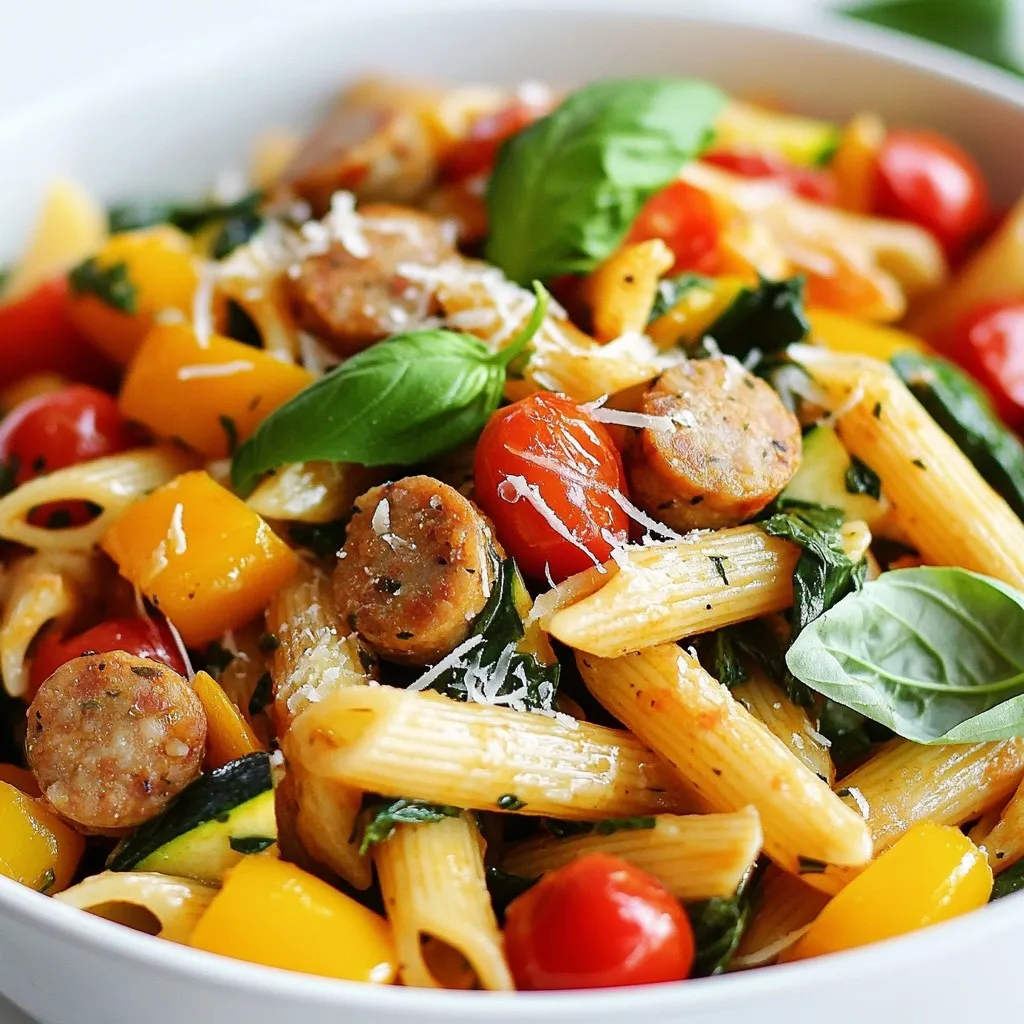 To make this tasty chicken sausage pasta with veggies, you will need the following main ingredients: - 8 oz whole wheat penne pasta - 2 chicken sausages, sliced - 1 cup bell peppers (red, yellow, and green), thinly sliced - 1 cup cherry tomatoes, halved - 1 zucchini, diced - 1 cup spinach, roughly chopped - 3 cloves garlic, minced - 2 tablespoons olive oil - 1 teaspoon Italian seasoning - Salt and pepper to taste You can add your own twist to this dish! Here are some optional ingredients for customization: - ¼ cup grated Parmesan cheese (optional) - Fresh basil for garnish - Other veggies like broccoli or mushrooms - A splash of white wine for extra flavor - Red pepper flakes for heat Having the right tools makes cooking easy and fun. Here are some tools I recommend: - Large pot for boiling pasta - Large skillet for sautéing - Cutting board and chef's knife - Colander for draining pasta - Measuring spoons for accuracy {{ingredient_image_1}} Start by filling a large pot with water. Add salt to the water and bring it to a boil. When the water is boiling, add 8 oz of whole wheat penne pasta. Cook the pasta according to the package instructions, usually about 8-10 minutes. You want it al dente, which means it should be firm but not hard. Once it's done, drain the pasta and set it aside. Grab a large skillet and pour in 2 tablespoons of olive oil. Heat the oil over medium heat. Next, slice 2 chicken sausages and add them to the skillet. Sauté the sausages for about 5-7 minutes. You want them to be cooked through and slightly browned. After that, add 3 cloves of minced garlic and stir it in for a minute. This will bring out the flavor. Now, it’s time to add the veggies. Toss in 1 cup of thinly sliced bell peppers, 1 diced zucchini, and 1 cup of halved cherry tomatoes. Cook everything together for about 5-6 minutes. The veggies should be tender but still colorful. After that, mix in the cooked pasta and 1 cup of roughly chopped spinach. Sprinkle in 1 teaspoon of Italian seasoning, along with salt and pepper to taste. Toss everything well until the spinach wilts. If you like cheese, add ¼ cup of grated Parmesan on top before serving. Garnish with fresh basil leaves for a nice touch. Enjoy your meal! To boost flavor, use fresh herbs like basil or parsley. They add a lovely touch. When cooking the chicken sausages, make sure they are golden brown. This brings out their taste. Adding garlic with the sausage helps create a rich aroma. Italian seasoning brings warmth, so don’t skip it. Keep an eye on your veggies. They should be tender but still bright. If you like them softer, cook them a bit longer. For the pasta, follow the package time closely. Overcooked pasta turns mushy. If you're in a hurry, use pre-cooked chicken sausage to save time. A colorful plate is always appealing. Use the bell peppers and cherry tomatoes to add vibrancy. Top with fresh basil for a pop of green. A sprinkle of Parmesan cheese gives a nice finishing touch. Serve in warm bowls to keep the dish hot longer. Pro Tips Use Fresh Vegetables: Fresh seasonal vegetables not only enhance the flavor but also add vibrant colors to your dish. Cook Pasta Al Dente: Cooking pasta until it's just firm will prevent it from becoming mushy when mixed with the sauce. Customize Your Protein: Feel free to swap the chicken sausage for any other protein like turkey or plant-based sausage for a different flavor profile. Save Some Pasta Water: Reserve a cup of pasta cooking water to adjust the sauce's consistency if it becomes too thick. {{image_2}} You can make this pasta vegetarian. Replace chicken sausage with plant-based sausage or mushrooms. Both options add rich flavor. You can also use tofu for a protein boost. The key is to sauté these well. This way, they will soak up the flavors from the garlic and olive oil. Feel free to mix in other veggies. Broccoli, carrots, or asparagus taste great here. Just chop them into small pieces for even cooking. You can use frozen veggies too. They save time and work well in this dish. Remember to add them to the skillet with the garlic so they cook nicely. Want more heat? Add red pepper flakes when cooking. You can start with a pinch and taste as you go. If you prefer mild flavors, skip this step. Also, consider adding a splash of hot sauce before serving. This little kick can change the flavor. To keep your chicken sausage pasta fresh, place leftovers in an airtight container. Make sure the dish cools down to room temperature first. Store in the fridge for up to three days. If you want to enjoy it later, storing it properly helps keep the flavors and nutrients intact. Reheat your chicken sausage pasta in a skillet over medium heat. Add a splash of water or olive oil to prevent sticking. Stir frequently until it's heated through. You can also use the microwave. Place it in a microwave-safe dish, cover it, and heat for about 1-2 minutes. Check it often to avoid overheating. You can freeze chicken sausage pasta if you want to save some for later. Use a freezer-safe container and leave some space for expansion. It can last for up to three months in the freezer. To thaw, place it in the fridge overnight. You can also reheat it directly from frozen, but it may take longer. Just make sure it heats all the way through. Yes, you can use regular sausage. It will add more fat and flavor. Just choose your favorite type. Keep in mind that cooking times may change, so check to ensure it's fully cooked. You can use gluten-free pasta if needed. Other options include regular penne or spaghetti. Zucchini noodles are fun for a low-carb twist. Just remember that cooking times will vary for each type. To make it dairy-free, skip the Parmesan cheese. Use nutritional yeast for a cheesy flavor. You can also add a splash of lemon juice for brightness. This keeps the dish tasty while avoiding dairy. This blog post covers every step to make a tasty dish from scratch. You learned about the key ingredients, optional additions, and tools. Step-by-step instructions showed you how to cook the pasta and sausage, plus mix in veggies. I shared tips for flavor and decoration. You can try different veggie options or adjust the spice levels to suit your taste. Proper storage and reheating keep your leftovers fresh. Remember, cooking is fun! Enjoy trying out these methods and make this dish your own.