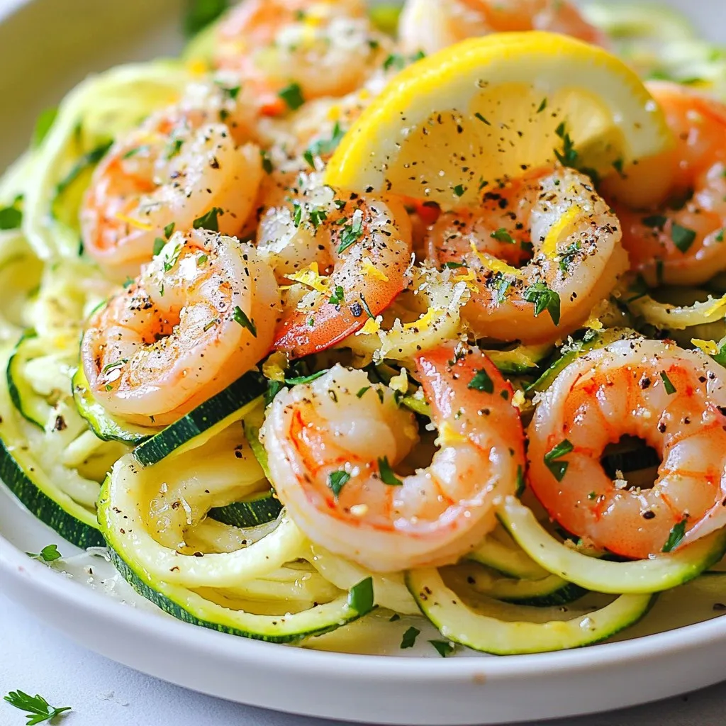 - 2 medium zucchinis (zoodles), spiralized - 1 lb shrimp, peeled and deveined - 4 tablespoons unsalted butter - 4 cloves garlic, minced - 1 teaspoon red pepper flakes - Juice and zest of 1 lemon - Salt and pepper - 2 tablespoons fresh parsley, chopped - Grated Parmesan cheese (optional) - Calories: Approximately 350 per serving - Protein: About 30 grams - Fats: Roughly 20 grams - Carbohydrates: Around 10 grams Garlic Butter Shrimp Scampi Zoodles fit well into many diets. They are gluten-free and low-carb. This dish offers a tasty way to enjoy shrimp and veggies. You get protein from the shrimp and vitamins from the zucchinis. The butter adds rich flavor while the lemon brightens the dish. It's a perfect balance of taste and nutrition. {{ingredient_image_1}} To start, you need to spiralize the zucchinis into zoodles. A spiralizer is the best tool for this job. It creates long, thin noodles from the zucchini. If you don’t have a spiralizer, don’t worry. You can use a vegetable peeler to make thin strips instead. Just slice the zucchini lengthwise, then chop into noodle-like shapes. Set your zoodles aside while you cook the shrimp. In a large skillet, melt the butter over medium heat. Once the butter is melted, add the minced garlic and red pepper flakes. Sauté for about one minute until you smell the garlic. Be careful not to burn it; burnt garlic ruins the dish. Next, add the shrimp to the skillet. Season with salt and pepper. Cook for 2-3 minutes, flipping the shrimp halfway through. They should turn pink and opaque when done. Now, it’s time to bring it all together. Stir in the lemon juice and zest. This adds a fresh kick to the shrimp and garlic butter. Next, fold the zoodles into the skillet. Toss them gently to coat in the sauce. Cook for an additional 2-3 minutes. You want the zoodles to be tender but still a little crisp. Finally, remove the skillet from heat and mix in the fresh parsley. Adjust the seasoning with more salt and pepper if needed. Serve right away, and feel free to add some grated Parmesan cheese on top if you like! To cook shrimp just right, start with fresh or thawed shrimp. Keep the heat medium to high. Cook shrimp for 2-3 minutes. They should turn pink and opaque. Flip them halfway through for even cooking. Avoid overcooking; otherwise, they get tough. For the best zoodles, use firm zucchinis. Spiralize them until you see long noodles. If you don’t have a spiralizer, try a vegetable peeler. Cut thin strips to get a nice texture. To prevent wateriness, salt the zoodles and let them sit. Drain excess water before adding them to the pan. Spices and herbs can boost your dish. Try adding more red pepper flakes or fresh basil. Fresh herbs like parsley add color and taste. You can switch up sauces too. Consider using a splash of white wine for depth. A dash of soy sauce can also add a fun twist. Pro Tips Use Fresh Shrimp: Fresh shrimp will provide the best flavor and texture. Look for shrimp that is firm and has a mild scent of the ocean. Don't Overcook the Zoodles: Zoodles should be cooked just until tender. Overcooking can lead to a mushy texture, so keep an eye on them! Enhance Flavor with Lemon Zest: The zest of the lemon adds a bright, fresh flavor that complements the butter and garlic beautifully. Don't skip this step! Garnish Generously: A sprinkle of fresh parsley and Parmesan cheese not only adds flavor but also makes your dish visually appealing. Don't be shy with the garnishes! {{image_2}} You can swap shrimp for chicken or tofu easily. Chicken needs about 5-7 minutes to cook through. Just cut it into bite-sized pieces before cooking. For a plant-based option, use firm tofu. Cube it and pan-fry until golden brown. You can also try adding scallops or other seafood. Scallops cook fast, about 2-3 minutes per side. They add a nice touch to your dish. If you want a change from zucchini, try spaghetti squash. Cook it, then scrape out the strands for a fun twist. Carrots work well too. Spiralize them for a sweet crunch. Other low-carb options include cucumber noodles or even kohlrabi. Each brings a unique taste and texture to your meal. Mix up your herbs for different flavors. Fresh basil or thyme can add a nice aroma. You can also try dill for a fresh, bright taste. If you like spice, increase the red pepper flakes. You can also add paprika or cayenne for a kick. Don’t be afraid to experiment; cooking is all about finding what you love! To keep your Garlic Butter Shrimp Scampi Zoodles fresh, place them in an airtight container. Store them in the fridge. They will stay good for about two days. If you need to stack, use parchment paper to separate layers. This helps prevent sogginess. For reheating, the best way is on the stove. Heat a skillet on low. Add a splash of water or a bit of butter to keep the zoodles moist. Stir gently until warm. This keeps the shrimp tender and the zoodles crisp. Avoid the microwave; it can make the zoodles mushy. Can you freeze zoodles? You can freeze zoodles, but they may lose their crunch. To freeze, spread them in a single layer on a baking sheet. Freeze until solid, then transfer to a freezer bag. Use within three months for best taste. Freezing shrimp scampi You can freeze the shrimp scampi, but not after adding zoodles. Freeze the shrimp in their sauce for up to three months. Thaw in the fridge overnight before reheating. Add freshly cooked zoodles when you’re ready to eat. This keeps the dish fresh and delicious. Shrimp cook fast. The time varies by size. - Small shrimp (51-60 count): about 2-3 minutes. - Medium shrimp (41-50 count): about 3-4 minutes. - Large shrimp (21-30 count): about 4-5 minutes. - Jumbo shrimp (16-20 count): about 5-6 minutes. Always look for a pink color and firm texture. Yes, frozen shrimp work well. - Thaw shrimp in the fridge overnight for best results. - If short on time, run them under cold water for quick thawing. - Pat them dry before cooking to avoid extra water in your dish. You can still make zoodles without a spiralizer. - Use a vegetable peeler to create thin strips of zucchini. - A box grater can also work, just be careful with your fingers. - The goal is thin, long strips that resemble noodles. These methods give you great zoodles for your dish! This blog explored a delicious shrimp scampi with zoodles. We covered ingredients, cooking methods, and helpful tips. You learned how to spiralize zucchini and cook shrimp perfectly. With different protein and zoodle options, the dish is versatile. Proper storage and reheating ensure your leftovers taste great. Try our flavor variations to make it your own. Enjoy healthy meals that are quick and fun to make! Cooking can be easy and delicious. Get creative, have fun, and share your experience with friends!