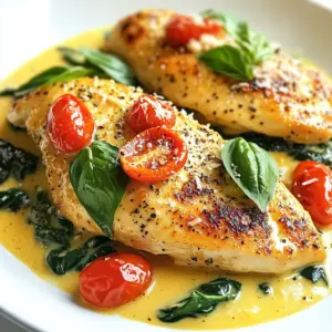 To make Creamy Tuscan Spinach Chicken, you need just a few simple ingredients. Each one adds to the dish's rich flavor. - 4 boneless, skinless chicken breasts - 2 tablespoons olive oil - 3 cloves garlic, minced - 1 cup cherry tomatoes, halved - 1 cup fresh spinach, chopped - 1 cup heavy cream - 1/2 cup grated Parmesan cheese - 1 teaspoon Italian seasoning - Salt and pepper, to taste - Fresh basil leaves, for garnish These ingredients work together to create a creamy sauce that coats the chicken perfectly. The chicken is juicy and tender, while the spinach and tomatoes add freshness. The Parmesan cheese makes it rich and satisfying. Using fresh basil as a garnish gives it a lovely aroma and flavor. You can find these items at most grocery stores. Make sure to use fresh spinach and ripe tomatoes for the best taste. Enjoy gathering these ingredients; they will bring your dish to life! {{ingredient_image_1}} - Seasoning the chicken Start by seasoning the chicken breasts. Use salt, pepper, and Italian seasoning. Make sure to coat both sides evenly. This will add great flavor. - Cooking the chicken breasts Heat 2 tablespoons of olive oil in a large skillet over medium heat. Place the seasoned chicken breasts in the skillet. Cook them for about 6-7 minutes on each side. They should turn golden brown and be fully cooked. Once done, remove the chicken and set it aside. - Saut&eacute;ing the garlic and tomatoes In the same skillet, add 3 minced cloves of garlic. Saut&eacute; for about 1 minute until it smells good. Next, add 1 cup of halved cherry tomatoes. Cook these for about 2-3 minutes. You want them to soften a bit. - Incorporating spinach and cream Now, stir in 1 cup of chopped fresh spinach. Cook until it wilts, which takes around 2 minutes. Lower the heat, then pour in 1 cup of heavy cream. Stir well to mix everything. Add 1/2 cup of grated Parmesan cheese and mix until the sauce is creamy. Adjust the salt and pepper to taste. - Combining chicken with sauce Finally, return the cooked chicken breasts to the skillet. Spoon the creamy sauce over the chicken. Let it simmer for 2-3 minutes. This helps all the flavors blend beautifully. Enjoy your meal! Choosing the right cream For this dish, heavy cream is best. It gives a rich and smooth texture. It thickens well, adding a luxurious feel to the sauce. Avoid using half-and-half, as it may not create the same creaminess. Tips for seasoning Don&rsquo;t hold back on salt and pepper. Season the chicken well before cooking. Italian seasoning adds a nice herbal note. Taste the sauce before serving. Adjust the salt and pepper to your liking for a perfect flavor. Techniques for tender chicken Cook the chicken on medium heat. This keeps it juicy and prevents drying out. Use a meat thermometer to ensure it reaches 165&deg;F. Let the chicken rest for a few minutes after cooking. This keeps it tender and flavorful. Pro Tips Perfectly Cooked Chicken: Use a meat thermometer to ensure your chicken reaches an internal temperature of 165&deg;F (75&deg;C) for safety and juiciness. Fresh Ingredients: Opt for fresh spinach and ripe cherry tomatoes for the best flavor and texture in your sauce. Thicker Sauce: For a thicker sauce, allow the cream to simmer a bit longer before adding the Parmesan, which will help it to thicken up nicely. Garnish Wisely: Add the fresh basil just before serving to maintain its vibrant color and aromatic qualities. {{image_2}} You can make Creamy Tuscan Spinach Chicken even more fun by changing some ingredients. Here are some tasty swaps: - Alternative proteins: If you want a different protein, try shrimp or tofu. Both options work well with the creamy sauce. Shrimp cooks quickly and adds a nice touch. Tofu soaks up the flavors, making it a great plant-based choice. - Dairy-free options: For a dairy-free version, use coconut cream instead of heavy cream. Nutritional yeast can replace Parmesan cheese. This gives a cheesy flavor without dairy. - Vegetable additions: You can add other veggies for more color and nutrition. Bell peppers, mushrooms, or zucchini all blend well. Just saut&eacute; them along with the garlic and tomatoes to keep the flavors bright. These variations can help you customize the dish to your taste. Enjoy making it your own! To keep your creamy Tuscan spinach chicken fresh, follow these steps: - Refrigeration tips: Place leftovers in an airtight container. Make sure to cool the dish first. Store in the fridge for up to 3 days. This keeps the flavors intact. - Freezing guidelines: If you want to freeze it, use freezer-safe containers. Let it cool completely before freezing. You can keep it frozen for up to 3 months. When ready to eat, thaw overnight in the fridge. - Reheating suggestions: To reheat, place the chicken in a skillet over low heat. Add a splash of cream to keep it moist. Stir gently until heated through. You can also use the microwave, but be cautious not to overcook it. This can dry out the chicken. Following these tips ensures your meal remains delicious and safe to eat later! Can I make this recipe in advance? Yes, you can prepare this dish ahead of time. Cook the chicken and sauce, then store them separately. This keeps the chicken tender. You can reheat them together when ready to serve. What can I serve with creamy Tuscan spinach chicken? This dish pairs well with many sides. You could serve it with pasta, rice, or a fresh salad. Garlic bread also makes a great choice. Feel free to get creative! How can I make this dish spicier? To add heat, you can include red pepper flakes. Mix them into the sauce for a kick. You could also add sliced jalape&ntilde;os or hot sauce for more spice. Adjust the amount to fit your taste! This blog post covered the delicious creamy Tuscan spinach chicken recipe. We explored the key ingredients, preparation steps, and tips for a perfect meal. You can customize the dish with different proteins or dairy-free options. We also discussed how to store leftovers effectively. In closing, this recipe is simple yet packed with flavor. Enjoy creating this dish and impressing your family or guests!