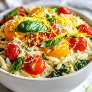 To make One-Pot Lemon Parmesan Orzo, gather these key ingredients: - 1 cup orzo pasta - 4 cups vegetable broth - 1 tablespoon olive oil - 1 small onion, finely chopped - 2 cloves garlic, minced - 1 cup spinach, roughly chopped - 1 cup cherry tomatoes, halved - 1/2 cup grated Parmesan cheese - 1 tablespoon lemon zest - 2 tablespoons lemon juice - Salt and pepper to taste - Fresh basil, for garnish These ingredients work together to create a bright, flavorful meal. Using fresh ingredients makes a big difference. Here are my top picks: - Fresh Spinach: It wilts nicely and adds color. - Cherry Tomatoes: They burst with sweetness when cooked. - High-Quality Parmesan: Opt for real cheese for a rich taste. - Fresh Basil: This herb adds a lovely aroma to the dish. When you choose fresh, high-quality items, your dish will shine. If you need to swap something, here are some easy ideas: - Orzo: Try another small pasta like ditalini or couscous. - Vegetable Broth: Chicken broth works well for more flavor. - Spinach: Kale or Swiss chard can be used instead. - Parmesan Cheese: Nutritional yeast is a great vegan option. These substitutions keep the dish tasty while fitting your needs. {{ingredient_image_1}} Start by gathering all your ingredients. You will need 1 cup of orzo pasta, 4 cups of vegetable broth, and 1 tablespoon of olive oil. Also, have 1 small onion, 2 cloves of garlic, 1 cup of spinach, and 1 cup of cherry tomatoes ready. Don’t forget 1/2 cup of grated Parmesan cheese, 1 tablespoon of lemon zest, and 2 tablespoons of lemon juice. Lastly, keep salt, pepper, and fresh basil for garnish nearby. 1. Heat the Oil: In a large pot, add the olive oil and heat it over medium. 2. Sauté Onion and Garlic: Add the chopped onion and minced garlic. Cook until they are soft, about 3-4 minutes. 3. Toast the Orzo: Stir in the orzo pasta. Cook for 2-3 minutes, stirring often. This will add a nice flavor. 4. Add Broth: Pour in the vegetable broth. Bring the mixture to a boil. 5. Simmer: Once boiling, lower the heat to a simmer. Cover the pot and cook for about 10-12 minutes. Stir occasionally, until the orzo is tender. 6. Add Veggies: Mix in the chopped spinach and halved cherry tomatoes. Cook for an extra 2-3 minutes until the spinach wilts. 7. Finish with Cheese and Lemon: Remove the pot from heat. Stir in the grated Parmesan cheese, lemon zest, and lemon juice. Mix until everything is well combined and the cheese melts. 8. Season: Add salt and pepper to taste. Serve the orzo in bowls for a warm meal. Top with fresh basil leaves and an extra sprinkle of Parmesan. This adds a nice touch and makes the dish look even better. Enjoy your meal with friends or family! One common mistake is overcooking the orzo. This pasta cooks fast, so watch it closely. If you let it boil too long, it can become mushy. Another mistake is not seasoning early. Adding salt and pepper at the start helps build flavor. Lastly, don’t skip the lemon zest. It adds a bright taste that makes this dish shine. To boost flavor, try using homemade vegetable broth. It tastes much better than store-bought. You can also add herbs like thyme or rosemary for depth. If you like spice, a pinch of red pepper flakes can add a nice kick. For a creamier dish, stir in some cream or extra cheese at the end. To save time, prep your ingredients first. Chop the onion, garlic, and spinach before you start cooking. This way, you can add them quickly. When cooking, keep the heat at medium. This prevents the broth from boiling too fast, which can lead to uneven cooking. Stir occasionally to prevent sticking and ensure even cooking. Pro Tips Perfectly Cooked Orzo: Be sure to keep an eye on the orzo as it cooks; overcooking can lead to a mushy texture. Aim for al dente for the best bite. Enhance Flavor with Broth: Using vegetable broth instead of water adds depth and richness to the dish. For an extra flavor boost, consider using homemade broth. Fresh Ingredients Matter: Whenever possible, use fresh spinach and ripe cherry tomatoes for the best flavor and nutritional value. They elevate the dish significantly! Garnish for Presentation: Garnishing with fresh basil not only adds a pop of color but also enhances the aroma and flavor of the dish, making it more appetizing. {{image_2}} You can add many vegetables to your dish. Zucchini or bell peppers work great. Just chop them into small pieces. Add them when you cook the onion and garlic. They will cook nicely and add color. Broccoli florets are another option. They bring a nice crunch and flavor. You can also use peas or asparagus for a fresh taste. Experiment with what you have or what’s in season. If you want to make this dish heartier, add protein. Grilled chicken or shrimp pair well with the lemon flavor. Simply add them in during the last few minutes of cooking. For a meatless option, try chickpeas or white beans. They add protein and fiber. Just stir them in with the spinach and tomatoes. This makes the dish filling and nutritious. To make this dish vegan, skip the Parmesan cheese. You can use nutritional yeast for a cheesy taste. It adds a nice flavor and keeps it plant-based. Use vegetable broth to keep it vegan-friendly. You can also add more veggies, like mushrooms or kale, for extra nutrition. This way, you can enjoy a tasty meal that fits your diet. To keep your One-Pot Lemon Parmesan Orzo fresh, store it in an airtight container. Make sure the dish cools to room temperature before sealing. This helps prevent moisture buildup. You can keep it in the fridge for up to three days. If you want to save it longer, consider freezing it. When you are ready to eat the leftovers, reheating is easy. Just add the orzo to a pot over low heat. Stir in a splash of vegetable broth or water to add moisture. Heat until it warms through, about 5-7 minutes. You can also use the microwave. Place the orzo in a microwave-safe bowl and cover it. Heat in 30-second intervals, stirring in between, until warmed. If you decide to freeze the orzo, do it right after it cools. Use a freezer-safe container or bag. Make sure to remove as much air as possible to avoid freezer burn. You can keep it frozen for up to three months. For best results, thaw it in the fridge overnight before reheating. This will keep the texture nice. Yes, you can make One-Pot Lemon Parmesan Orzo ahead of time. Simply cook it as directed. Let it cool completely. Then, store it in an airtight container in the fridge. It stays fresh for up to three days. When you are ready to eat, just reheat it over low heat. Add a splash of broth to help with moisture. This dish pairs well with many sides. Try serving it with a crisp green salad. A side of grilled chicken or shrimp also works great. You could even enjoy it with some crusty bread. The flavors mix nicely and create a full meal. You can easily adjust this recipe. For a gluten-free version, swap orzo with gluten-free pasta. If you are vegan, omit the Parmesan cheese. Instead, use a vegan cheese or nutritional yeast for a cheesy flavor. You can also add more veggies to boost nutrition. Just be sure to check all ingredient labels for allergens. In this article, we covered the key ingredients for One-Pot Lemon Parmesan Orzo. We discussed the best flavors, helpful substitutions, and easy preparation steps. You learned how to enhance taste and avoid common mistakes. We explored variations with extra veggies and protein options. Finally, I shared how to store and reheat leftovers. Cooking can be fun and simple. Enjoy experimenting with your own mixes and flavors!