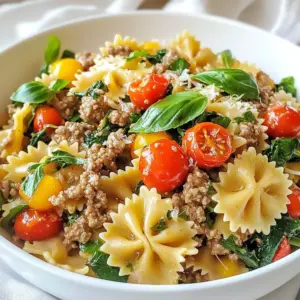 - 8 oz bowtie pasta - 1 lb ground beef - 4 cloves garlic, minced - 1/2 cup onion, finely chopped - 2 cups spinach, fresh - 1 cup cherry tomatoes, halved - 1/2 cup heavy cream - 1 cup grated Parmesan cheese - 2 tablespoons olive oil - 1 teaspoon Italian seasoning - Salt and pepper to taste - Fresh basil - Extra Parmesan for serving Gathering the right ingredients is key to making Parmesan Garlic Beef Bowtie Pasta. Start with bowtie pasta, which gives a fun shape and holds sauce well. Ground beef adds richness and flavor. Use fresh garlic and onion for a tasty base. Spinach and cherry tomatoes bring freshness and color to the dish. For the creamy sauce, heavy cream and grated Parmesan cheese create a rich texture. Olive oil helps cook the beef and aromatics. Italian seasoning adds depth, along with salt and pepper for taste. Finally, fresh basil and extra Parmesan cheese make perfect garnishes. These simple yet fresh ingredients work together to create a savory delight that you will love. {{ingredient_image_1}} 1. Start by boiling a large pot of salted water. 2. Add 8 ounces of bowtie pasta to the boiling water. 3. Cook the pasta until it is al dente, according to package instructions. 4. Drain the pasta and set it aside for later. 1. Heat a large skillet over medium heat. 2. Add 2 tablespoons of olive oil to the skillet. 3. Once hot, add 1 pound of ground beef. 4. Cook the beef until it is browned, which takes about 5 to 7 minutes. 1. Add 4 minced garlic cloves and 1/2 cup of finely chopped onion to the skillet. 2. Cook until the onions are translucent and fragrant, about 3 to 5 minutes. 3. Stir in 2 cups of fresh spinach and 1 cup of halved cherry tomatoes. 4. Cook until the spinach wilts and the tomatoes soften, about 2 to 3 minutes. 1. Lower the heat to low. 2. Add 1/2 cup of heavy cream and 1 cup of grated Parmesan cheese to the skillet. 3. Sprinkle in 1 teaspoon of Italian seasoning. 4. Stir until the cheese melts and forms a creamy sauce. 5. If the sauce is too thick, add a splash of pasta water until it reaches your desired thickness. 1. Add the cooked bowtie pasta to the skillet with the sauce. 2. Toss everything together to coat the pasta well. 3. Season with salt and pepper to taste. 1. Serve the pasta in bowls. 2. Garnish with fresh basil leaves. 3. Add extra Parmesan cheese on top if you like. To get perfect al dente pasta, boil the bowtie pasta in salted water. Follow the package instructions closely. This usually takes about 8 to 10 minutes. Taste a piece before draining. It should be firm but not hard. Seasoning the beef is key. Use salt and pepper while cooking the ground beef. This adds flavor to the meat and the whole dish. Don't skip this step. It can make a big difference! The sauce should be creamy but not too thick. After adding heavy cream and Parmesan, stir well. If it feels too thick, add a splash of pasta water. This helps to loosen the sauce. Adjust to your taste. You want it rich but not heavy. How you serve the dish matters! Use large bowls to give it a nice look. Top with fresh basil leaves and a sprinkle of extra Parmesan. This adds color and makes it appealing. For a fun twist, you can also add a few cherry tomato halves on top. Serve it warm for the best experience! Pro Tips Use Fresh Ingredients: Fresh spinach and ripe cherry tomatoes will elevate the flavors of your dish, making it more vibrant and delicious. Adjust Creaminess: If you prefer a lighter sauce, feel free to reduce the amount of heavy cream or substitute it with half-and-half for a creamier texture without the extra richness. Season Gradually: Taste as you go! Adjust the salt and pepper in stages to ensure the perfect seasoning throughout the dish. Leftover Storage: Store any leftovers in an airtight container in the fridge for up to three days; reheat gently on the stove with a splash of water or cream to revive the creamy sauce. {{image_2}} You can switch the ground beef for ground turkey or chicken. These swaps keep the dish light while still being tasty. For a vegetarian meal, try using plant-based proteins like lentils or chickpeas. They absorb flavors well and add a nice texture to your dish. Feel free to add more veggies! Bell peppers, mushrooms, and zucchini work great. They boost flavor and nutrition. You can also use seasonal veggies. Fresh peas in spring or pumpkin in fall can give a fun twist to your pasta. If you need gluten-free options, try gluten-free bowtie pasta. Whole wheat pasta offers a healthier choice and adds a nutty flavor. You can even use other pasta shapes, like fusilli or penne. Each shape holds sauce differently, giving you new eating experiences. To store leftovers of your Parmesan Garlic Beef Bowtie Pasta, let it cool first. Place it in an airtight container. Store it in the fridge for up to three days. This keeps the flavors fresh. If you want to freeze this dish, use freezer-safe containers. Portion out the pasta and sauce together. Make sure to leave some space for expansion. You can freeze it for up to three months. To reheat, thaw it overnight in the fridge. Then, warm it gently in a pan or microwave. Add a splash of cream or water to keep it creamy. Your leftovers are safe to eat for three days in the fridge. If frozen, enjoy them within three months for the best taste. After that, the quality may drop. Always check for signs of spoilage before consuming. It takes about 15 minutes to prep and 30 minutes to cook. So, the total time is 45 minutes. This quick dish is perfect for busy weeknights. You can serve it hot and fresh in no time. Yes, you can make this dish ahead of time. Just cook everything as usual and let it cool. Store it in the fridge for up to three days. When you want to eat, simply reheat it on the stove or in the microwave. Add a splash of cream to keep it creamy. If you need a substitute for heavy cream, try using milk with butter. Mix 3/4 cup of milk with 1/4 cup of melted butter. You can also use cream cheese or Greek yogurt. These options give a nice texture, but the taste might change a bit. Yes, this recipe is great for meal prep! You can make a big batch and divide it into portions. Use airtight containers to store it in the fridge. Pull it out when you need a quick meal during the week. This recipe for Parmesan Garlic Beef Bowtie Pasta showcases simple and tasty ingredients. You learned how to prepare the pasta, saut&eacute; the beef, and create a creamy sauce. Remember to adjust the sauce's thickness based on your preference. You can also try different proteins or veggies for variation. Store leftovers properly to maintain freshness. Enjoying this dish with family or friends can turn a simple meal into a special occasion. Cooking should be fun and rewarding&mdash;don't hesitate to experiment!