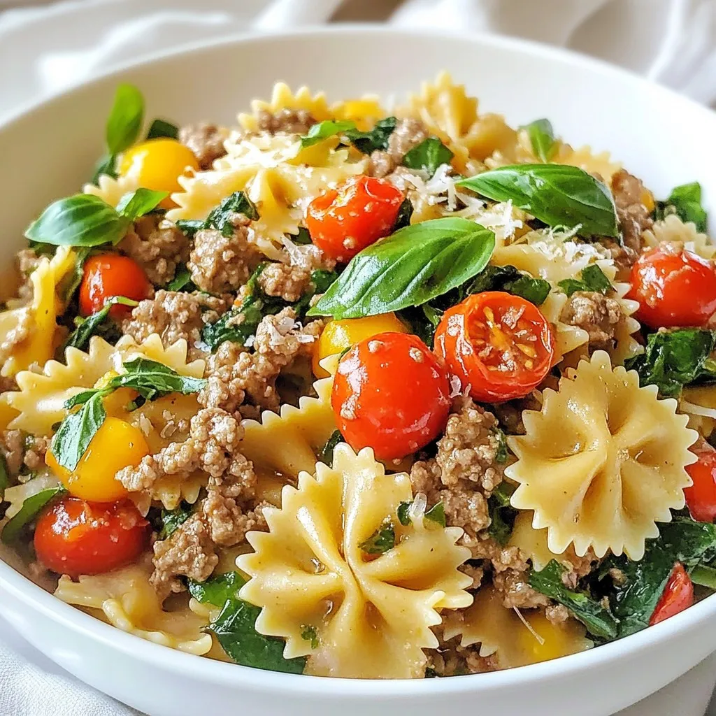 - 8 oz bowtie pasta - 1 lb ground beef - 4 cloves garlic, minced - 1/2 cup onion, finely chopped - 2 cups spinach, fresh - 1 cup cherry tomatoes, halved - 1/2 cup heavy cream - 1 cup grated Parmesan cheese - 2 tablespoons olive oil - 1 teaspoon Italian seasoning - Salt and pepper to taste - Fresh basil - Extra Parmesan for serving Gathering the right ingredients is key to making Parmesan Garlic Beef Bowtie Pasta. Start with bowtie pasta, which gives a fun shape and holds sauce well. Ground beef adds richness and flavor. Use fresh garlic and onion for a tasty base. Spinach and cherry tomatoes bring freshness and color to the dish. For the creamy sauce, heavy cream and grated Parmesan cheese create a rich texture. Olive oil helps cook the beef and aromatics. Italian seasoning adds depth, along with salt and pepper for taste. Finally, fresh basil and extra Parmesan cheese make perfect garnishes. These simple yet fresh ingredients work together to create a savory delight that you will love. {{ingredient_image_1}} 1. Start by boiling a large pot of salted water. 2. Add 8 ounces of bowtie pasta to the boiling water. 3. Cook the pasta until it is al dente, according to package instructions. 4. Drain the pasta and set it aside for later. 1. Heat a large skillet over medium heat. 2. Add 2 tablespoons of olive oil to the skillet. 3. Once hot, add 1 pound of ground beef. 4. Cook the beef until it is browned, which takes about 5 to 7 minutes. 1. Add 4 minced garlic cloves and 1/2 cup of finely chopped onion to the skillet. 2. Cook until the onions are translucent and fragrant, about 3 to 5 minutes. 3. Stir in 2 cups of fresh spinach and 1 cup of halved cherry tomatoes. 4. Cook until the spinach wilts and the tomatoes soften, about 2 to 3 minutes. 1. Lower the heat to low. 2. Add 1/2 cup of heavy cream and 1 cup of grated Parmesan cheese to the skillet. 3. Sprinkle in 1 teaspoon of Italian seasoning. 4. Stir until the cheese melts and forms a creamy sauce. 5. If the sauce is too thick, add a splash of pasta water until it reaches your desired thickness. 1. Add the cooked bowtie pasta to the skillet with the sauce. 2. Toss everything together to coat the pasta well. 3. Season with salt and pepper to taste. 1. Serve the pasta in bowls. 2. Garnish with fresh basil leaves. 3. Add extra Parmesan cheese on top if you like. To get perfect al dente pasta, boil the bowtie pasta in salted water. Follow the package instructions closely. This usually takes about 8 to 10 minutes. Taste a piece before draining. It should be firm but not hard. Seasoning the beef is key. Use salt and pepper while cooking the ground beef. This adds flavor to the meat and the whole dish. Don't skip this step. It can make a big difference! The sauce should be creamy but not too thick. After adding heavy cream and Parmesan, stir well. If it feels too thick, add a splash of pasta water. This helps to loosen the sauce. Adjust to your taste. You want it rich but not heavy. How you serve the dish matters! Use large bowls to give it a nice look. Top with fresh basil leaves and a sprinkle of extra Parmesan. This adds color and makes it appealing. For a fun twist, you can also add a few cherry tomato halves on top. Serve it warm for the best experience! Pro Tips Use Fresh Ingredients: Fresh spinach and ripe cherry tomatoes will elevate the flavors of your dish, making it more vibrant and delicious. Adjust Creaminess: If you prefer a lighter sauce, feel free to reduce the amount of heavy cream or substitute it with half-and-half for a creamier texture without the extra richness. Season Gradually: Taste as you go! Adjust the salt and pepper in stages to ensure the perfect seasoning throughout the dish. Leftover Storage: Store any leftovers in an airtight container in the fridge for up to three days; reheat gently on the stove with a splash of water or cream to revive the creamy sauce. {{image_2}} You can switch the ground beef for ground turkey or chicken. These swaps keep the dish light while still being tasty. For a vegetarian meal, try using plant-based proteins like lentils or chickpeas. They absorb flavors well and add a nice texture to your dish. Feel free to add more veggies! Bell peppers, mushrooms, and zucchini work great. They boost flavor and nutrition. You can also use seasonal veggies. Fresh peas in spring or pumpkin in fall can give a fun twist to your pasta. If you need gluten-free options, try gluten-free bowtie pasta. Whole wheat pasta offers a healthier choice and adds a nutty flavor. You can even use other pasta shapes, like fusilli or penne. Each shape holds sauce differently, giving you new eating experiences. To store leftovers of your Parmesan Garlic Beef Bowtie Pasta, let it cool first. Place it in an airtight container. Store it in the fridge for up to three days. This keeps the flavors fresh. If you want to freeze this dish, use freezer-safe containers. Portion out the pasta and sauce together. Make sure to leave some space for expansion. You can freeze it for up to three months. To reheat, thaw it overnight in the fridge. Then, warm it gently in a pan or microwave. Add a splash of cream or water to keep it creamy. Your leftovers are safe to eat for three days in the fridge. If frozen, enjoy them within three months for the best taste. After that, the quality may drop. Always check for signs of spoilage before consuming. It takes about 15 minutes to prep and 30 minutes to cook. So, the total time is 45 minutes. This quick dish is perfect for busy weeknights. You can serve it hot and fresh in no time. Yes, you can make this dish ahead of time. Just cook everything as usual and let it cool. Store it in the fridge for up to three days. When you want to eat, simply reheat it on the stove or in the microwave. Add a splash of cream to keep it creamy. If you need a substitute for heavy cream, try using milk with butter. Mix 3/4 cup of milk with 1/4 cup of melted butter. You can also use cream cheese or Greek yogurt. These options give a nice texture, but the taste might change a bit. Yes, this recipe is great for meal prep! You can make a big batch and divide it into portions. Use airtight containers to store it in the fridge. Pull it out when you need a quick meal during the week. This recipe for Parmesan Garlic Beef Bowtie Pasta showcases simple and tasty ingredients. You learned how to prepare the pasta, sauté the beef, and create a creamy sauce. Remember to adjust the sauce's thickness based on your preference. You can also try different proteins or veggies for variation. Store leftovers properly to maintain freshness. Enjoying this dish with family or friends can turn a simple meal into a special occasion. Cooking should be fun and rewarding—don't hesitate to experiment!