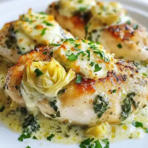 To make Creamy Spinach Artichoke Chicken, gather these items: - 4 boneless, skinless chicken breasts - 1 cup frozen spinach, thawed and drained - 1 cup canned artichoke hearts, drained and chopped - 1 cup cream cheese, softened - 1/2 cup sour cream - 1 cup shredded mozzarella cheese - 1/2 cup grated Parmesan cheese - 3 cloves garlic, minced - 1 teaspoon onion powder - 1 teaspoon Italian seasoning - Salt and pepper to taste - 2 tablespoons olive oil - Fresh parsley, chopped (for garnish) You can mix in some extras to boost flavor. Here are a few ideas: - Add diced sun-dried tomatoes for a tangy kick. - Toss in some chopped bell peppers for color and crunch. - Use different cheese types like gouda or cheddar for unique taste. Not all ingredients may be on hand. Here are some swaps: - Use fresh spinach if you prefer. Just cook it down first. - Greek yogurt can replace sour cream for a lighter option. - If you lack artichoke hearts, try roasted red peppers instead. - Chicken thighs work well if you want a juicier meat choice. These tips and options help make the recipe fit your needs. Enjoy creating your flavorful meal! {{ingredient_image_1}} First, gather your ingredients. You will need: - 4 boneless, skinless chicken breasts - 1 cup frozen spinach, thawed and drained - 1 cup canned artichoke hearts, drained and chopped - 1 cup cream cheese, softened - 1/2 cup sour cream - 1 cup shredded mozzarella cheese - 1/2 cup grated Parmesan cheese - 3 cloves garlic, minced - 1 teaspoon onion powder - 1 teaspoon Italian seasoning - Salt and pepper to taste - 2 tablespoons olive oil - Fresh parsley, chopped (for garnish) Preheat your oven to 375&deg;F (190&deg;C). Grease a baking dish with olive oil. This helps prevent sticking. In a large skillet, heat 2 tablespoons of olive oil over medium heat. Season the chicken breasts with salt and pepper. Add them to the hot skillet. Sear the chicken for about 5-7 minutes on each side until golden brown. This step locks in flavor and moisture. Once done, remove the chicken and set it aside. In the same skillet, add minced garlic. Saut&eacute; it until fragrant, about 1-2 minutes. This adds a great aroma to your dish. Now, in a medium bowl, mix together the softened cream cheese, sour cream, chopped artichoke hearts, thawed spinach, mozzarella, Parmesan, onion powder, and Italian seasoning. Stir until everything is well combined. This creamy mixture is the star of your dish. Place the seared chicken in the greased baking dish. Spoon the creamy spinach and artichoke mixture generously over each chicken breast. Make sure every piece has a good amount of that rich topping. Bake the dish in the preheated oven for 25-30 minutes. The chicken should be cooked through and no longer pink in the center, with an internal temperature reaching 165&deg;F (75&deg;C). For an added touch, broil the dish on high for the last 5 minutes. This gives you a bubbly, golden top. Keep a close eye on it to avoid burning. Once done, remove the dish from the oven. Let it sit for a few minutes. Before serving, garnish with chopped parsley. This adds color and freshness to your meal. Enjoy your creamy spinach artichoke chicken! To cook chicken just right, use boneless, skinless breasts. They cook faster and stay juicy. Start by seasoning them with salt and pepper. Sear the chicken in olive oil for about 5-7 minutes on each side. This gives a nice golden crust. After searing, check the inside. It should reach 165&deg;F (75&deg;C). Using a meat thermometer helps ensure this. Let the chicken rest for a few minutes before serving. This keeps it tender and juicy. To get a creamy texture, mix cream cheese and sour cream. Softened cream cheese blends well with other ingredients. Use thawed and drained spinach for moisture without excess water. Add chopped artichoke hearts for a unique taste. The mozzarella and Parmesan cheeses melt beautifully, adding richness. Stir the mixture until smooth for a uniform texture. Spoon the mixture generously over the chicken to ensure every bite is creamy. For more flavor, use fresh garlic instead of pre-minced. Fresh herbs like basil or thyme can add a bright taste. If you like a kick, add red pepper flakes to the cheese mixture. Italian seasoning brings warmth and depth. You can also squeeze fresh lemon juice over the dish before serving. This adds a nice zing that balances the creaminess. Try these tips to elevate your creamy spinach artichoke chicken. Pro Tips Perfectly Seasoned Chicken: Always season your chicken breasts generously with salt and pepper before cooking to enhance flavor and ensure a delicious base for the creamy topping. Thaw Spinach Properly: Make sure to thaw and drain your frozen spinach thoroughly to avoid excess moisture, which can make the dish watery. Cheese Variations: Feel free to experiment with different cheeses like feta or gouda for a unique twist on the flavor profile of the creamy topping. Resting Time: Let the dish sit for a few minutes after baking before serving; this helps the flavors meld and makes it easier to serve. {{image_2}} If you're watching carbs, you have options! Instead of chicken, use cauliflower. Roast it until tender. Swap the cream cheese for a low-carb cream cheese alternative. Use fresh spinach instead of frozen. This keeps the dish fresh and bright. You can also skip the pasta and serve the dish with a side salad. It will still taste great! To make this dish vegetarian, skip the chicken. Use hearty vegetables like mushrooms or eggplant instead. Saut&eacute; them until they are tender and flavorful. You can still use the creamy spinach and artichoke mix. Add some chopped sun-dried tomatoes for extra flavor. This way, you keep all the creaminess without the meat! For a dairy-free version, replace the cream cheese and sour cream with cashew cream. Soak cashews in water for a few hours, then blend until smooth. Use dairy-free cheese in place of mozzarella and Parmesan. Nutritional yeast can add a cheesy flavor without dairy. This way, you enjoy the same dish with no dairy at all! To keep your Creamy Spinach Artichoke Chicken fresh, place it in an airtight container. Make sure it cools down before sealing. This will help maintain its flavor and texture. Store it in the fridge for up to three days. If you want to keep it longer, freezing is a great option. When you&rsquo;re ready to enjoy leftovers, preheat your oven to 350&deg;F (175&deg;C). Place the chicken in an oven-safe dish and cover it with foil. This keeps it moist as it reheats. Bake for about 20 minutes or until it warms through. You can also use the microwave. Heat it in short bursts to avoid drying it out. If you want to freeze the dish, do it before baking. Assemble the chicken and creamy mixture in a freezer-safe container. Seal it well to prevent freezer burn. It can last up to three months in the freezer. When you&rsquo;re ready to cook it, thaw it overnight in the fridge. Then, bake it as directed. This keeps the flavors fresh and delightful. Yes, you can use fresh spinach. Fresh spinach offers a bright taste and texture. You should wash and chop it first. Saut&eacute; the fresh spinach in the skillet until wilted. This usually takes about 2-3 minutes. Then, mix it into the creamy sauce as you would with frozen spinach. You have many options for sides. Here are some ideas: - Garlic bread - Steamed broccoli - Roasted potatoes - Rice pilaf - Mixed green salad Each side adds a different touch. Garlic bread is great for soaking up sauce. Steamed broccoli gives color and nutrients. Roasted potatoes add a crispy bite. Choose what makes you happy! You can store Creamy Spinach Artichoke Chicken for up to 3 days. Keep it in an airtight container. Make sure it cools down before storing. This helps maintain its taste and texture. When you're ready to eat, reheat it gently in the oven or microwave. Enjoy it again! To wrap up, we explored the key ingredients, cooking steps, and helpful tips for Creamy Spinach Artichoke Chicken. You learned about ingredient options, cooking methods, and how to achieve creamy goodness. We also covered variations for different diets and storage tips to keep your dish fresh. Remember, you can always mix and match to suit your taste. Dive in and enjoy making this dish your own!