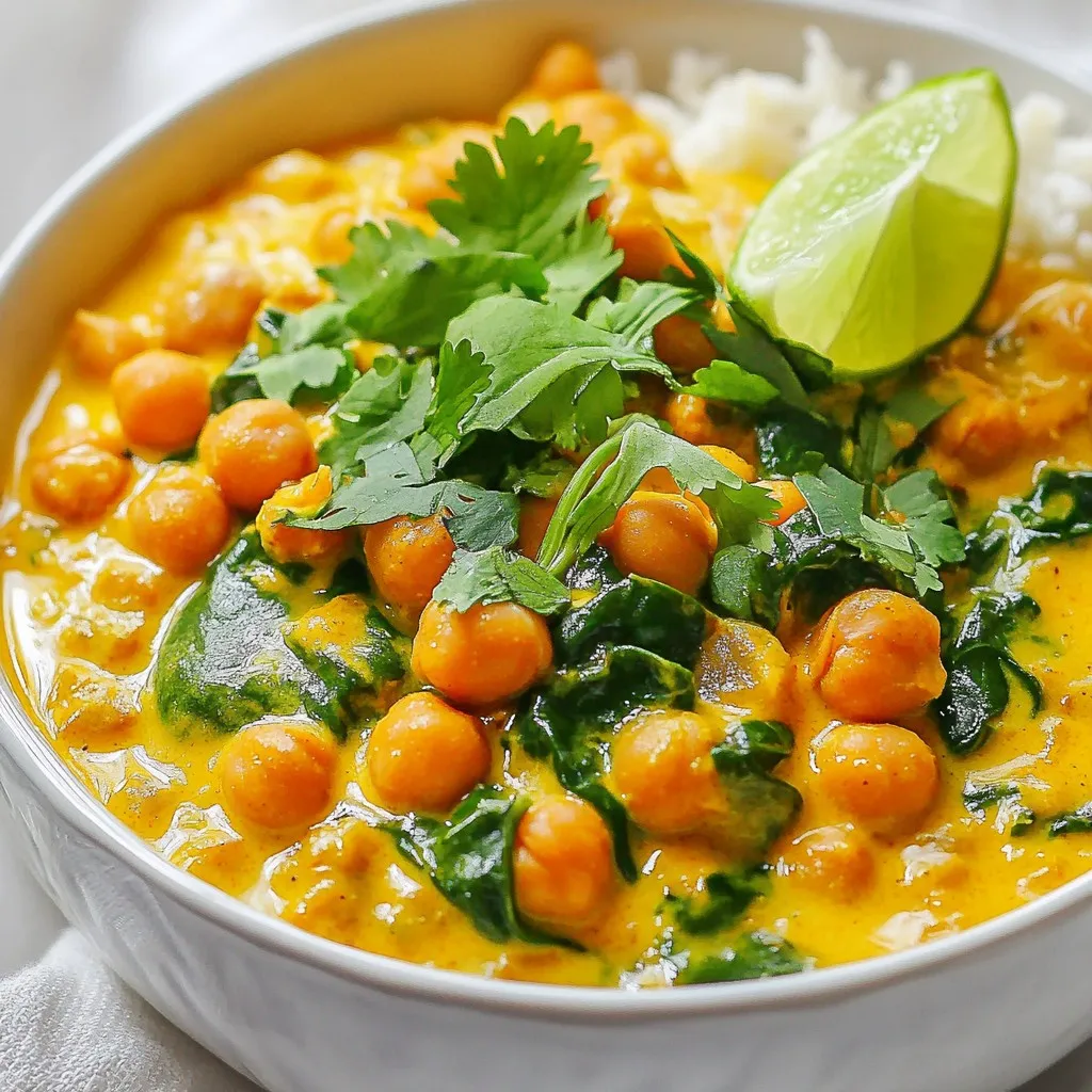 - 2 cans (15 oz each) chickpeas, drained and rinsed - 1 can (13.5 oz) coconut milk - 1 medium onion, finely chopped - 3 cloves garlic, minced - 1 tablespoon ginger, minced - 1 tablespoon yellow curry powder - 1 teaspoon turmeric powder - 1 teaspoon cumin powder - 1 can (14.5 oz) diced tomatoes (with juices) - 1 bell pepper (red or yellow), diced - 1 cup fresh spinach - 2 tablespoons olive oil - Salt and pepper to taste - Fresh cilantro, for garnish - Lime wedges, for serving Chickpeas are a great source of protein and fiber. They help keep you full and support digestion. Coconut milk adds a creamy texture and healthy fats. It gives this dish a rich flavor. Onions and garlic boost your immune system. They also add depth to the dish. Spices like turmeric and cumin have anti-inflammatory benefits. They help make every bite a health boost. Fresh spinach adds vitamins and minerals. It also gives a pop of color to your meal. If you don’t have chickpeas, you can use lentils. Lentils cook faster and are also nutritious. For coconut milk, you can try almond or soy milk. Just know that the flavor will change. Use any bell pepper you like, or skip it if you prefer. For spinach, kale works well too. It will add a different texture, but tastes just as good. If you want less heat, cut down on the curry powder. You can also add more spices based on your taste. {{ingredient_image_1}} Start by gathering all your ingredients. You will need: - 2 cans (15 oz each) chickpeas, drained and rinsed - 1 can (13.5 oz) coconut milk - 1 medium onion, finely chopped - 3 cloves garlic, minced - 1 tablespoon ginger, minced - 1 tablespoon yellow curry powder - 1 teaspoon turmeric powder - 1 teaspoon cumin powder - 1 can (14.5 oz) diced tomatoes (with juices) - 1 bell pepper (red or yellow), diced - 1 cup spinach (fresh) - 2 tablespoons olive oil - Salt and pepper to taste - Fresh cilantro, for garnish - Lime wedges, for serving Chop the onion, garlic, and ginger before you start cooking. This makes the cooking fast and easy. Rinse the chickpeas under cold water to remove any canning liquid. Heat the olive oil in a large skillet or pot over medium heat. Once the oil is hot, add the chopped onion. Sauté it for 5-7 minutes until it turns translucent. This step builds a sweet base flavor. Next, stir in the minced garlic and ginger. Cook them for 1-2 minutes until they smell great. Now, add the yellow curry powder, turmeric, and cumin to the pan. Stir well to coat the onions. Toast the spices for about one minute. This brings out their flavors. Then, pour in the diced tomatoes with their juices. Stir it all together and let it simmer for about 5 minutes. After that, add the drained chickpeas and coconut milk. Mix them well and bring the whole thing to a gentle simmer. Let it cook for 10-15 minutes. This allows the flavors to blend nicely. Finally, fold in the diced bell pepper and fresh spinach. Cook for an additional 3-4 minutes. This step will make the spinach wilt and the bell pepper tender. Taste your dish before serving. Adjust the salt and pepper as needed to enhance the taste. If you want more heat, add a pinch of red pepper flakes. For extra depth, try adding a splash of lime juice. Serve your Coconut Curry Chickpeas in deep bowls. Garnish with fresh cilantro and lime wedges for a bright touch. Pair it with fluffy rice or warm naan for a satisfying meal. Enjoy this rich and flavorful delight! To make the best Coconut Curry Chickpeas, start with fresh ingredients. Use ripe tomatoes and bright bell peppers. Always rinse your chickpeas well. This step removes excess sodium and helps with flavor. Toast the spices before adding other ingredients. This brings out the rich taste of curry. Let the dish simmer so the flavors blend well. Stir occasionally to prevent sticking. One common mistake is not sautéing the onions long enough. They should be soft and slightly golden. Avoid adding too much salt too early. Taste as you go to balance flavors. Don’t skip the spinach; it adds color and nutrients. Also, be careful not to overcook the bell peppers. They should remain tender-crisp for the best texture. For extra flavor, add a splash of lime juice at the end. This brightens the dish and adds freshness. You can also experiment with other spices, like coriander or cardamom. For a creamy texture, blend a portion of the chickpeas before adding them back. This thickens your curry and gives it a rich feel. Garnish with fresh cilantro for a pop of color and aroma. Enjoy with fluffy rice or warm naan for a complete meal experience. Pro Tips Use Fresh Spices: Freshly ground spices can enhance the flavor of your curry, making it more aromatic and delicious. Adjust the Heat: If you prefer a spicier dish, consider adding a pinch of red pepper flakes or a diced chili pepper to the mixture. Experiment with Vegetables: Feel free to add other vegetables like zucchini or carrots for added nutrition and texture. Make it Ahead: This dish tastes even better the next day! Prepare it in advance and let the flavors develop overnight. {{image_2}} You can easily make this dish vegan and gluten-free. The main ingredients are already plant-based. Chickpeas and coconut milk are rich in flavor and texture. You can use gluten-free products like tamari if you want extra depth. Always check labels to ensure all ingredients are gluten-free. Want to add more protein? You can mix in tofu or tempeh. Both soak up flavors well. For non-vegetarians, chicken or shrimp work nicely too. Just cook them until done before adding chickpeas. This way, you keep the dish hearty and satisfying. Feel free to play with spices and herbs. You can add chili powder for heat or lemongrass for a fresh zing. Fresh basil or mint can brighten up your curry. If you like a tangy kick, toss in lime zest. Experimenting keeps the dish exciting and fun! To keep your Coconut Curry Chickpeas fresh, let them cool first. Then, place them in an airtight container. Store in the fridge for up to four days. This dish tastes even better the next day as the flavors develop. When you're ready to enjoy your leftovers, heat them on the stove over medium heat. Stir often to avoid sticking. You can also microwave them. Place in a microwave-safe bowl and cover it. Heat in short bursts, stirring in between, until hot. You can freeze Coconut Curry Chickpeas for up to three months. Make sure they are in an airtight container or freezer bag. Label the container with the date. To thaw, move them to the fridge overnight or use the microwave for a quick thaw. Coconut curry chickpeas last about 3 to 5 days in the fridge. Store them in an airtight container to keep them fresh. The flavors actually deepen as they sit. This makes leftovers even tastier for lunch or dinner. Yes, you can use fresh chickpeas! However, cooking them takes longer. Soak them overnight to soften them. After soaking, boil them for about 1 to 1.5 hours until tender. This will add a nice texture to your dish. I love serving coconut curry chickpeas with fluffy rice or warm naan. The rice soaks up all that rich sauce. You can also try it with quinoa for a healthy twist. Add a side salad for crunch and freshness. Enjoying these dishes together makes a complete and satisfying meal. In this post, we covered how to make coconut curry chickpeas, from choosing the best ingredients to cooking techniques. I shared tips to avoid common mistakes and enhance flavors. You have options for vegan and gluten-free versions and know how to store leftovers properly. Remember, practice makes perfect. Don't stress over mistakes; each one teaches you something new. Enjoy creating your own version of this dish and share it with friends. Cooking is fun and rewarding!