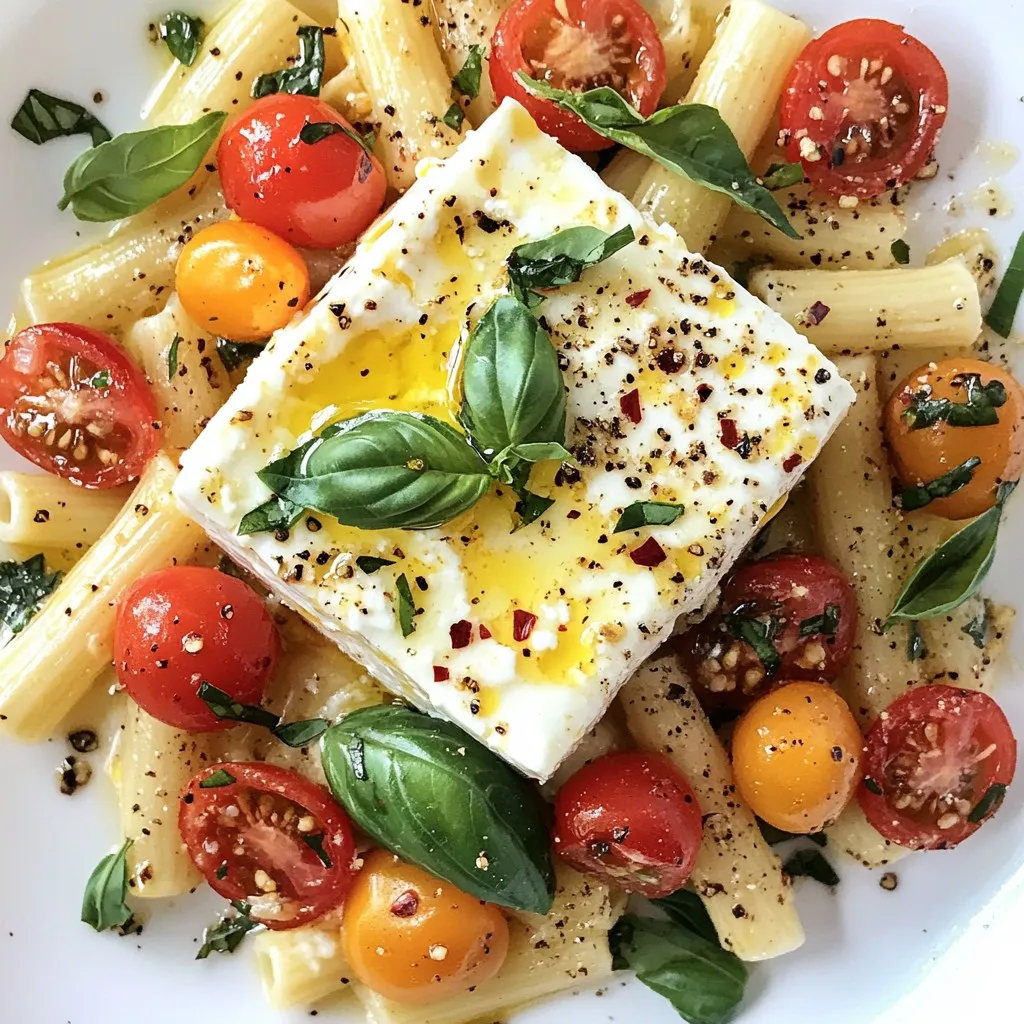 - Pasta options: You can use 200g of penne or fusilli. Both types work well. - Key ingredients: The star of this dish is a 200g block of feta cheese. Pair it with 2 cups of halved cherry tomatoes for flavor. - Additional seasoning and garnishes: Use 1/4 cup of olive oil, 4 minced garlic cloves, 1 teaspoon of dried oregano, and 1 teaspoon of red pepper flakes. Season with salt and pepper to taste. For a fresh touch, add lemon zest and juice from one lemon. Finally, top with fresh basil leaves for garnish. These ingredients create a creamy and delicious sauce. The feta cheese melts beautifully with the tomatoes. The garlic adds a nice punch of flavor. The lemon zest brightens the dish, making it perfect for any meal. {{ingredient_image_1}} First, set your oven to 400°F (200°C). This is the perfect temperature for baking. While it heats, grab a large baking dish. Place your block of feta cheese right in the center. Next, take 2 cups of halved cherry tomatoes and arrange them around the feta. Sprinkle 4 minced garlic cloves over everything. This adds great flavor. Drizzle 1/4 cup of olive oil over the top. Finally, season with 1 teaspoon of dried oregano, 1 teaspoon of red pepper flakes, salt, and pepper. Now it's time to bake! Place the dish in your oven and set the timer for 25 minutes. During this time, the tomatoes will burst, and the feta will turn golden. Keep an eye on it. The cheese should melt slightly and mix well with the tomatoes. While your dish bakes, cook 200g of pasta. I recommend penne or fusilli. Follow the package instructions and cook until it's al dente. This means it should be firm, not mushy. Before draining, save about 1/2 cup of the pasta water. This water is starchy and helps create a creamy sauce later. Drain the rest of the water and set the pasta aside. To get a creamy sauce, mix the baked feta and tomatoes well. Use a fork to mash them together. This brings out the sweet tomato flavors and creaminess of the feta. For seasoning, taste as you mix. You can add more salt or pepper if needed. If you like it spicy, toss in more red pepper flakes. Always adjust to your taste. You can prepare this dish in advance. Cook the pasta and roast the feta and tomatoes. Store them separately in the fridge. This way, you can heat them up later and enjoy a quick meal. When reheating, use low heat in the oven or microwave. Add a splash of olive oil to keep it moist. Stir well before serving to mix everything nicely. Pro Tips Use High-Quality Feta: A good quality feta cheese will enhance the flavor of the dish. Opt for a Greek feta for the best results. Customize the Vegetables: Feel free to add other vegetables like spinach, zucchini, or bell peppers to the baking dish for added nutrition and flavor. Adjust the Spice Level: If you prefer a milder dish, reduce the amount of red pepper flakes or substitute with a pinch of black pepper. Save Some Pasta Water: The reserved pasta water is starchy and helps to create a creamy sauce that coats the pasta beautifully. {{image_2}} You can get creative with the cheese in this recipe. Instead of feta, try using ricotta or goat cheese. Both add a nice creaminess. Ricotta gives a soft texture, while goat cheese has a tangy flavor. Each swap brings a new taste to your dish. Seasonal vegetables can also change the vibe. In spring, add asparagus or peas. In fall, try roasted butternut squash or Brussels sprouts. These vegetables add color and nutrients to your meal. Mix and match to suit your taste or what's in season. If you need gluten-free options, use gluten-free pasta. There are great brands that mimic regular pasta well. They cook similarly, so you won’t lose any flavor. Just check the package for cooking times. For a vegan twist, swap the feta for a plant-based alternative. Many brands now offer tasty vegan feta. You can also try using mashed avocado for creaminess. This option keeps your dish light and fresh. To store baked feta pasta, let it cool first. Place it in a container. Use an airtight container for the best results. This helps keep the flavors fresh. You can also separate the pasta from the sauce if you prefer. For freezing, use freezer-safe containers. You can also use heavy-duty freezer bags. Make sure to remove as much air as possible. Label the bags with the date. This way, you know what you have and when to use it. In the fridge, baked feta pasta lasts about 3 to 4 days. If you stored it properly, it will stay fresh. Look for signs of spoilage. If the pasta smells sour or has a strange color, it’s time to toss it. Mold is also a clear sign that the dish is no longer good. Always trust your senses when it comes to food safety. Baked Feta Pasta went viral on social media in early 2021. It started with a Finnish food blogger who shared a simple recipe. The dish quickly gained popularity on platforms like TikTok and Instagram. People loved how easy it was to make and how delicious it tasted. The combination of creamy feta and juicy tomatoes made it a hit. Now, it's a favorite for many home cooks. You can use pre-crumbled feta cheese, but it may change the texture. Block feta melts better and creates a creamier sauce. Pre-crumbled feta can be grainy and less flavorful. If you want the best results, stick with a block of feta. It gives a rich taste and smooth texture in the final dish. To spice things up, add more red pepper flakes. You can also use fresh jalapeños or diced chili peppers. Another option is to mix in some hot sauce when you toss the pasta. Adjust the heat to match your taste. A little kick can make this dish even more exciting! In this blog post, we explored the key components of baked feta pasta. You learned about the main ingredients, like pasta choices and essential seasonings. I shared step-by-step instructions for prepping, baking, and perfecting your dish. Tips for texture and meal prep help you make it faster. You can even swap ingredients for your taste or dietary needs. Finally, I covered how to store leftovers and answered common questions. Now you have all the tools to create a tasty and easy dish! Enjoy your cooking!