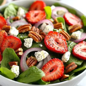- 4 cups fresh spinach - 2 cups strawberries - 1/2 cup red onion - 1/4 cup feta cheese - 1/4 cup candied pecans - 1/4 cup poppy seeds - 1/3 cup olive oil - 1/4 cup apple cider vinegar - 2 tablespoons honey - Salt and pepper to taste When I create this salad, I focus on fresh, vibrant ingredients. Fresh spinach serves as the base. I use four cups, washed and dried. It adds a crisp texture and rich color. Next, I slice two cups of strawberries. Their sweetness brightens the dish. Strawberries also give a burst of flavor. Red onion adds a slight bite. I thinly slice half a cup to keep it mild. Now, let&rsquo;s add some fun! I sprinkle in feta cheese. A quarter cup crumbled brings creaminess. Candied pecans add crunch and sweetness. I use a quarter cup for that extra pop. Lastly, I include a quarter cup of poppy seeds. They add a nice visual touch and a bit of nuttiness. For the dressing, I whisk together one-third cup of olive oil and a quarter cup of apple cider vinegar. To sweeten it, I add two tablespoons of honey. Salt and pepper bring everything together. This dressing makes the flavors sing! {{ingredient_image_1}} To make the dressing, start by taking a small bowl. Add the olive oil, apple cider vinegar, honey, and poppy seeds. Whisk these ingredients together until they blend well. This should take about 30 seconds. After mixing, taste the dressing. Add salt and pepper to your liking. You want it to be zesty but not overpowering. Set the dressing aside while you prepare the salad. Grab a large salad bowl and add the fresh spinach. Next, toss in the sliced strawberries and the thinly sliced red onion. These ingredients add color and crunch. Drizzle half of the poppy seed dressing over the salad. Gently toss the salad so that all the greens and fruits are coated. This helps every bite burst with flavor. Now, it&rsquo;s time to add the finishing touches! Sprinkle the crumbled feta cheese over the top. Then, add the candied pecans for a sweet crunch. Give the salad a light toss again to mix everything. Taste it one more time. If you think it needs more dressing or seasoning, feel free to adjust. Serve this fresh and tasty salad right away. Enjoy every bite! To make your Strawberry Spinach Poppy Seed Salad shine, consider these ideas: - Garnish: Add extra strawberry slices on top. Sprinkle more poppy seeds for color. - Serving Dishes: Use a large, clear bowl. Individual plates also look nice and can impress guests. If you have leftover dressing, store it in a jar. Keep it in the fridge for up to a week. To save time, make the dressing ahead of time. Just whisk the ingredients and store. Shake well before using it again. You can swap out nuts or cheese in this salad easily. Try sunflower seeds or walnuts instead of pecans. For cheese, goat cheese works well too. If you want a different flavor for the dressing, use balsamic vinegar instead of apple cider vinegar. This change adds a rich twist to the taste. Pro Tips Fresh Ingredients: Always use fresh spinach and ripe strawberries for the best flavor and texture. Dressing Balance: Adjust the sweetness and acidity of the dressing by adding more honey or vinegar to suit your taste. Make-Ahead Tips: Prepare the dressing and chop the vegetables ahead of time, but combine them just before serving to keep the salad crisp. Garnish for Flair: Add a few whole strawberries on top and a sprinkle of poppy seeds for an eye-catching presentation. {{image_2}} You can easily boost the protein in your Strawberry Spinach Poppy Seed Salad. Grilled chicken or shrimp work great in this dish. They add flavor and make the salad more filling. Just slice them up and toss them in. For a vegetarian option, try adding chickpeas. They are healthy and add a nice texture. Simply drain and rinse them before mixing them in. Feel free to get creative with seasonal fruits. You can swap out strawberries for other berries like blueberries or raspberries. Peaches or mangoes also work well in summer. This lets you adapt the salad based on what you have. Use the freshest fruits for the best taste. If you need gluten-free options, this salad is already a winner. All the main ingredients are gluten-free. For a nut-free alternative, skip the candied pecans. You can add sunflower seeds for crunch instead. This keeps the salad tasty while catering to different diets. To keep your Strawberry Spinach Poppy Seed Salad fresh, store it in an airtight container. This method helps prevent wilting and keeps flavors bright. If you have leftovers, the salad will stay good for about one day in the fridge. The fresh spinach and strawberries break down quickly, losing their crispness. You can keep the dressing separate to help maintain quality. Can the salad be frozen? No, I do not recommend freezing this salad. Freezing can change the texture of the spinach and strawberries. However, you can freeze the dressing! To do this, pour the dressing into ice cube trays. Once frozen, transfer the cubes to a bag. This way, you can easily use the dressing later. To refresh the salad before serving, gently toss it with some fresh spinach and a bit of dressing. This adds a nice crunch and flavor. Do not heat the salad; it is best served cold. If you want to maintain quality, avoid adding feta cheese or nuts until right before serving. To make the salad vegan, simply swap out the feta cheese. You can use a plant-based cheese or leave it out entirely. You can also replace honey with maple syrup or agave nectar. This keeps the sweetness and makes it vegan-friendly. Yes, you can prepare the salad in advance. However, I recommend storing the dressing separately. This helps keep the salad fresh. The salad will stay fresh for about one day in the fridge. To enjoy, just add the dressing just before serving. The poppy seed dressing is a great match for this salad. It adds a nice sweetness and tang. If you want to try something different, consider balsamic vinaigrette or a lemon olive oil dressing. These options will still taste fantastic with the spinach and strawberries. This blog post covered a fresh spinach salad with strawberries. We talked about its simple ingredients, making the dressing, and assembly steps. You learned tips for serving, storage, and variations to suit your needs. In the end, salads can be fun and flexible. Feel free to mix and match ingredients to create your favorite version. Enjoy making your next salad an exciting part of your meal!