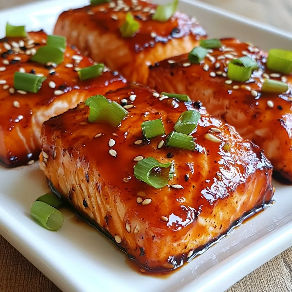 - 4 salmon fillets (6 ounces each) - 1/4 cup honey - 2 tablespoons Sriracha sauce - 2 tablespoons soy sauce - 1 tablespoon rice vinegar - 2 cloves garlic, minced - 1 teaspoon grated fresh ginger To make Honey Sriracha Glazed Salmon, you need fresh salmon fillets. The salmon is the star of the dish. Honey adds sweetness, while Sriracha gives it a spicy kick. Soy sauce adds depth and saltiness. Rice vinegar brings a bit of tang. Minced garlic and fresh ginger add aromatic flavors. - 2 green onions, thinly sliced (for garnish) - Sesame seeds (for garnish) Garnishing the dish makes it pop. Green onions add a fresh crunch. Sesame seeds bring a nice nutty flavor and texture. - Salt and pepper - Additional spices (if desired) While salt and pepper are key, feel free to add other spices. Try garlic powder or paprika for an extra layer of flavor. Adjust to your taste. {{ingredient_image_1}} To start, we need to prepare the marinade. In a small bowl, whisk together these ingredients: - 1/4 cup honey - 2 tablespoons Sriracha sauce - 2 tablespoons soy sauce - 1 tablespoon rice vinegar - 2 cloves garlic, minced - 1 teaspoon grated fresh ginger - 1 tablespoon sesame oil Mix until smooth. This blend gives the salmon a sweet and spicy kick. Next, season the salmon fillets with salt and pepper on both sides. Place them in a shallow dish. Pour the honey Sriracha mixture over the salmon. Make sure each piece is well coated. Cover and let it marinate for at least 15 minutes. This step helps the flavors blend and soak into the fish. While the salmon marinates, we can preheat the oven. Set it to 400°F (200°C). Line a baking sheet with parchment paper to prevent sticking. After marinating, place the salmon fillets on the prepared baking sheet, skin side down. Drizzle any leftover marinade over the top. Bake in the oven for 12-15 minutes. The salmon is done when it flakes easily with a fork. For a nice caramelized finish, broil the salmon for the last 2 minutes. This adds a beautiful color and extra flavor. Once you take it out, let the salmon rest for a couple of minutes. This step helps keep it juicy. Finally, garnish with sliced green onions and a sprinkle of sesame seeds. This adds a nice crunch and a pop of color. Enjoy your delicious Honey Sriracha Glazed Salmon! For the best glaze, marinate the salmon for at least 15 minutes. This brief time lets the flavors mix well. If you want a sweeter taste, add more honey. For more heat, increase the Sriracha. Remember, balance is key. You can bake or grill the salmon. Baking is easy and keeps the salmon moist. Grilling adds a nice char and flavor. To check if the salmon is done, look for it to flake easily with a fork. The center should be a light pink. Pair your salmon with simple sides like rice or steamed veggies. A fresh salad also works well. For a lovely presentation, place the salmon on a plate and sprinkle with green onions and sesame seeds. This adds color and crunch. Pro Tips Marinate Longer for More Flavor: For an even bolder taste, marinate the salmon for 30 minutes to 1 hour. This allows the flavors to penetrate deeper into the fish. Use Fresh Ingredients: Fresh garlic and ginger will elevate the flavor profile of your glaze. Opt for fresh over powdered for the best results. Check for Doneness: Salmon is perfectly cooked when it flakes easily with a fork. Use a meat thermometer to ensure it's at least 145°F (63°C) internally. Add Crunch: For an extra layer of texture, top the salmon with crushed nuts or crispy shallots before serving. {{image_2}} You can swap salmon for chicken or tofu. Both options taste great with the honey Sriracha glaze. If you choose chicken, use boneless, skinless chicken breasts. Cook them for 20 to 25 minutes in the oven. For tofu, press it to remove excess water. Cut it into thick slices and bake for 25 minutes. Adjust your cooking times based on the protein you use. Ensure any protein reaches a safe internal temperature before serving. Add some citrus to brighten the dish. Lime or lemon juice can enhance the flavor. Just mix in a tablespoon of juice with your glaze. You can also try using other sauces. For example, teriyaki sauce gives a sweet twist. Or you might use hoisin sauce for a richer flavor. Each option adds its own unique touch to the dish. If you need a gluten-free option, choose tamari instead of soy sauce. Many brands offer gluten-free alternatives. For a low-sugar version, use less honey or try a sugar substitute. You can also mix in some unsweetened applesauce. This keeps the glaze thick without the extra sugar. Adjust these ingredients to match your dietary needs while still enjoying this tasty dish. After enjoying your Honey Sriracha Glazed Salmon, store leftovers in good containers. Use airtight glass or plastic containers to keep the salmon fresh. Place the salmon in the fridge within two hours of cooking. It will stay tasty for up to three days. When reheating salmon, avoid drying it out. The best method is to use the oven. Preheat your oven to 300°F (150°C). Place the salmon on a baking sheet and cover it with foil. Heat for about 10 minutes. If you prefer the microwave, use low power. Heat in short bursts to keep the texture nice. You can freeze Honey Sriracha Glazed Salmon before or after cooking. If you freeze raw salmon, wrap each fillet tightly. Use freezer bags or wrap in plastic. Thaw it in the fridge overnight before cooking. If freezing cooked salmon, let it cool first. Store it in airtight containers. Thaw cooked salmon in the fridge for the best results. Baking is my favorite way to cook salmon. It keeps the fish moist and tender. Baking also allows the glaze to caramelize, adding great flavor. Here’s a quick comparison: - Baking: Easy, consistent, and allows for even cooking. Great for glazes. - Grilling: Adds a smoky flavor but can dry out the fish if not watched closely. - Pan-searing: Good for a crispy skin. Requires more attention and skills. For this recipe, I recommend baking. It’s simple and yields delicious results. You can easily tone down the heat in your glaze. Here are some tips: - Reduce Sriracha: Use less Sriracha sauce in the mix. Start with one tablespoon. - Add More Honey: Adding extra honey will balance the spice. It sweetens the glaze nicely. - Citrus Juice: Mixing in lime or lemon juice can cut the spice and add brightness. Feel free to taste as you go. Adjusting the glaze lets you find your perfect balance. Yes, you can use frozen salmon. Just follow these guidelines: - Thaw Properly: Thaw it in the fridge overnight or under cold water. Avoid using the microwave. - Adjust Cooking Time: Frozen fillets may take a few minutes longer to cook. Check for doneness by using a fork. Using frozen salmon is a great option when fresh is not available. The glaze will still shine through. You learned how to prepare a delicious salmon dish using simple ingredients. We covered marinating, baking, and garnishing for a tasty meal. Remember, you can swap proteins and adjust flavors to fit your taste. Don't forget to store leftovers properly for future meals. With these tips, you’ll become a pro in the kitchen. Enjoy making this recipe your own!