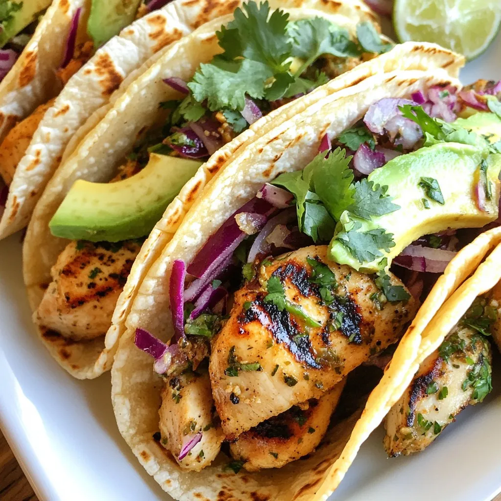To make these tasty cilantro lime chicken street tacos, you need: - 1 lb boneless, skinless chicken thighs - Juice of 3 limes - Zest of 1 lime - 1/4 cup fresh cilantro, chopped - 3 cloves garlic, minced - 1 teaspoon ground cumin - 1 teaspoon chili powder - 1/2 teaspoon salt - 1/4 teaspoon black pepper - 8 small corn tortillas You can add these toppings for more flavor: - 1 avocado, sliced - 1/2 cup red cabbage, shredded - 1/4 cup diced red onion - Hot sauce - Extra cilantro for garnish If you need to swap some items, try these: - Use chicken breasts instead of thighs for a leaner option. - Lime juice can be replaced with lemon juice if needed. - Swap fresh cilantro with parsley for a milder taste. - Use taco shells instead of corn tortillas for a different twist. {{ingredient_image_1}} To start, you need to make the marinade. In a medium bowl, mix the juice and zest of 3 limes. Add 1/4 cup of chopped cilantro, 3 minced garlic cloves, 1 teaspoon of cumin, 1 teaspoon of chili powder, 1/2 teaspoon of salt, and 1/4 teaspoon of black pepper. Stir everything well until combined. Next, add 1 pound of boneless, skinless chicken thighs to the bowl. Make sure the chicken is fully coated with the marinade. Cover the bowl and place it in the refrigerator. Let the chicken marinate for at least 30 minutes. If you have time, marinate it for up to 2 hours for the best flavor. Once your chicken has marinated, it’s time to grill. Preheat your grill or grill pan to medium-high heat. When it’s hot, place the marinated chicken thighs on the grill. Grill the chicken for about 5-7 minutes on each side. You want the internal temperature to reach 165°F. The chicken should also have nice grill marks. After grilling, take the chicken off the heat. Let it rest for 5 minutes before slicing it into thin strips. This resting time keeps the juices in the chicken. Now, it’s time to put everything together. Start by warming your corn tortillas. You can do this on the grill or in a dry skillet for about 30 seconds on each side. This step makes the tortillas soft and easy to fold. Take a tortilla and place a few strips of grilled chicken in the center. Top it with sliced avocado, shredded red cabbage, and diced red onion. If you like a kick, drizzle some hot sauce on top. Finish by adding extra cilantro for a fresh touch. Enjoy your flavorful cilantro lime chicken street tacos! To get juicy, flavorful chicken, choose boneless, skinless chicken thighs. They stay moist during cooking. Marinate the chicken for at least 30 minutes. This helps the flavors to soak in. Use a grill at medium-high heat. Grill each side for 5-7 minutes. Check the chicken's temperature; it should reach 165°F. Let it rest for 5 minutes before slicing. This keeps it tender and juicy. Warm your corn tortillas before filling them. You can do this on the grill or in a dry skillet. Heat them for about 30 seconds on each side. This makes them soft and pliable. If they are cold, they can crack easily. Always stack the warmed tortillas on a plate and cover them with a cloth. This keeps them warm and moist until you are ready to serve. Serve your tacos with fresh avocado slices, shredded red cabbage, and diced red onion. These toppings add crunch and taste. You can also add hot sauce for extra heat. For a fresh touch, sprinkle cilantro on top. Pair the tacos with lime wedges for a zesty kick. Enjoy these tacos with friends or family for a fun meal! Pro Tips Marinate Longer for More Flavor: For the best flavor, marinate the chicken for at least 2 hours or even overnight in the refrigerator. This allows the flavors to penetrate deeply. Use a Meat Thermometer: To ensure your chicken is cooked perfectly, use a meat thermometer to check that it reaches an internal temperature of 165°F. Warm Tortillas Properly: Warming the corn tortillas makes them more pliable and helps prevent them from tearing. You can also wrap them in a clean kitchen towel to keep them warm after heating. Customize Your Toppings: Feel free to experiment with different toppings! Add diced tomatoes, jalapeños, or a squeeze of additional lime for a personalized touch. {{image_2}} You can easily swap chicken for other proteins. Shrimp is a fantastic choice. It cooks fast and pairs well with the lime and cilantro. You can also try pork or beef. Just adjust the cooking time. For pork, aim for a nice sear. With beef, use thin strips for quick grilling. For a vegan twist, use grilled mushrooms or jackfruit. Both have a meaty texture and soak up flavors well. You could also use marinated tofu. Cut it into cubes and grill until golden. These options keep your meal light and fresh while adding great taste. Want more heat? Add diced jalapeños to the marinade. You can also sprinkle chili flakes on the tacos. For a milder flavor, skip the chili powder. You can even use sweet bell peppers for crunch without the spice. Adjusting spice lets you cater to your taste. To store leftover chicken, place it in an airtight container. Make sure the chicken is cool before sealing. You can keep it in the fridge for up to three days. If you want it to last longer, consider freezing it. To reheat the chicken, use a skillet or microwave. In a skillet, heat on medium for about five minutes. Stir often to ensure even heating. In the microwave, place chicken in a bowl and cover it. Heat in 30-second intervals until warm. To freeze leftover tacos, separate the chicken from the tortillas and toppings. Place the chicken in a freezer-safe bag. Store the tortillas in a separate bag. You can freeze them for up to three months. When ready to eat, thaw in the fridge overnight. Then, reheat and assemble your tacos again! Yes, you can make the marinade ahead of time. Mix the lime juice, zest, cilantro, garlic, cumin, chili powder, salt, and pepper. Store it in the fridge for up to 2 days. This lets the flavors meld. Just add the chicken when you’re ready to cook. A gas grill works great for grilling chicken. It heats evenly and is easy to control. You can also use a charcoal grill for a smoky flavor. A grill pan on your stove also works. Just ensure it gets hot before adding the chicken. To make this dish gluten-free, use corn tortillas. They are naturally gluten-free. Check the package to ensure no gluten is present. Skip any sauces that contain gluten. Use fresh ingredients for the best taste. Yes, you can use different tortillas. Flour tortillas work well but may not be gluten-free. You can also try lettuce wraps for a low-carb option. Experiment with different styles to find your favorite! You learned about tasty tacos, from the main ingredients to cooking steps. You can choose toppings and substitutions that suit your taste. Grilling chicken can be easy with simple tips. Also, there are options for vegan eaters and ways to adjust spice levels. Leftovers can be stored and reheated for future meals. Keep these ideas in mind to enjoy your taco night. Now, get ready to impress everyone with your delicious tacos!
