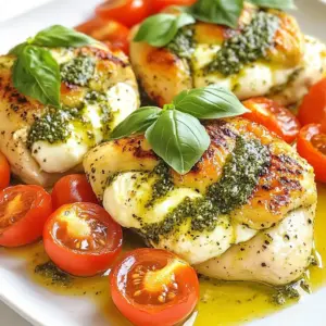 To make Pesto Mozzarella Stuffed Chicken, you will need: - 4 boneless, skinless chicken breasts - 1 cup fresh basil pesto (store-bought or homemade) - 8 ounces fresh mozzarella cheese, sliced - 1 cup cherry tomatoes, halved - 1 tablespoon olive oil - 1 teaspoon garlic powder - Salt and pepper, to taste - Fresh basil leaves for garnish When picking fresh ingredients, quality matters. Look for vibrant basil. It should smell fragrant and look bright green. Choose mozzarella that is soft and creamy. Avoid hard cheeses for this recipe. Cherry tomatoes should be plump and firm, free of blemishes. Fresh ingredients make your dish shine and taste better. If you can't find basil pesto, you can try sun-dried tomato pesto or a spinach pesto. Both add unique flavors. For cheese, you can use provolone or goat cheese if you prefer. These options still melt well and taste great. Feel free to mix and match to suit your taste! {{ingredient_image_1}} Start by preheating your oven to 375&deg;F (190&deg;C). Take each chicken breast and place it on a cutting board. Use a sharp knife to cut a pocket into each breast. Be careful not to cut all the way through. This pocket will hold the pesto and cheese. Take 2 tablespoons of pesto and place it inside each pocket. Then, add 2 slices of fresh mozzarella cheese. This mix will melt beautifully during cooking. After stuffing, use toothpicks to close the openings. This step keeps the filling from spilling out. In a large ovenproof skillet, heat 1 tablespoon of olive oil over medium-high heat. While the oil heats, season the chicken with garlic powder, salt, and pepper. Once the oil is hot, carefully add the stuffed chicken breasts. Sear them for about 3-4 minutes on each side until they turn golden brown. After searing, remove the skillet from the heat. Add halved cherry tomatoes around the chicken. Then, transfer the skillet to the oven. Bake for 20-25 minutes. The chicken should reach an internal temperature of 165&deg;F (75&deg;C). Once done, let it rest for 5 minutes. Finally, remove the toothpicks and serve warm, garnished with fresh basil leaves. To cook chicken perfectly, use a meat thermometer. The safe internal temperature is 165&deg;F (75&deg;C). Sear the chicken on medium-high heat first. This gives it a nice brown color. After searing, bake it in the oven. This helps the chicken stay juicy and tender. Let it rest before cutting. This keeps the juices inside and makes each bite tasty. To keep the filling from escaping, secure the pockets well. Use toothpicks to close the chicken. Make sure you stuff it gently but firmly. Don&rsquo;t overfill, or the chicken might burst. Use a sharp knife to cut the pockets carefully. This keeps the chicken intact while cooking. For a fun twist, serve the chicken over pasta. Add some cherry tomatoes and pesto. You can also pair it with a fresh salad. A side of garlic bread complements it nicely. For a gourmet touch, sprinkle some parmesan on top. Fresh basil leaves add color and flavor. Enjoy your meal with a glass of white wine for a special treat. Pro Tips Properly Season the Chicken: Be generous with salt and pepper to enhance the flavors. Seasoning the chicken before searing helps to create a delicious crust. Use Fresh Ingredients: Whenever possible, opt for fresh basil pesto and mozzarella for the best taste and texture. Fresh ingredients elevate the overall dish. Let It Rest: Allowing the chicken to rest for a few minutes after baking ensures the juices redistribute, making the chicken moister and more flavorful. Experiment with Fillings: Feel free to mix in other ingredients like sun-dried tomatoes or spinach with the mozzarella and pesto for added flavor and texture. {{image_2}} You can make this dish even more fun. Try adding veggies like spinach or sun-dried tomatoes. These add flavor and color to your chicken. You can also mix in other cheeses. Creamy goat cheese or sharp cheddar works well. Each option creates a new taste. Experiment with what you love most. While pesto is great, you can change it up. A creamy Alfredo sauce can be a tasty choice. Or, try a tangy marinara for a different vibe. For sides, roasted veggies or a fresh salad pair nicely. You can also serve it with pasta for a filling meal. Mix and match to find your favorite combo. If you want a gluten-free meal, focus on fresh ingredients. All the main ingredients in this recipe are gluten-free. For a low-carb option, skip the pasta and serve with a salad instead. You can also use zucchini noodles as a base. This keeps the meal light and healthy, while still being delicious. To store leftovers, let the chicken cool first. Place it in an airtight container. This keeps the chicken fresh and moist. You can store it in the fridge for up to three days. If you plan to eat it later, you can freeze it. To reheat, place the chicken in a baking dish. Cover it with foil to keep it moist. Heat your oven to 350&deg;F (175&deg;C). Bake for about 15-20 minutes. Check the temperature; it should reach 165&deg;F (75&deg;C). This keeps the chicken tender and tasty. If you want to freeze the chicken, wrap each piece tightly in plastic wrap. Then, place them in a freezer bag. Label the bag with the date and type of dish. You can freeze it for up to three months. To cook, thaw it in the fridge overnight before reheating. This makes meal prep easy and helps you save time. Yes, you can use frozen chicken breasts. Just remember to thaw them first. You can safely thaw chicken in the fridge overnight. If you're short on time, use the microwave. Once thawed, follow the recipe as usual. This gives you juicy chicken pockets. The best way to check chicken is with a meat thermometer. Insert it into the thickest part of the chicken. It should read 165&deg;F (75&deg;C) to be safe to eat. If you don't have a thermometer, cut into the chicken. The juices should run clear with no pink meat inside. Absolutely! You can swap basil with parsley or cilantro for a twist. Each herb brings a new flavor. Try using a mix of herbs for extra taste. Just remember, fresh herbs give the best flavor. This blog post covered essential ingredients for your dish and key cooking steps. You learned about prepping, stuffing, and cooking chicken breasts perfectly. I shared tips to keep the filling from escaping and suggested creative serving ideas. We explored different filling and sauce options, plus storage tips for leftovers. Remember, cooking is about experimenting. Don't be afraid to try new flavors and enjoy the process. Happy cooking!