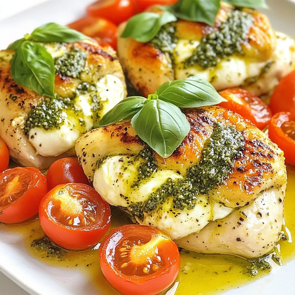 To make Pesto Mozzarella Stuffed Chicken, you will need: - 4 boneless, skinless chicken breasts - 1 cup fresh basil pesto (store-bought or homemade) - 8 ounces fresh mozzarella cheese, sliced - 1 cup cherry tomatoes, halved - 1 tablespoon olive oil - 1 teaspoon garlic powder - Salt and pepper, to taste - Fresh basil leaves for garnish When picking fresh ingredients, quality matters. Look for vibrant basil. It should smell fragrant and look bright green. Choose mozzarella that is soft and creamy. Avoid hard cheeses for this recipe. Cherry tomatoes should be plump and firm, free of blemishes. Fresh ingredients make your dish shine and taste better. If you can't find basil pesto, you can try sun-dried tomato pesto or a spinach pesto. Both add unique flavors. For cheese, you can use provolone or goat cheese if you prefer. These options still melt well and taste great. Feel free to mix and match to suit your taste! {{ingredient_image_1}} Start by preheating your oven to 375°F (190°C). Take each chicken breast and place it on a cutting board. Use a sharp knife to cut a pocket into each breast. Be careful not to cut all the way through. This pocket will hold the pesto and cheese. Take 2 tablespoons of pesto and place it inside each pocket. Then, add 2 slices of fresh mozzarella cheese. This mix will melt beautifully during cooking. After stuffing, use toothpicks to close the openings. This step keeps the filling from spilling out. In a large ovenproof skillet, heat 1 tablespoon of olive oil over medium-high heat. While the oil heats, season the chicken with garlic powder, salt, and pepper. Once the oil is hot, carefully add the stuffed chicken breasts. Sear them for about 3-4 minutes on each side until they turn golden brown. After searing, remove the skillet from the heat. Add halved cherry tomatoes around the chicken. Then, transfer the skillet to the oven. Bake for 20-25 minutes. The chicken should reach an internal temperature of 165°F (75°C). Once done, let it rest for 5 minutes. Finally, remove the toothpicks and serve warm, garnished with fresh basil leaves. To cook chicken perfectly, use a meat thermometer. The safe internal temperature is 165°F (75°C). Sear the chicken on medium-high heat first. This gives it a nice brown color. After searing, bake it in the oven. This helps the chicken stay juicy and tender. Let it rest before cutting. This keeps the juices inside and makes each bite tasty. To keep the filling from escaping, secure the pockets well. Use toothpicks to close the chicken. Make sure you stuff it gently but firmly. Don’t overfill, or the chicken might burst. Use a sharp knife to cut the pockets carefully. This keeps the chicken intact while cooking. For a fun twist, serve the chicken over pasta. Add some cherry tomatoes and pesto. You can also pair it with a fresh salad. A side of garlic bread complements it nicely. For a gourmet touch, sprinkle some parmesan on top. Fresh basil leaves add color and flavor. Enjoy your meal with a glass of white wine for a special treat. Pro Tips Properly Season the Chicken: Be generous with salt and pepper to enhance the flavors. Seasoning the chicken before searing helps to create a delicious crust. Use Fresh Ingredients: Whenever possible, opt for fresh basil pesto and mozzarella for the best taste and texture. Fresh ingredients elevate the overall dish. Let It Rest: Allowing the chicken to rest for a few minutes after baking ensures the juices redistribute, making the chicken moister and more flavorful. Experiment with Fillings: Feel free to mix in other ingredients like sun-dried tomatoes or spinach with the mozzarella and pesto for added flavor and texture. {{image_2}} You can make this dish even more fun. Try adding veggies like spinach or sun-dried tomatoes. These add flavor and color to your chicken. You can also mix in other cheeses. Creamy goat cheese or sharp cheddar works well. Each option creates a new taste. Experiment with what you love most. While pesto is great, you can change it up. A creamy Alfredo sauce can be a tasty choice. Or, try a tangy marinara for a different vibe. For sides, roasted veggies or a fresh salad pair nicely. You can also serve it with pasta for a filling meal. Mix and match to find your favorite combo. If you want a gluten-free meal, focus on fresh ingredients. All the main ingredients in this recipe are gluten-free. For a low-carb option, skip the pasta and serve with a salad instead. You can also use zucchini noodles as a base. This keeps the meal light and healthy, while still being delicious. To store leftovers, let the chicken cool first. Place it in an airtight container. This keeps the chicken fresh and moist. You can store it in the fridge for up to three days. If you plan to eat it later, you can freeze it. To reheat, place the chicken in a baking dish. Cover it with foil to keep it moist. Heat your oven to 350°F (175°C). Bake for about 15-20 minutes. Check the temperature; it should reach 165°F (75°C). This keeps the chicken tender and tasty. If you want to freeze the chicken, wrap each piece tightly in plastic wrap. Then, place them in a freezer bag. Label the bag with the date and type of dish. You can freeze it for up to three months. To cook, thaw it in the fridge overnight before reheating. This makes meal prep easy and helps you save time. Yes, you can use frozen chicken breasts. Just remember to thaw them first. You can safely thaw chicken in the fridge overnight. If you're short on time, use the microwave. Once thawed, follow the recipe as usual. This gives you juicy chicken pockets. The best way to check chicken is with a meat thermometer. Insert it into the thickest part of the chicken. It should read 165°F (75°C) to be safe to eat. If you don't have a thermometer, cut into the chicken. The juices should run clear with no pink meat inside. Absolutely! You can swap basil with parsley or cilantro for a twist. Each herb brings a new flavor. Try using a mix of herbs for extra taste. Just remember, fresh herbs give the best flavor. This blog post covered essential ingredients for your dish and key cooking steps. You learned about prepping, stuffing, and cooking chicken breasts perfectly. I shared tips to keep the filling from escaping and suggested creative serving ideas. We explored different filling and sauce options, plus storage tips for leftovers. Remember, cooking is about experimenting. Don't be afraid to try new flavors and enjoy the process. Happy cooking!
