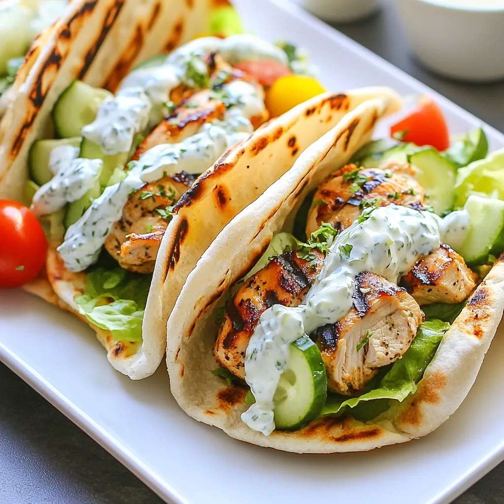 - 1 pound boneless, skinless chicken thighs - 3 tablespoons olive oil - 3 cloves garlic, minced - 1 tablespoon dried oregano - 1 teaspoon paprika - 1 teaspoon ground cumin - Juice of 1 lemon - Salt and pepper to taste - 4 pita breads - 1 cup lettuce, shredded - 1 large tomato, diced - 1 cucumber, sliced - 1 cup Greek yogurt - 1 cucumber, grated and drained - 2 cloves garlic, minced - 1 tablespoon olive oil - 1 tablespoon fresh dill, chopped - Juice of 1/2 lemon - Salt to taste Gathering the right ingredients is key. You want the chicken to be juicy and full of flavor. Boneless, skinless chicken thighs work best. They stay moist while cooking. For the marinade, combine olive oil, garlic, oregano, paprika, cumin, lemon juice, salt, and pepper. This mix will add a burst of flavor to the chicken. Let it soak for at least 30 minutes. Next, the pita and veggies! You need fresh pita bread for wrapping. Shredded lettuce adds a nice crunch. Dice the tomato for sweetness, and slice the cucumber for freshness. Don’t forget the tzatziki sauce! Greek yogurt is rich and creamy. Grate and drain the cucumber to avoid a watery sauce. Mix that with garlic, olive oil, dill, lemon juice, and salt. This sauce ties all the flavors together and adds a cool touch to the gyros. With these ingredients on hand, you're ready to create some tasty Greek chicken gyros! {{ingredient_image_1}} To start, you need to make the marinade. In a bowl, mix these ingredients: - 3 tablespoons olive oil - 3 cloves garlic, minced - 1 tablespoon dried oregano - 1 teaspoon paprika - 1 teaspoon ground cumin - Juice of 1 lemon - Salt and pepper to taste Add the chicken thighs and coat them well. Cover the bowl and place it in the fridge. Let the chicken marinate for at least 30 minutes. For best results, marinate it overnight. Next, let’s prepare the Tzatziki sauce. In another bowl, combine: - 1 cup Greek yogurt - 1 cucumber, grated and drained - 2 cloves garlic, minced - 1 tablespoon olive oil - 1 tablespoon fresh dill, chopped - Juice of 1/2 lemon - Salt to taste Mix everything until smooth. It’s key to refrigerate this sauce for about 20 minutes. This lets the flavors meld together perfectly. Now it’s time to cook the chicken. You can either grill or use a skillet. Heat your grill or skillet over medium-high heat. Remove the chicken from the marinade and cook it for about 6-7 minutes on each side. It’s done when the juices run clear. After cooking, let the chicken rest a few minutes, then slice it into strips. To assemble your gyros, warm the pita breads on the grill for about one minute. Take a pita and add a good amount of shredded lettuce, diced tomato, sliced cucumber, and the sliced chicken strips. Drizzle a generous amount of Tzatziki sauce over the fillings. Wrap the pita around the fillings. You can use parchment paper for easy grabbing, or serve them on a plate. For a nice touch, you could add some extra herbs or lemon wedges on the side. Enjoy your delicious Greek chicken gyros! Marinating the chicken is key to great flavor. I suggest marinating the chicken for at least 30 minutes. For best results, go for 4 hours or overnight. This allows the spices to soak in well. You can also try thyme or rosemary instead of oregano. Cilantro adds a fresh twist, too! For a thick and creamy tzatziki, use full-fat Greek yogurt. If it's too watery, make sure to drain the cucumber well. For added flavor, try mixing in mint or a pinch of cayenne pepper. You can also swap dill for fresh parsley for a different taste. You can use store-bought or homemade pita bread. Homemade tastes fresh and soft, but store-bought is quick and easy. To warm pita, place it on a hot grill for about 1 minute. You can also toast it in a pan for some crunch. Make sure not to overheat it, or it might become too crispy! Pro Tips Marinate for Maximum Flavor: The longer you marinate the chicken, the more flavorful it will be. Aim for at least 1 hour, but overnight is ideal for the best taste. Use Fresh Ingredients: Fresh herbs and high-quality olive oil will elevate the taste of your tzatziki and chicken. Always choose the freshest ingredients available. Grill for Perfect Texture: Grilling the chicken adds a wonderful smoky flavor. If using a skillet, ensure it's hot enough to sear the chicken for a crispy exterior. Customize Your Fillings: Feel free to add other vegetables or toppings like red onion, bell peppers, or feta cheese for an extra burst of flavor in your gyros. {{image_2}} You can switch the chicken thighs for chicken breasts. They cook faster and stay juicy. You might also try lamb or beef for a twist. If you prefer vegetarian options, grilled veggies are a great choice. You can use zucchini, bell peppers, or eggplant. Falafel is another fun option. It adds a crispy texture and pairs well with tzatziki. Mediterranean spices add depth to your gyros. Try adding sumac or za’atar for unique tastes. You could also play with herbs like basil or thyme. If you want heat, consider adding red pepper flakes or a spicy sauce. A little kick can elevate your dish and excite your taste buds. You don't have to stick to traditional wraps. Try a bowl-style serving instead. Layer rice, chicken, and toppings in a bowl for a fresh look. You can also add salads or side dishes like Greek salad for variety. It makes the meal more colorful and flavorful. To keep your chicken fresh, place it in an airtight container. Store it in the fridge for up to three days. If you want to keep it longer, freeze it for up to three months. When storing, make sure the chicken is cooled first. For the tzatziki sauce, store it in a separate container. It lasts about four days in the fridge. To keep it fresh, always use a clean spoon when serving. To reheat chicken, use a skillet over medium heat. This method keeps it juicy and prevents dryness. You can also microwave it for about one minute but check often to avoid overcooking. For tzatziki, do not heat it. Just take it out of the fridge and stir. This keeps the sauce creamy and fresh. You can prepare the chicken marinade a day ahead. This lets the flavors soak in well. The tzatziki sauce can also be made early; it tastes better the next day. If you're busy, you can quickly assemble your gyros. Just warm the pita, add the chicken and veggies, then top with tzatziki. This makes for a fast and tasty meal! Yes, you can make Greek Chicken Gyros in advance. It saves time on busy days. Here are some tips: - Marinate the chicken: Do this the night before for best flavor. - Prepare the tzatziki: Make it a few hours ahead. This lets the flavors blend. - Chop veggies: Slice your tomatoes and cucumbers in advance. Store them in the fridge. - Warm pita bread: You can heat the pita right before serving for a fresh taste. To store gyros, wrap them tightly in foil or plastic wrap. This keeps them fresh. Here are more tips: - Refrigerate leftovers: Store gyros in the fridge for up to three days. - Keep sauces separate: This helps prevent sogginess. - Reheat carefully: Use an oven or skillet to warm them. This keeps chicken juicy. To make tzatziki less watery, you need to drain the cucumber well. Here’s how: - Grate the cucumber: Use a box grater for small pieces. - Drain it well: Place grated cucumber in a clean cloth. Squeeze out extra water. - Adjust yogurt: Use thicker Greek yogurt for a richer texture. If you don’t have Greek yogurt, try these options: - Regular yogurt: It works, but it may be thinner. - Sour cream: This can add a nice tang. - Plant-based yogurt: Options like almond or coconut yogurt are good for dairy-free diets. You can marinate the chicken for a minimum of 30 minutes. For even better flavor, try these times: - 30 minutes: Good for a quick meal. - 1-2 hours: Ideal for a flavorful boost. - Overnight: Best for maximum taste and tenderness. In this post, we covered how to make tasty Greek Chicken Gyros. You learned about the key ingredients, like chicken thighs, fresh veggies, and creamy tzatziki sauce. We also shared step-by-step instructions to help you marinate, cook, and assemble the gyros perfectly. Remember, using fresh ingredients and following our tips will enhance your dish's flavor. Whether you choose to stick with chicken or try other proteins, enjoy making this meal your own! Cook with joy and share these gyros with family and friends!